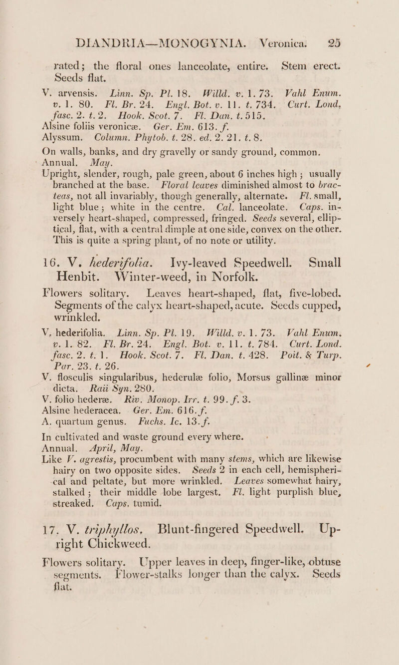 rated; the floral ones lanceolate, entire. Stem erect. Seeds flat. V. arvensis. Linn. Sp. Pl.18. Willd. v. 1.73. Vahl Enum. v. 1. 80. Fl. Br. 24. Iingt, Bot. o. Vl, 4. 734,- Curt, Lond, jase, 2.t.2. Hook. Scot. 7, * Fl: Dan. t/515, Alsine foliis veronice. Ger. Em. 613. f. Alyssum. Column. Phytob. t. 28. ed. 2.21. #.8. On walls, banks, and dry gravelly or sandy ground, common, ‘Annual, May. Upright, slender, rough, pale green, about 6 inches high ;_ usually branched at the base. Floral leaves diminished almost to brac- teas, not all invariably, though generally, alternate. Fl. small, light blue; white in the centre. Cal. lanceolate. Caps. in- versely heart-shaped, compressed, fringed. Seeds several, ellip- tical, flat, with a central dimple at one side, convex on the other. This is quite a spring plant, of no note or utility. 16. V. hederifolia. Ivy-leaved Speedwell. Small Henbit. Wainter-weed, in Norfolk. Flowers solitary. Leaves heart-shaped, flat, five-lobed. Segments of the calyx heart-shaped, acute. Seeds cupped, wrinkled. | | V. hederifolia. Linn. Sp. Pl.19. Willd. v. 1.73. Vahl Enum. Derlwo2. iF). br. 24:, buglt bot ©. 11. t 784, &lt;Curk; Lond. jase. 2. t.1.~° Hook. Scot. 7. Fl, Dan. t. 428. Pow. &amp; Dury. Par. 23. t. 26: V. flosculis singularibus, hederule folio, Morsus galline minor dicta. Raii Syn. 280. V. folio hedere. Riv. Monop. Irr. t. 99. f. 3. Alsine hederacea. Ger. Em. 616. /f. A. quartum genus. Fuchs. Ic. 13.f. In cultivated and waste ground every where. Annual. &lt;April, May. Like V. agrestis, procumbent with many stems, which are likewise hairy on two opposite sides. Seeds 2 in each cell, hemispheri- -cal and peltate, but more wrinkled. Leaves somewhat hairy, stalked ; their middle lobe largest. J. light purplish blue, streaked. Caps. tumid. 17. V. triphyllos. Blunt-fingered Speedwell. Up- right Chickweed. Flowers solitary. Upper leaves in deep, finger-like, obtuse segments. Flower-stalks longer than the calyx. Seeds flat.