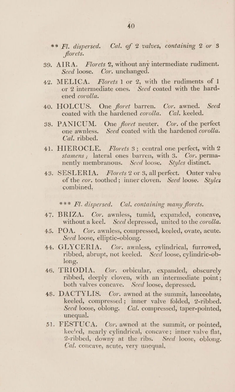 AO florets. AIRA. Florets 2, without any intermediate rudiment. Seed loose. Cor. unchanged. MELICA. Florets 1 or 2, with the rudiments of 1 or 2 intermediate ones, Seed coated with the hard- ened corolla. HOLCUS. One floret barren. Cor. awned. Seed coated with the hardened corolla. Cal. keeled. PANICUM. One floret neuter. Cor. of the perfect one awnless. Seed coated with the hardened corolla. Cal. ribbed. HIEROCLE. Filorets 3; central one perfect, with 2 stamens ; lateral ones barren, with 3. Cor. perma- nently membranous. Seed loose. Styles distinct. SESLERIA.. Florets 2 or 3, all perfect. Outer valve of the cor. toothed; inner cloven. Seed loose. Styles combined, *** Fl. dispersed. Cal. containing many florets. without a keel. Sced depressed, united to the corolla. POA. Cor. awnless, compressed, keeled, ovate, acute. Seed loose, elliptic-oblong. ribbed, abrupt, not keeled. Seed loose, cylindric-ob- long. TRIODIA. Cor. orbicular, expanded, obscurely ribbed, deeply cloven, with an intermediate point; both valves concave. Seed loose, depressed. DACTYLIS. Cor. awned at the summit, lanceolate, keeled, compressed; inner valve folded, 2-ribbed. Seed loose, oblong. Ca/. compressed, taper-pointed, unequal. FESTUCA. Cor. awned at the summit, or pointed, keeled, nearly cylindrical, concave; inner valve flat, 2-ribbed, downy at the ribs. Seed loose, oblong. Cal. concaye, acute, very unequal,