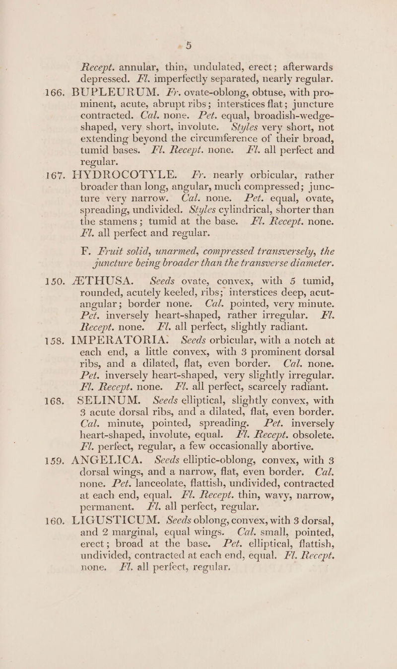 166 167 150 65 Recept. annular, thin, undulated, erect; afterwards depressed. #U. imperfectly separated, nearly regular. minent, acute, abrupt ribs; interstices flat; juncture contracted. Cal. none. Pet. equal, broadish-wedge- shaped, very short, involute. Styles very short, not extending beyond the circumference of their broad, tumid bases. J. Recept. none. £7. all perfect and regular. broader than long, angular, much compressed; junc- ture very narrow. Cal. none. Pet. equal, ovate, spreading, undivided. Styles cylindrical, shorter than the stamens; tumid at the base. /. Recept. none. £7]. all perfect and regular. F. Fruit solid, unarmed, compressed transversely, the juncture being broader than the transverse diameter. rounded, acutely keeled, ribs; interstices deep, acut- angular; border none. Cal. pointed, very minute. Pet. inversely heart-shaped, rather irregular. #7. Recept. none. 7. all perfect, slightly radiant. each end, a little convex, with 3 prominent dorsal ribs, and a dilated, flat, even border. Cal. none. Pet. inversely heart-shaped, very slightly irregular. Fl. Recept. none. 1. all perfect, scarcely radiant. SELINUM. Seeds elliptical, slightly convex, with 3 acute dorsal ribs, and a dilated, flat, even border. Cal. minute, pointed, spreading. Pet. inversely heart-shaped, involute, equal. 7. Recept. obsolete. Fl. perfect, regular, a few occasionally abortive. dorsal wings, and a narrow, flat, even border. Cail. none. Pet. lanceolate, flattish, undivided, contracted at each end, equal. £7. Fecept. thin, wavy, narrow, permanent. 1. all perfect, regular. and 2 marginal, equal wings. Cal. small, pointed, erect; broad at the base. Pet. elliptical, flattish, undivided, contracted at each end, equal. Fl. Reccpt. none. Fil, all perfect, regular.