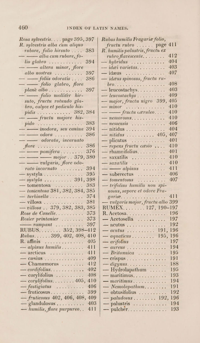 Rosa sylvestris... . page 395, 397 R. sylvestris alba cum aliquo rubore, folio hirsuto .... 383 — alba cum rubore, fo- bie *glabuers ...... 5 PPR 394 — altera minor, flore albermostr as. &lt;5 SEEPS 397 oe foliis odoratis . 386 — folio glabro, flore plane albo . 397 — folio’ molliter hir- suto, fructu rotundo gla- bro, calyce et pediculo his- oo 382, 384 — fructu. majore his- PMOL 9 gee GOO 383 — inodora, seu canina 394 —- OWED. 55 TM 386 — odorata, incarnato ORI MPF, MESES, 386 a ponwpera@ nos LP AT376 — —— major .. 37 9, 380 — vulgaris, flore odo- rato incarnato 394 vy Soylent. PPP TU ON 3995 SNS SHMNEs o56 oo oF 391, 398 — tomentosa .......... 383 — tonientosa 381, 382, 384, 385 — turbinella oo. ooo ee 374 = willesa.: 6H) eat SP 38] — villosa .. 379, 382, 383, 385 Rose de Canelle.... 02... 3738 Rosier printanier ........ 373 REMpARE 2. YOST 397 RUBUSS: P0543 352, 398-412 Rubusi. 2... 399, 402, 408, 410 ROG es eens re PN 405 — alpinus humilis........ 41] Biiaretious. «6 o's SEY ILI 4}] a CRSUIS YE Ae PPE, 409 — Chamemorus ........ 412 — cordifolius...........4+ 402 — corylifolius .......... 408 — corylifolius........ 405, 410 | — fastigiatus ....7..... 406 — fruticosus............ 399 — fruticosus 402, 406, 408, 409 — glandulosus.......... 403 — humilis, flore purpureo,. 411 Rubus humilis Fragari@ folio, ‘fructa rubro ...... page 411 R. humilis palustris, fructu ex rubro flavescente,....... 412 yarn. PO ae = 404 — id@i varietas.......... 403 Sie 407 — idcus spinosus, fructu ru- Pe te eee oe eee 408 — leucostachys.......... 403 — leucostachys.......... 409 — major, fructu nigro 399, 405 SeTTTOY Le oF sas ole et ee 410 — fructu ceruleo. . 410 SACTIOTORUS. ak ne so 410 —~ NESSENSIS’ “oe 406 EVATIOS fe ee eee ee 404 Te i 405, 407 &lt;eYplicatus -Se S ee 401 — repens fructu c@sio .... 410 -thpnamnnoliues Poa: 401 ao SARERMNS Cee ee a 410 PNSULAIINIS ee 410 — GUUS ne 411 — suberectus .......... 406 ~Sfomentosus’ APS, 407 — trifolius humilis non spi- nosus, sapore et odore Fra- Ei ST ame ag a 411 — vulgaris major, fructu albo 399 RUMEX. 3-0-0005... 127, 190-197 RR Avtio8a 0. Oe 196 — Acetosella .......... 197 SERCO Se ee ves nes 192 HO ALTIUSe Oe oS 191, 196 — aquaticus........ 195, 196 Me ATIFOWUS Fee ee ees 197 NMUFOUS | OP SO ae os 194 — Britannica .......... 195 AIS IR Ot eS ge a&gt; 19] ete 1 lc wea rage 188 — Hydrolapathum ...... 195 i MIATHHNUS. 6 666.6. oe 193 — maritimus............ 194 — Nemolapathum........ 191 — obtusifolius .......... 192 — paludosus........ 192, 196 — palustris ............ 194 — pulcher.............. 193