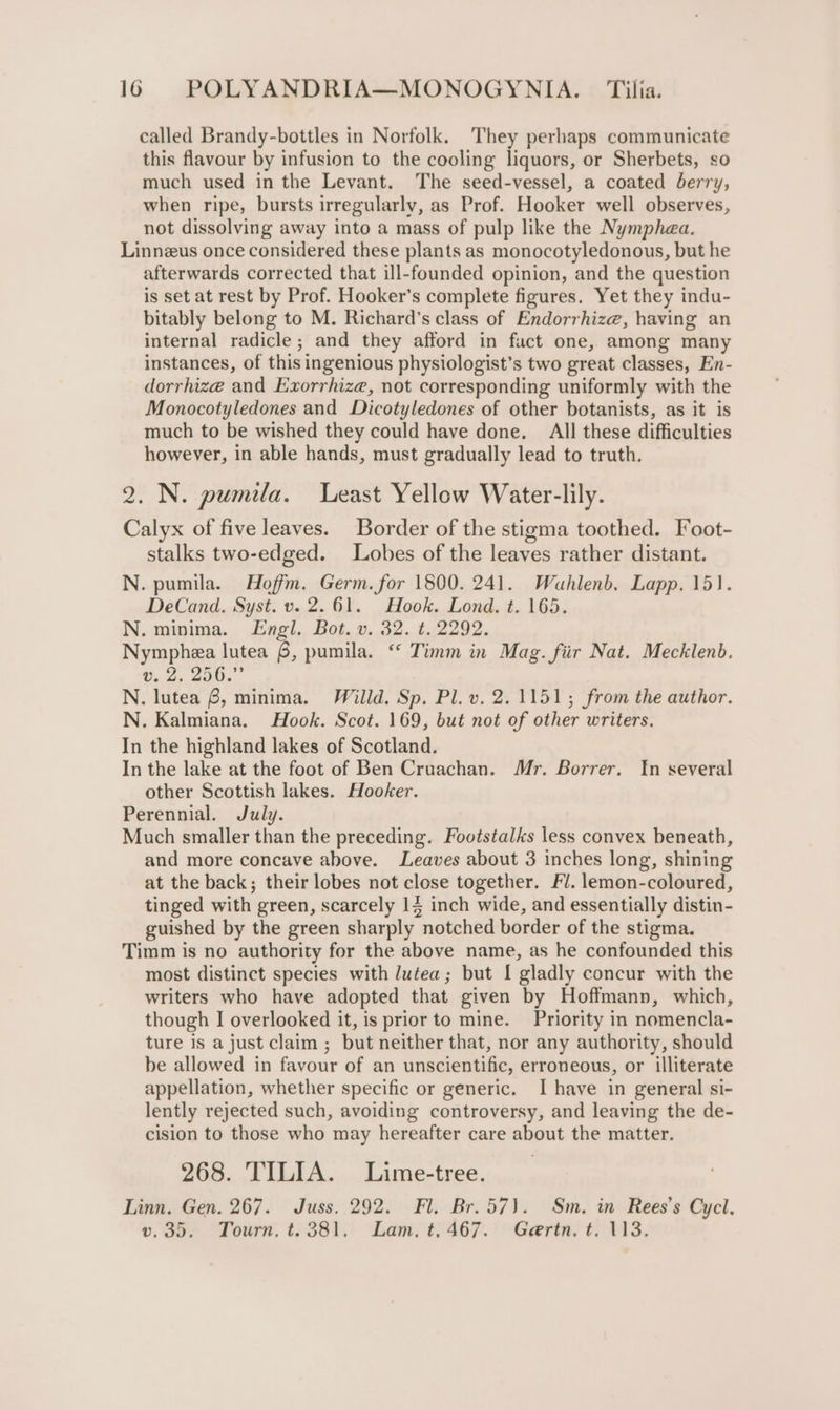 called Brandy-bottles in Norfolk. They perhaps communicate this flavour by infusion to the cooling liquors, or Sherbets, so much used in the Levant. The seed-vessel, a coated berry, when ripe, bursts irregularly, as Prof. Hooker well observes, not dissolving away into a mass of pulp like the Nymphaea. Linneus once considered these plants as monocotyledonous, but he afterwards corrected that ill-founded opinion, and the question is set at rest by Prof. Hooker’s complete figures. Yet they indu- bitably belong to M. Richard’s class of Endorrhize, having an internal radicle; and they afford in fuct one, among many instances, of this ingenious physiologist’s two great classes, En- dorrhizé and Exorrhize, not corresponding uniformly with the Monocotyledones and Dicotyledones of other botanists, as it is much to be wished they could have done. All these difficulties however, in able hands, must gradually lead to truth. 2. N. pumila. Least Yellow Water-lily. Calyx of five leaves. Border of the stigma toothed. Foot- stalks two-edged. Lobes of the leaves rather distant. N. pumila. Hoffm. Germ. for 1800. 241. Wauhlenb. Lapp. 151. DeCand. Syst. v. 2.61. Hook. Lond. t. 165. N. minima. Engl. Bot. v. 32. ¢t. 2292. Nymphea lutea 8, pumila. ‘ Timm in Mag. fiir Nat. Mecklenb. 0. 2. 256.” N. lutea 6, minima. Willd. Sp. Pl. v. 2.1151; from the author. N. Kalmiana. Hook. Scot. 169, but not of other writers. In the highland lakes of Scotland. In the lake at the foot of Ben Cruachan. Mr. Borrer. In several other Scottish lakes. Hooker. Perennial. July. Much smaller than the preceding. Footstalks less convex beneath, and more concave above. Leaves about 3 inches long, shining at the back; their lobes not close together. Fl. lemon-coloured, tinged with green, scarcely 14 inch wide, and essentially distin- guished by the green sharply notched border of the stigma. Timm is no authority for the above name, as he confounded this most distinct species with lutea; but I gladly concur with the writers who have adopted that given by Hoffmann, which, though I overlooked it, is prior to mine. Priority in nomencla- ture is a just claim ; but neither that, nor any authority, should be allowed in favour of an unscientific, erroneous, or illiterate appellation, whether specific or generic. I have in general si- lently rejected such, avoiding controversy, and leaving the de- cision to those who may hereafter care about the matter. 268. TILIA. Lime-tree. Linn. Gen. 267. Juss. 292. Fl. Br.57). Sm. in Rees’s Cycl. v. ooo “Tourn, 1381, Lam) t)467.' Gaertn. t. 143.
