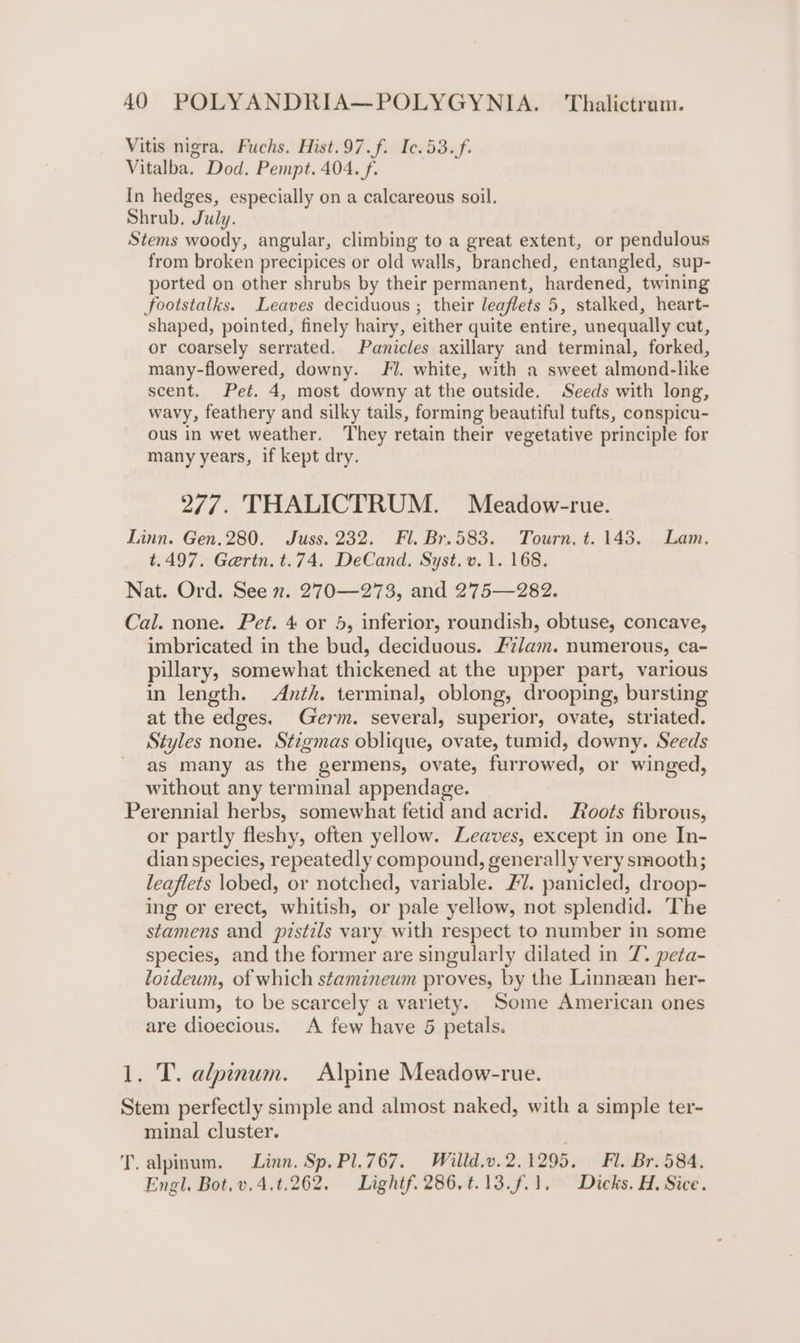 Vitis nigra. Fuchs. Hist.97.f. Ic.53.f. Vitalba. Dod. Pempt. 404. f. In hedges, especially on a calcareous soil. Shrub, July. Stems woody, angular, climbing to a great extent, or pendulous from broken precipices or old walls, branched, entangled, sup- ported on other shrubs by their permanent, hardened, twining footstalks. Leaves deciduous ; their leaflets 5, stalked, heart- shaped, pointed, finely hairy, either quite entire, unequally cut, or coarsely serrated. Panicles axillary and terminal, forked, many-flowered, downy. Jl. white, with a sweet almond-like scent. Pet. 4, most downy at the outside. Seeds with long, wavy, feathery and silky tails, forming beautiful tufts, conspicu- ous in wet weather. They retain their vegetative principle for many years, if kept dry. 277. THALICTRUM. Meadow-rue. Linn. Gen.280. Juss. 232. Fl. Br.583. Tourn. t. 143. Lam. t.497. Gertn. t.74. DeCand. Syst. v.1. 168. Nat. Ord. See x. 270—273, and 275—282. Cal. none. Pet. 4 or 5, inferior, roundish, obtuse, concave, imbricated in the bud, deciduous. J7/am. numerous, ca- pillary, somewhat thickened at the upper part, various in length. Anth. terminal, oblong, drooping, bursting at the edges. Germ. several, superior, ovate, striated. Styles none. Stigmas oblique, ovate, tumid, downy. Seeds as many as the germens, ovate, furrowed, or winged, without any terminal appendage. Perennial herbs, somewhat fetid and acrid. Roots fibrous, or partly fleshy, often yellow. Leaves, except in one In- dian species, repeatedly compound, generally very smooth; leaflets lobed, or notched, variable. £7. panicled, droop- ing or erect, whitish, or pale yellow, not splendid. ‘The stamens and pistils vary with respect to number in some species, and the former are singularly dilated in T. peta- loideum, of which stamineum proves, by the Linnean her- barium, to be scarcely a variety. ‘Some American ones are dioecious. &lt;A few have 5 petals. 1. T. alpinum. Alpine Meadow-rue. Stem perfectly simple and almost naked, with a simple ter- minal cluster. T. alpinum. Linn. Sp. P1767. Willd.v.2.1295. Fl. Br. 584, Engl. Bot.v,4.t.262. Lightf.286.t.13.f.1. Dicks. H. Sice.