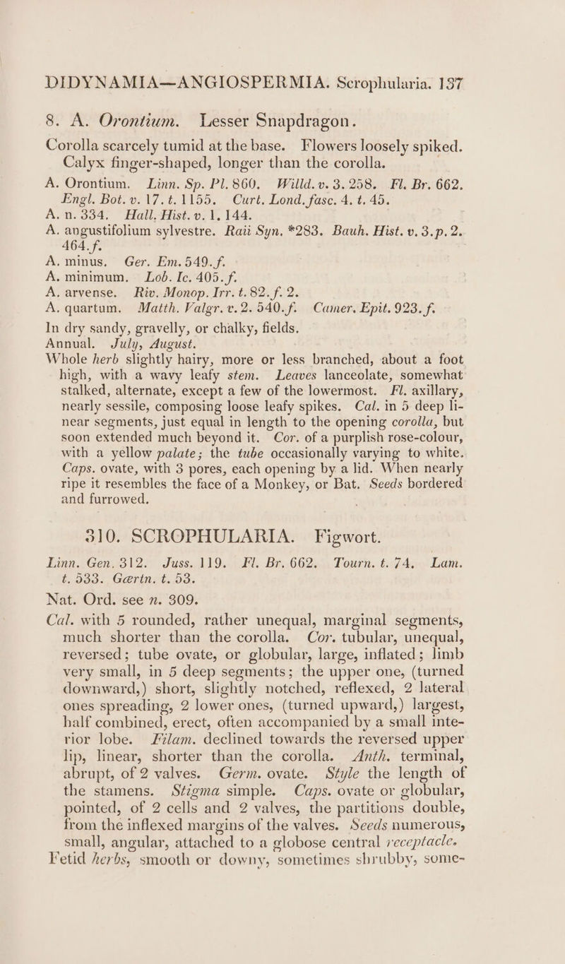 8. A. Orontium. Lesser Snapdragon. Corolla scarcely tumid at the base. Flowers loosely spiked. Calyx finger-shaped, longer than the corolla. A. Orontium. Linn. Sp. Pl. 860. Willd.v. 3.258. Fl. Br. 662. Engl. bot. '7.t. 1155. ° Curt. Lond. fase. 4; 1.45. A.n. 334. Hall, Hist. v. 1, 144. A. avgustifolium sylvestre. Raii Syn. *283. Bauh. Hist. v.3.p.2. AGA. f, A.minus. Ger. Em. 549. /f. A. minimum. Lod. Ic. 405. f. A. arvense. Riv. Monop. Irr. t.82.f. 2. A. quartum. Matth. Valgr.v.2.540.f. Camer, Epit. 923. f. In dry sandy, gravelly, or chalky, fields. Annual. July, August. Whole herb slightly hairy, more or less branched, about a foot high, with a wavy leafy stem. Leaves lanceolate, somewhat stalked, alternate, except a few of the lowermost. Fl. axillary, nearly sessile, composing loose leafy spikes. Cal. in 5 deep li- near segments, just equal in length to the opening corolla, but soon extended much beyond it. Cor. of a purplish rose-colour, with a yellow palate; the tube occasionally varying to white. Caps. ovate, with 3 pores, each opening by a lid. When nearly ripe it resembles the face of a Monkey, or Bat. Seeds bordered and furrowed. 310. SCROPHULARIA. — Figwort. Limn. Geni. 3120 Juss. 119.7). Br,.6620), Tourn: tif 44 Ton. t. bag. Gerinet. ba: Nat. Ord. see 2. 309. Cal. with 5 rounded, rather unequal, marginal segments, much shorter than the corolla. Cor. tubular, unequal, reversed; tube ovate, or globular, large, inflated; limb very small, in 5 deep segments; the upper one, (turned downward,) short, slightly notched, reflexed, 2 lateral ones spreading, 2 lower ones, (turned upward,) largest, half combined, erect, often accompanied by a small inte- rior lobe. Filam. declined towards the reversed upper lip, linear, shorter than the corolla. Anth. terminal, abrupt, of 2 valves. Germ. ovate. Style the length of the stamens. Stigma simple. Caps. ovate or globular, pointed, of 2 cells and 2 valves, the partitions double, from the inflexed margins of the valves. Seeds numerous, small, angular, attached to a globose central receptacle. Fetid Aerbs, smooth or downy, sometimes shrubby, some-