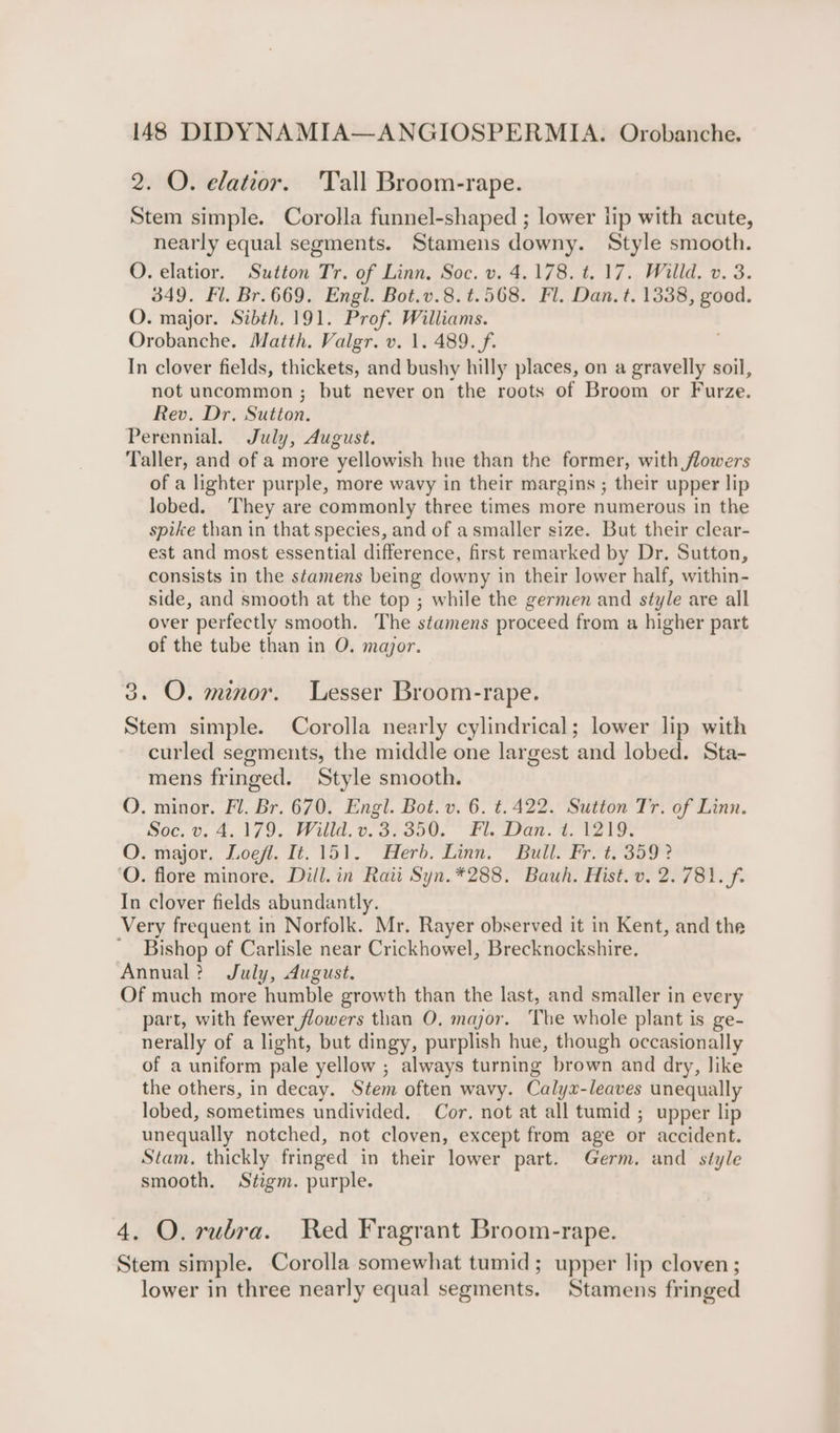 2. O. elatior. Tall Broom-rape. Stem simple. Corolla funnel-shaped ; lower lip with acute, nearly equal segments. Stamens downy. Style smooth. O. elatior. Sutton Tr. of Linn, Soc. v. 4.178. t. 17. Willd. v. 3. 349. Fl. Br.669. Engl. Bot.v.8.t.568. Fl. Dan. t. 1338, good. O. major. Sibth. 191. Prof. Williams. Orobanche. Matth. Valgr. v. 1. 489. f. In clover fields, thickets, and bushy hilly places, on a gravelly soil, not uncommon ; but never on the roots of Broom or Furze. Rev. Dr. Sutton. Perennial. July, August. Taller, and of a more yellowish hue than the former, with flowers of a lighter purple, more wavy in their margins ; their upper lip lobed. They are commonly three times more numerous in the spike than in that species, and of a smaller size. But their clear- est and most essential difference, first remarked by Dr. Sutton, consists in the stamens being downy in their lower half, within- side, and smooth at the top ; while the germen and style are all over perfectly smooth. The stamens proceed from a higher part of the tube than in O. major. 3. OQ. minor. Lesser Broom-rape. Stem simple. Corolla nearly cylindrical; lower lip with curled segments, the middle one largest and lobed. Sta- mens fringed. Style smooth. O. minor. Fl. Br. 670. Engl. Bot. v. 6. t.422. Sutton Tr. of Linn. Soc. v. 4.179. Willd. v. 3.350. Fl. Dan. 1. 1219. O. major. Loefl. It. 151. Herb. Linn, Bull. Fr. t. 359? ‘O. flore minore. Dill. in Raii Syn.*288. Bauh. Hist. v. 2.781. f. In clover fields abundantly. Very frequent in Norfolk. Mr. Rayer observed it in Kent, and the ~ Bishop of Carlisle near Crickhowel, Brecknockshire. Annual? July, August. Of much more humble growth than the last, and smaller in every part, with fewer flowers than O. major. ‘The whole plant is ge- nerally of a light, but dingy, purplish hue, though occasionally of a uniform pale yellow ; always turning brown and dry, like the others, in decay. Stem often wavy. Calyx-leaves unequally lobed, sometimes undivided. Cor, not at all tumid ; upper lip unequally notched, not cloven, except from age or accident. Stam. thickly fringed in their lower part. Germ. and style smooth. Stigm. purple. 4. O. rubra. Red Fragrant Broom-rape. Stem simple. Corolla somewhat tumid; upper lip cloven; lower in three nearly equal segments. Stamens fringed