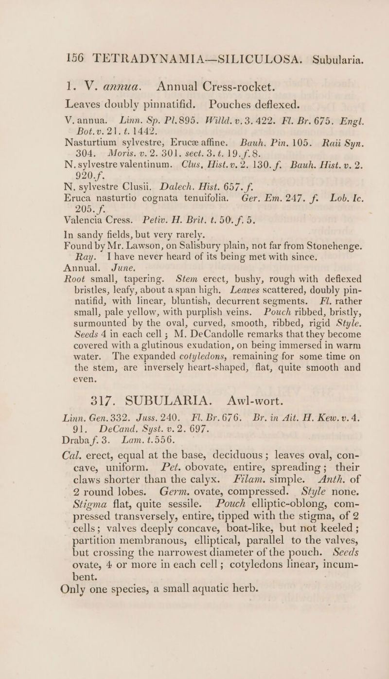 1. V. annua. Annual Cress-rocket. Leaves doubly pinnatifid. Pouches deflexed. V.annua. Linn. Sp. P1895. Willd. v.3.422. Fl. Br. 675. Engl. Bot.v. 21. t. 1442. Nasturtium sylvestre, Eruce affine. Bawh. Pin. 105. Raii Syn. 304. Moris. v. 2. 301. sect. 3.t.19.f.8. N.sylvestre valentinum. Clus, Hist.v. 2.130. f. Bauh. Hist. v. 2. 920.f. N. sylvestre Clusii. Dalech. Hist. 657. f. Eruca nasturtio cognata tenuifolia. Ger. Em. 247. f. Lob. Ic. 205. f. Valencia Cress. Petiv. H. Brit. t. 50. f. 5. In sandy fields, but very rarely. Found by Mr. Lawson, on Salisbury plain, not far from Stonehenge. Ray. Ihave never heard of its being met with since. Annual. June. Root small, tapering. Stem erect, bushy, rough with deflexed bristles, leafy, about aspan high. Leaves scattered, doubly pin- natifid, with linear, bluntish, decurrent segments. Fi. rather small, pale yellow, with purplish veins. Pouch ribbed, bristly, surmounted by the oval, curved, smooth, ribbed, rigid Style. Seeds 4 in each cell ; M. DeCandolle remarks that they become covered with a glutinous exudation, on being immersed in warm water. The expanded cotyledons, remaining for some time on the stem, are inversely heart-shaped, flat, quite smooth and even. 317. SUBULARIA. Awl-wort. Linn. Gen. 332. Juss. 240. Fl. Br.676. Br. in Ait. H. Kew. v. 4. 91. DeCand. Syst. v.2. 697. Draba f. 3. Lam. t.556. Cal. erect, equal at the base, deciduous; leaves oval, con- cave, uniform. Pet. obovate, entire, spreading; their claws shorter than the calyx. lam. simple. Anth. of 2 round lobes. Germ. ovate, compressed. Style none. Stigma flat, quite sessile. Pouch elliptic-oblong, com- pressed transversely, entire, tipped with the stigma, of 2 cells; valves deeply concave, boat-like, but not keeled ; partition membranous, elliptical, parallel to the valves, but crossing the narrowest diameter of the pouch. Seeds ovate, 4 or more in each cell; cotyledons linear, incum- bent. Only one species, a small aquatic herb.