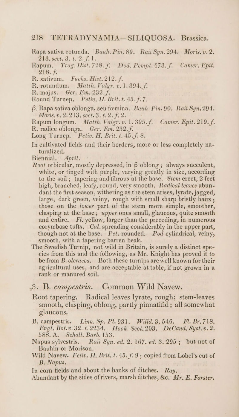 Rapa sativa rotunda. Bauh. Pin. 89. Raii Syn.294. Moris. v. 2. ero vseet. 3, t.°2. f.1. Rapum. Trag. Hist. 728. f. Dod. Pempt.673. f. Camer. Epit. 218. f. R. sativum. Fuchs. Hist. 212. f. R. rotundum. Matth. Valgr. v. 1.394. f. R. majus. Ger. Em. 232.f. Round Turnep. Petiv. H. Brit. t. 45. f.7. 8. Rapa sativa oblonga, seu foemina. Bauh. Pin. 90. Raii Syn. 294. Moris.v, 2.213. sect. 3. ¢.2. f. 2. Rapum longum. Matth. Valgr.v.1.395.f. Camer. Epit.219.f. R. radice oblonga. Ger. Em. 232. f. Long Turnep. Petiv. H. Brit. t.45.f. 8. In cultivated fields and their borders, more or less completely na- turalized. Biennial. April. Root orbicular, mostly depressed, in 6 oblong ; always succulent, white, or tinged with purple, varying greatly in size, according to the soil; tapering and fibrous at the base. Stem erect, 2 feet high, branched, leafy, round, very smooth. Radical leaves abun- dant the first season, withering as the stem arises, lyrate, jagged, large, dark green, veiny, rough with small sharp bristly hairs ; those on the lower part of the stem more simple, smoother, clasping at the base ; upper ones small, glaucous, quite smooth and entire. Fl. yellow, larger than the preceding, in numerous corymbose tufts. Cal. spreading considerably in the upper part, though not at the base. Pet. rounded. Pod cylindrical, veiny, smooth, with a tapering barren beak. The Swedish Turnip, not wild in Britain, is surely a distinct spe- cies from this and the following, as Mr. Knight has proved it to be from B. oleracea. Both these turnips are well known for their agricultural uses, and are acceptable at table, if not grown in a rank or manured soil. 8. B. campestris. Common Wild Navew. Root tapering. Radical leaves lyrate, rough; stem-leaves smooth, clasping, oblong, partly pinnatifid ; all somewhat glaucous. B. campestris. Linn. Sp. Pl. 931. Willd.3.546. Fl. Br.718. Engl. Bot.v.32. t.2234. Hook. Scot.203. DeCand, Syst. v. 2. 588. A. Scholl. Barb. 153. Napus sylvestris. Rati Syn, ed. 2. 167. ed. 3.295; but not of Bauhin or Morison. Wild Navew. Fetiv. H. Brit. t. 45. f.9 ; copied from Lobel’s cut of B. Napus. . In corn fields and about the banks of ditches. Ray. Abundant by the sides of rivers, marsh ditches, &amp;c, Mr. E. Forster.