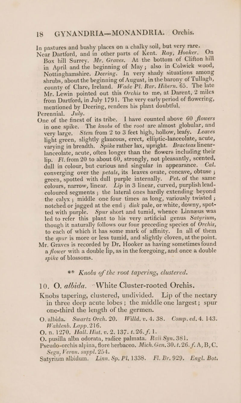 In pastures and bushy places on a chalky soil, but very rare. Near Dartford, and in other parts of Kent. Ray, Hooker. On Box hill Surrey. Mr. Graves. At the bottom of Clifton hill in April and the beginning of May; also in Colwick wood, Nottinghamshire. Deering. In very shady situations among shrubs, about the beginning of August, in the barony of Tullagh, county of Clare, Ireland. Wade Pl. Rar. Hibern. 65. The late Mr. Lewin pointed out this Orchis to me, at Darent, 2 miles from Dartford, in July 1791. The very early period of flowering, mentioned by Deering, renders his plant doubtful. Perennial, July. One of the finest of its tribe. I have counted above 60 flowers in one spike. The knobs of the root are almost globular, and very large, Stem from 2 to 3 feet high, hollow, leafy. Leaves light green, slightly glaucous, erect, elliptic-lanceolate, acute, varying in breadth. Spike rather lax, upright. Bracteas linear- lanceolate, acute, often longer than the flowers including their lip. Fl. from 20 to about 60, strongly, not pleasantly, scented, dull in colour, but curious and singular in appearance. Cal. converging over the petals, its leaves ovate, concave, obtuse ; green, spotted with dull purple internally. Pet. of the same colours, narrow, linear. Lip in 3 linear, curved, purplish lead- coloured segments ; the lateral ones hardly extending beyond the calyx ; middle one four times as long, variously twisted ; notched or jagged at the end; disk pale, or white, downy, spot- ted with purple. Spur short and tumid, whence Linneus was led to refer this plant to his very artificial genus Satyrium, though it naturally follows our four preceding species of Orchis, to each of which it has some mark of affinity. In all of them the spur is more or less tumid, and slightly cloven, at the point. Mr. Graves is recorded by Dr. Hooker as having sometimes found a flower with a double lip, as in the foregoing, and once a double spike of blossoms. ; ** Knobs of the root tapering, clustered. 10. O. albida. -White Cluster-rooted Orchis. Knobs tapering, clustered, undivided. Lip of the nectary in three deep acute lobes; the middle one largest; spur one-third the length of the germen. O.albida. Swartz Orch. 20. Willd. v. 4.38. Comp. ed. 4. 143. Wahlenb. Lapp.216. O. n. 1270. Hail. Hist, v. 2. 137. ¢.26.f. 1. O. pusilla alba odorata, radice palmata. Raii Syn. 381. Pseudo-orchis alpina, flore herbaceo. Mich. Gen, 30. t.26. f.A, B,C. Segu, Veron. suppl. 254. Satyrium albidum, Linn, Sp. Pl, 1338. Fl, Br, 929. Engl, Bot.