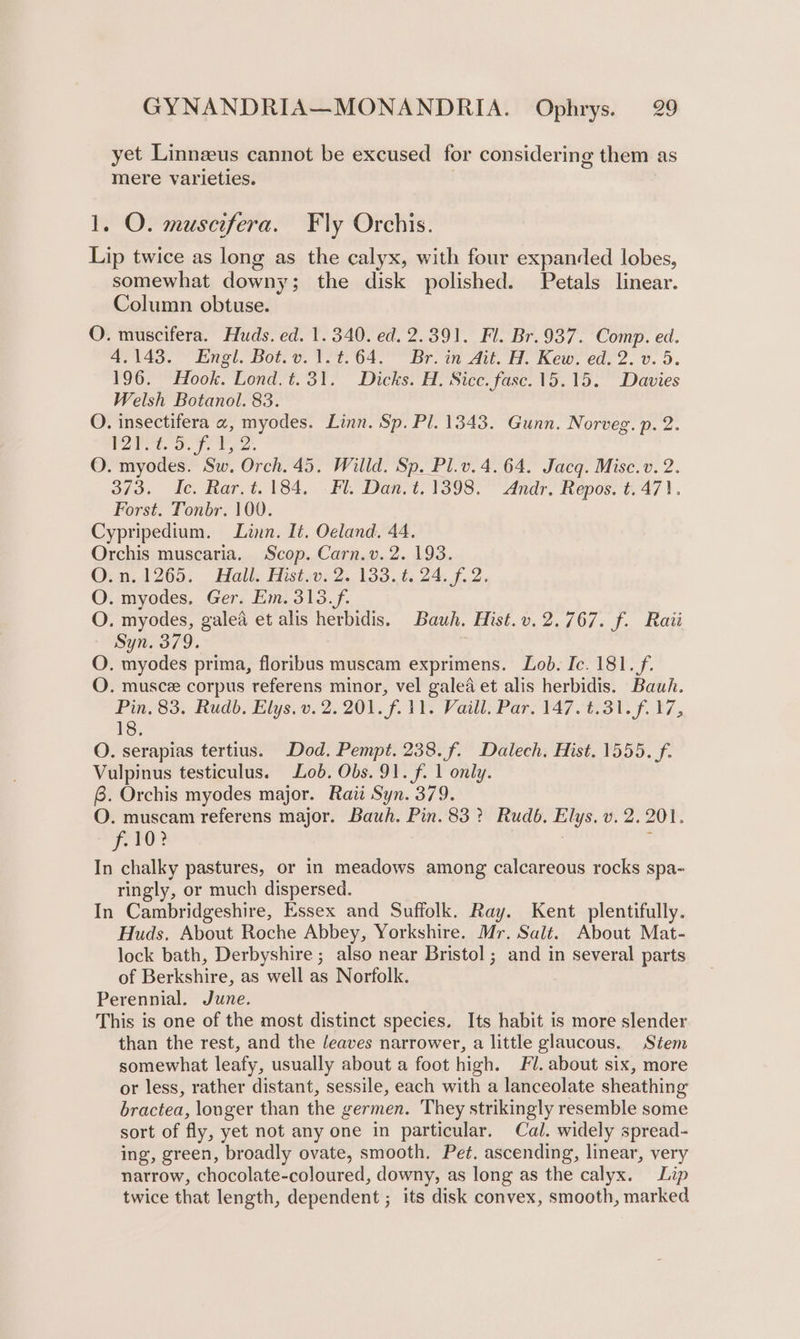 yet Linnzeus cannot be excused for considering them as mere varieties. . 1. O. muscifera. Fly Orchis. Lip twice as long as the calyx, with four expanded lobes, somewhat downy; the disk polished. Petals linear. Column obtuse. QO. muscifera. Huds. ed. 1.340. ed. 2.391. Fl. Br.937. Comp. ed. 4.143. Engl. Bot.v.1.t.64. Br. in Ait. H. Kew. ed. 2. v. 5. 196. Hook. Lond.t.31. Dicks. H. Sicc. fasc. 15.15. Davies Welsh Botanol. 83. O. insectifera «, myodes. Linn. Sp. Pl. 1343. Gunn. Norveg. p. 2. 12S. PY, O. myodes. Sw. Orch. 45. Willd. Sp. Pl.v.4.64. Jacq. Misc. v. 2. 373. Ic. Rar.t. 184, Fl. Dan. t. 1398. Andr. Repos. t. 471. Forst. Tonbr. 100. Cypripedium. Linn. It. Oeland, 44. Orchis muscaria, Scop. Carn.v. 2. 193. O.0.1265. Hall: Histav: 2.133.024. 7.2. O. myodes, Ger. Em. 313.f. O. myodes, galea et alis herbidis. Bauh. Hist. v. 2.767. f. Raii Syn. 379. O. myodes prima, floribus muscam exprimens. Lob. Ic. 181./f. O. muscz corpus referens minor, vel galed et alis herbidis. Bauh. Pin, 83. Rudd. Elys. v. 2.201. f. it. Vailt: Par. 147 0t. 31. f. 17, 18: O. serapias tertius. Dod. Pempt. 238. f. Dalech. Hist. 1555. f. Vulpinus testiculus. Lob. Obs. 91. f. 1 only. 8. Orchis myodes major. Raii Syn. 379. O. muscam referens major. Bauh. Pin. 83? Rudb, Elys. v. 2.201. f-10? F In chalky pastures, or in meadows among calcareous rocks spa- ringly, or much dispersed. In Cambridgeshire, Essex and Suffolk. Ray. Kent plentifully. Huds. About Roche Abbey, Yorkshire. Mr. Salt. About Mat- lock bath, Derbyshire ; also near Bristol ; and in several parts of Berkshire, as well as Norfolk. Perennial. June. This is one of the most distinct species. Its habit is more slender than the rest, and the leaves narrower, a little glaucous. Stem somewhat leafy, usually about a foot high. Fl. about six, more or less, rather distant, sessile, each with a lanceolate sheathing bractea, longer than the germen. They strikingly resemble some sort of fly, yet not any one in particular. Cal. widely spread- ing, green, broadly ovate, smooth. Pet. ascending, linear, very narrow, chocolate-coloured, downy, as long as the calyx. Lip twice that length, dependent ; its disk convex, smooth, marked