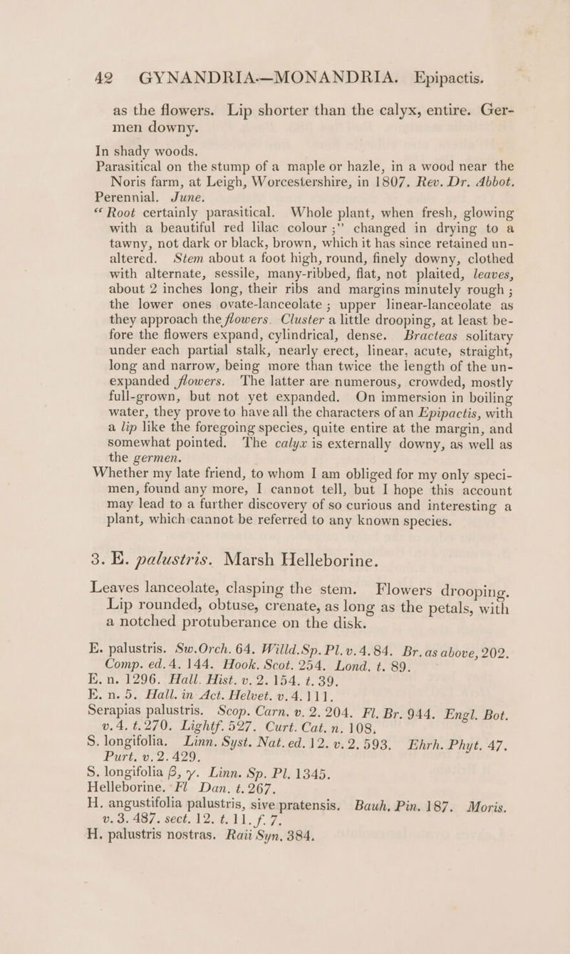 as the flowers. Lip shorter than the calyx, entire. Ger- men downy. In shady woods. Parasitical on the stump of a maple or hazle, in a wood near the Noris farm, at Leigh, Worcestershire, in 1807. Rev. Dr. Abbot. Perennial. June. “Root certainly parasitical. Whole plant, when fresh, glowing with a beautiful red lilac colour ;” changed in drying to a tawny, not dark or black, brown, which it has since retained un- altered. Stem about a foot high, round, finely downy, clothed with alternate, sessile, many-ribbed, flat, not plaited, leaves, about 2 inches long, their ribs and margins minutely rough ; the lower ones ovate-lanceolate ; upper linear-lanceolate as they approach the flowers. Cluster a little drooping, at least be- fore the flowers expand, cylindrical, dense. Bracteas solitary under each partial stalk, nearly erect, linear, acute, straight, long and narrow, being more than twice the length of the un- expanded flowers. The latter are numerous, crowded, mostly full-grown, but not yet expanded. On immersion in boiling water, they prove to have all the characters of an Epipactis, with a lip like the foregoing species, quite entire at the margin, and somewhat pointed. The calyx is externally downy, as well as the germen. Whether my late friend, to whom I am obliged for my only speci- men, found any more, I cannot tell, but I hope this account may lead to a further discovery of so curious and interesting a plant, which cannot be referred to any known species. 3. E. palustris. Marsh Helleborine. Leaves lanceolate, clasping the stem. Flowers drooping. Lip rounded, obtuse, crenate, as long as the petals, with a notched protuberance on the disk. E. palustris. Sw.Orch. 64. Willd.Sp. Pl. v.4.84. Br.as above, 202. Comp. ed.4. 144. Hook. Scot. 254. Lond. t. 89. Bn. 1296: au, waist 0,2. a4. 7 8, E.n. 5. Hall. in Act. Helvet. v.4.111. Serapias palustris. Scop. Carn. v. 2.204. Fl. Br. 944. Engl. Bot. v.4, t.270. Lightf.527. Curt. Cat. n. 108, S. longifolia. Linn. Syst. Nat. ed. 12. v.2.593. Ehrh. Phyt. 47. Purt. v. 2.429, S. longifolia B, y. Linn. Sp. Pl. 1345. Helleborine. Fl Dan. t. 267. H. angustifolia palustris, sive pratensis. Bauh. Pin. 187. Moris. Gag aed. seer, L2EAl, f 7, H. palustris nostras. Raii Syn. 384.