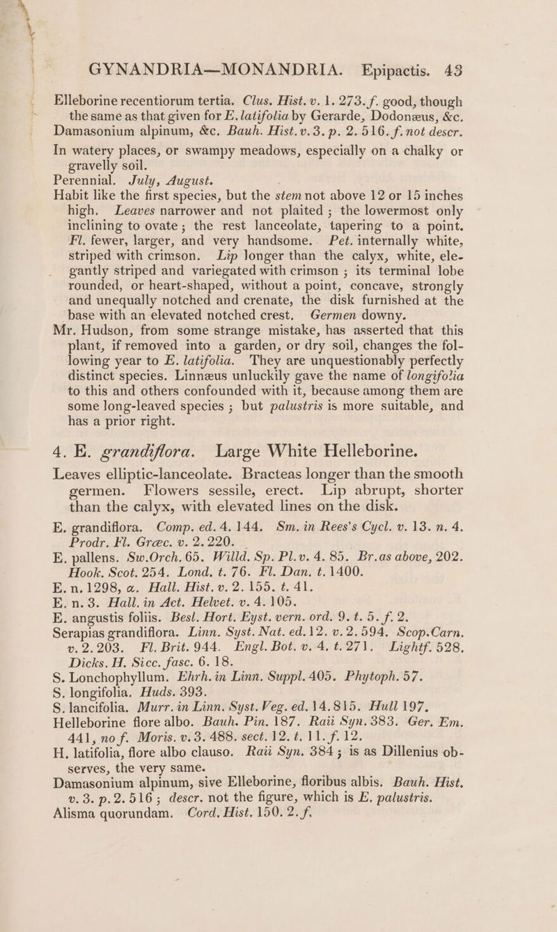 Elleborine recentiorum tertia. Clus. Hist. v. 1. 273. f. good, though the same as that given for E, latifolia by Gerarde, Dodonzus, &amp;c. Damasonium alpinum, &amp;c. Bauh. Hist.v.3.p. 2.516. f. not descr. In watery places, or swampy meadows, especially on a chalky or gravelly soil. Perennial. July, August. Habit like the first species, but the stem not above 12 or 15 inches high, Leaves narrower and not plaited ; the lowermost only inclining to ovate; the rest lanceolate, tapering to a point. Fl. fewer, larger, and very handsome.. Pet. internally white, striped with crimson. Lip longer than the calyx, white, ele- gantly striped and variegated with crimson ; its terminal lobe rounded, or heart-shaped, without a point, concave, strongly and unequally notched and crenate, the disk furnished at the base with an elevated notched crest. Germen downy. Mr. Hudson, from some strange mistake, has asserted that this plant, if removed into a garden, or dry soil, changes the fol- lowing year to E. latifolia. They are unquestionably perfectly distinct species. Linneus unluckily gave the name of longifolia to this and others confounded with it, because among them are some long-leaved species ; but palustris is more suitable, and has a prior right. 4. EB. grandiflora. Large White Helleborine. Leaves elliptic-lanceolate. Bracteas longer than the smooth germen. Flowers sessile, erect. Lip abrupt, shorter than the calyx, with elevated lines on the disk. E. grandiflora. Comp. ed.4.144. Sm. in Rees’s Cycl. v. 13. n. 4. Prodr. Fl. Grec. v. 2.220. - E. pallens. Sw.Orch.65. Willd. Sp. Pl.v. 4.85. Br.as above, 202. Hook. Scot. 254. Lond, t. 76. Fl. Dan. t. 1400. E. n, 2298; a.7 Fall. Hist.» 2.259 21041, E.n.3. Hall. in Act. Helvet. v. 4.105. E. angustis foliis. Besl. Hort. Eyst. vern. ord. 9.t. 5. f. 2. Serapias grandiflora. Linn. Syst. Nat. ed.12.v.2.594. Scop.Carn. v.2.203. Fl. Brit. 944. Engl. Bot. v. 4.t.271. Lightf. 528. Dicks. H. Sicc. fasc. 6. 18. S. Lonchophyllum. Ehrh. in Linn. Suppl. 405. Phytoph. 57. S. longifolia. Huds. 393. S. lancifolia. Murr. in Linn. Syst. Veg. ed. 14.815. Hull 197, Helleborine flore albo. Bauh. Pin. 187. Raii Syn. 383. Ger. Em. 441, no f. Moris. v.3. 488. sect. 12.¢. 11. f. 12. H, latifolia, flore albo clauso. Rati Syn. 384; is as Dillenius ob- serves, the very same. Damasonium alpinum, sive Elleborine, floribus albis. Bauh. Hist. v.3. p.2.516; descr. not the figure, which is E, palustris. Alisma quorundam. Cord. Hist. 150. 2.f.