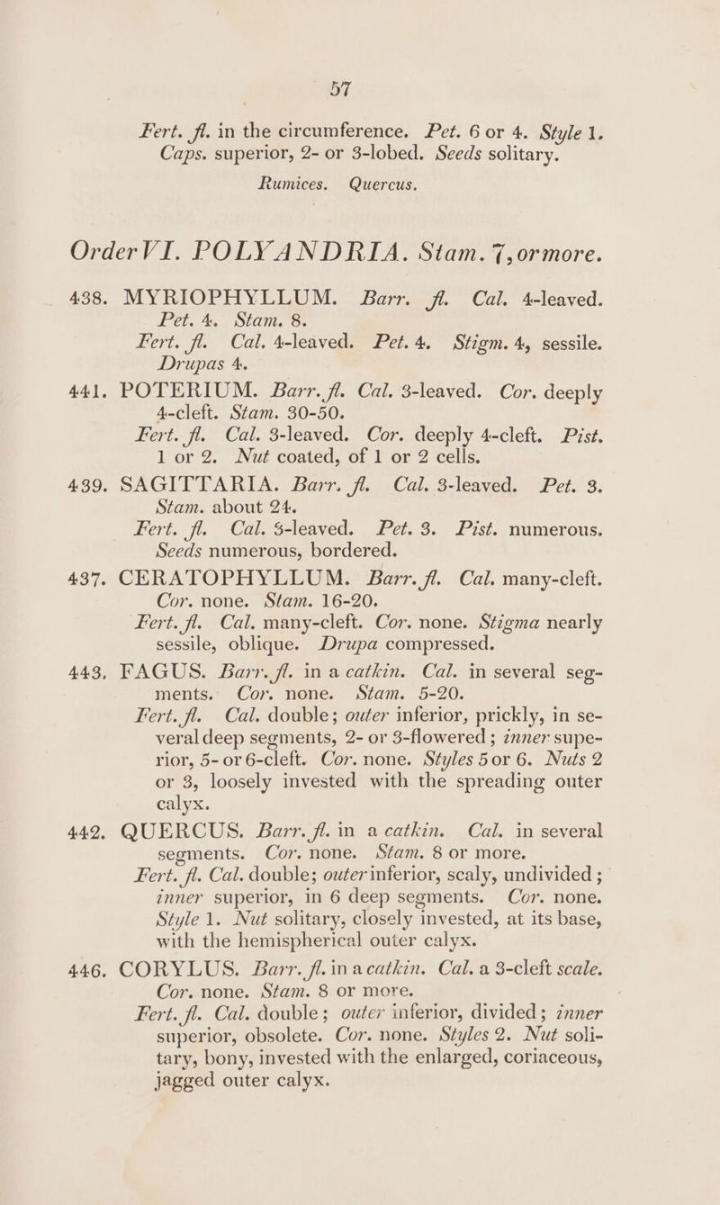 ot Fert. fi. in the circumference. Pet. 6 or 4. Style 1. Caps. superior, 2- or 3-lobed. Seeds solitary. Rumices. Quercus. MYRIOPHYLLUM. Barr. fl. Cal. 4-leaved. Pet. 4, Stam. 8. Fert. fl. Cal. 4-leaved. Pet. 4. Stigm. 4, sessile. Drupas 4. POTERIUM. Barr. fl. Cal. 3-leaved. Cor. deeply 4-cleft. Stam. 30-50. Fert. fl. Cal. 3-leaved. Cor. deeply 4-cleft. Pist. 1 or 2. Nut coated, of 1 or 2 cells. SAGITTARIA. Barr. fl. Cal. 3-leaved. Pet. 3. Stam. about 24. ert. fl. Cal. Gleaved, . Per. 3. Pist. numerous. Seeds numerous, bordered. CERATOPHYLLUM. Barr. fl. Cal. many-cleft. Cor. none. Stam. 16-20. Fert. fl. Cal. many-cleft. Cor. none. Stigma nearly sessile, oblique. Drupa compressed. FAGUS. Barr. fl. in a catkin. Cal. in several seg- ments. Cor. none. Stam. 5-20. Fert. fl. Cal. double; outer inferior, prickly, in se- veral deep segments, 2- or 3-flowered ; zmner supe- rior, 5- or 6-cleft. Cor. none. Styles 5or 6. Nuts 2 or 3, loosely invested with the spreading outer calyx. QUERCUS. Barr. fl. in acatkin. Cal. in several segments. Cor. none. Stam. 8 or more. Fert. fl. Cal. double; outer inferior, scaly, undivided ; inner superior, in 6 deep segments. Cor. none. Style 1. Nut solitary, closely invested, at its base, with the hemispherical outer calyx. CORYLUS. Barr. fl.inacatkin. Cal. a 3-cleft scale. Cor. none. Stam. 8 or more. Fert. fl. Cal. double; outer inferior, divided; znner superior, obsolete. Cor. none. Styles 2. Nut soli- tary, bony, invested with the enlarged, coriaceous, jagged outer calyx.