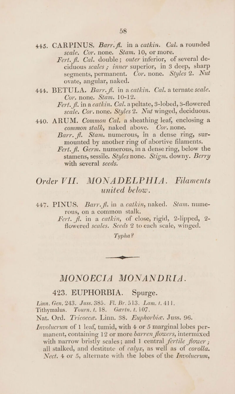 445, CARPINUS, Barr. fl. in a catkin. Cal. a rounded scale. Cor. none. Stam. 10, or more. Fert. fi. Cal. double; outer inferior, of several de- ciduous scales ; inner superior, in 3 deep, sharp segments, permanent. Cor. none. Styles 2. Nut ovate, angular, naked. 444, BETULA. Barr. fl. in acatkin. Cal. a ternate scale. Cor. none. Stam. 10-12. Fert. fl. in acatkin. Cal. apeltate, 3-lobed, 3-flowered scale. Cor. none. Styles 2. Nut winged, deciduous. 440. ARUM. Common Cal. a sheathing leaf, enclosing a common stalk, naked above. Cor. none. Barr. fl. Stam. numerous, in a dense ring, sur- mounted by another ring of abortive filaments. Fert. fl. Germ. numerous, ina dense ring, below the stamens, sessile. Stylesnone. Stigm. downy. Berry with several seeds. Order VII. MONADELPHIA. Filaments united below. 447, PINUS. Barr. fl. in a catkin, naked. Stam. nume- rous, on a common stalk. Fert. fl. in a catkin, of close, rigid, 2-lipped, 2- flowered scales. Seeds 2 to each scale, winged. Typha? Se MONOECIA MONANDRIA. 423. EUPHORBIA. Spurge. Linn. Gen. 243. Juss. 385. Fl. Br.513. Lam. t. 411. Tithymalus. Tourn, t.18. Gertn. t. 107. Nat. Ord. Tricocca. Linn. 38. Euphorbia. Juss. 96. Involucrum of 1 leaf, tumid, with 4 or 5 marginal lobes per- manent, containing 12 or more barren flowers, intermixed with narrow bristly scales; and 1 central fertile flower ; all stalked, and destitute of calyx, as well as of corolla. Nect. 4 or 5, alternate with the lobes of the Involucrum,