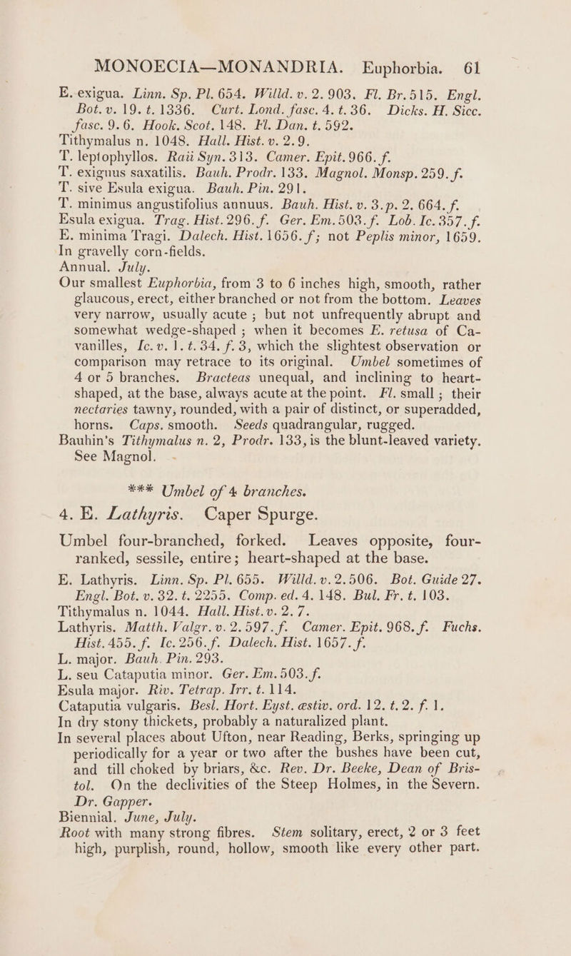 E. exigua. Linn. Sp. Pl. 654. Willd. v. 2.903. Fl. Br.515. Engl. Bot. v. 19. ¢. 1336. Curt. Lond. fase. 4. t.36. Dicks. H. Sicc. fasc. 9.6. Hook. Scot. 148. Fl. Dan. t. 592. Tithymalus n. 1048. Hall. Hist. v. 2.9. T. leptophyllos. Rait Syn. 313. Camer. Epit.966. f. T. exiguus saxatilis. Bauh. Prodr. 133. Magnol. Monsp. 259. f. T. sive Esula exigua. Bauh. Pin. 291. T. minimus angustifolius annuus. Bauh. Hist. v. 3.p. 2. 664. f. Esula exigua. Trag. Hist.296. f. Ger. Em.503.f. Lob. Ic. 357. f. E. minima Tragi. Dalech. Hist.1656. f; not Peplis minor, 1659. In gravelly corn-fields. Annual. July. Our smallest Euphorbia, from 3 to 6 inches high, smooth, rather glaucous, erect, either branched or not from the bottom. Leaves very narrow, usually acute ; but not unfrequently abrupt and somewhat wedge-shaped ; when it becomes E. retusa of Ca- vanilles, [c.v. 1. ¢.34. f.3, which the slightest observation or comparison may retrace to its original. Umbel sometimes of 4 or 5 branches. Bracteas unequal, and inclining to heart- shaped, at the base, always acute at the point. Fl. small ; their nectaries tawny, rounded, with a pair of distinct, or superadded, horns. Caps. smooth. Seeds quadrangular, rugged. Bauhin’s Tithymalus n. 2, Prodr. 133, is the blunt-leaved variety. See Magnol. *** Umbel of &amp; branches. 4. KE. Lathyris. Caper Spurge. Umbel four-branched, forked. Leaves opposite, four- ranked, sessile, entire; heart-shaped at the base. E. Lathyris. Linn. Sp. Pl. 655. Willd.v.2.506. Bot. Guide 27. Engl. Bot. v. 32. t. 2255. Comp. ed. 4. 148. Bul. Fr. t, 103. Tithymalus n. 1044. Hall. Hist.v. 2.7. Lathyris. Matth. Valgr.v.2.597.f. Camer. Epit. 968. f. Fuchs. Hist.455. f. [c.256.f. Dalech. Hist. 1657. f. L. major. Bauh, Pin. 293. L. seu Cataputia minor. Ger. Em.503.f,. Esula major. Riv. Tetrap. Irr. t. 114. Cataputia vulgaris. Besl. Hort. Eyst. esti. ord. 12. t.2. f. 1. In dry stony thickets, probably a naturalized plant. In several places about Ufton, near Reading, Berks, springing up periodically for a year or two after the bushes have been cut, and till choked by briars, &amp;c. Rev. Dr. Beeke, Dean of Bris- tol. On the declivities of the Steep Holmes, in the Severn. Dr. Gapper. Biennial. June, July. Root with many strong fibres. Stem solitary, erect, 2 or 3 feet high, purplish, round, hollow, smooth like every other part.