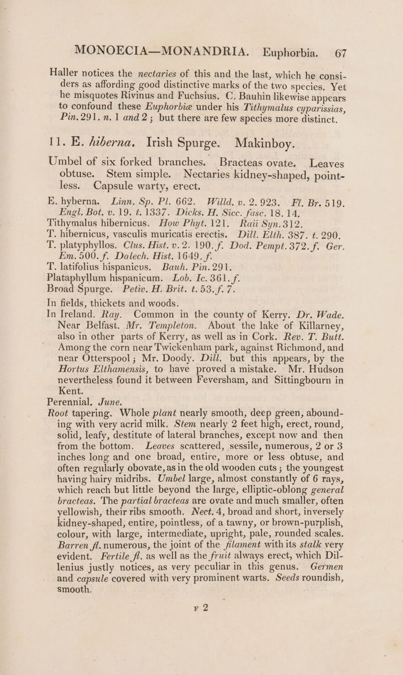 Haller notices the nectaries of this and the last, which he consi- ders as affording good distinctive marks of the two species. Yet he misquotes Rivinus and Fuchsius. C. Bauhin likewise appears to confound these Euphorbie under his Tithymalus cyparissias, Pin. 291.n.1 and 2; but there are few species more distinct. 11. KE. heberna, Irish Spurge. Makinboy. Umbel of six forked branches. Bracteas ovate. Leaves obtuse. Stem simple. Nectaries kidney-shaped, point- less. Capsule warty, erect. E. hyberna. Linn. Sp. Pl. 662. Willd. v. 2.923. Fl. Br. 519. Engl, Bot. v. 19. t. 1337. Dicks. H. Sicc. fase. 18.14, Tithymalus hibernicus. How Phyt. 121. Raii Syn.312. T. hibernicus, vasculis muricatis erectis. Dull. Elth. 387. ¢. 290. T. platyphyllos. Clus. Hist. v.2. 190. f. Dod. Pempt. 372. f. Ger. Em. 500. f. Dalech. Hist. 1649. f. T. latifolius hispanicus. Bawh. Pin. 291. Plataphyllum hispanicum. Lob. Ic. 361. f. Broad Spurge. Petiv. H. Brit. t. 53. f. 7. In fields, thickets and woods. In Ireland. Ray. Common in the county of Kerry. Dr. Wade. Near Belfast. Mr. Templeton. About the lake of Killarney, also in other parts of Kerry, as well as in Cork. Rev. T. Butt. Among the corn near Twickenham park, against Richmond, and near Otterspool; Mr. Doody. Dill. but this appears, by the Hortus Elthamensis, to have proved a mistake. Mr. Hudson nevertheless found it between Feversham, and Sittingbourn in Kent. Perennial. June. Root tapering. Whole plant nearly smooth, deep green, abound- ing with very acrid milk. Stem nearly 2 feet high, erect, round, solid, leafy, destitute of lateral branches, except now and then from the bottom. Leaves scattered, sessile, numerous, 2 or 3 inches long and one broad, entire, more or less obtuse, and often regularly obovate, asin the old wooden cuts ; the youngest having hairy midribs. Umbel large, almost constantly of 6 rays, which reach but little beyond the large, elliptic-oblong general bracteas. The partial bracteas are ovate and much smaller, often yellowish, their ribs smooth. Nect. 4, broad and short, inversely kidney-shaped, entire, pointless, of a tawny, or brown-purplish, colour, with large, intermediate, upright, pale, rounded scales. Barren fl. numerous, the joint of the filament with its stalk very evident. Fertile fl. as well as the fruit always erect, which Dil- lenius justly notices, as very peculiar in this genus. Germen and capsule covered with very prominent warts. Seeds roundish, smooth. Fr 2