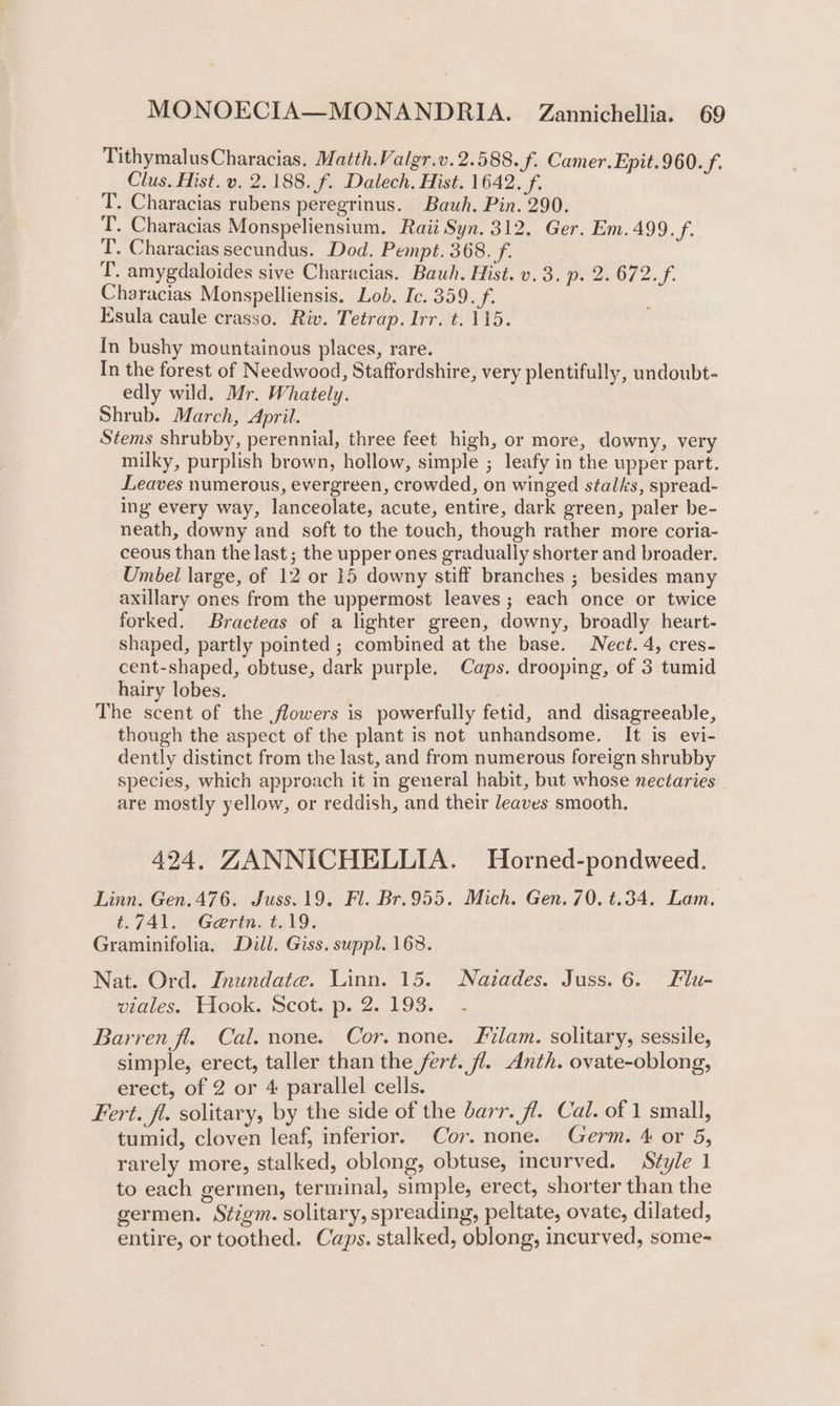 TithymalusCharacias. Matth.Valgr.v. 2.588. f. Camer. Epit.960. f. Clus. Hist. v. 2.188. f. Dalech. Hist. 1642. f. T. Characias rubens peregrinus. Bauh. Pin. 290. T. Characias Monspeliensium. Raii Syn. 312. Ger. Em. 499. f. T. Characias secundus. Dod. Pempt. 368. f. T. amygdaloides sive Characias. Bauh. Hist. v. 3. p. 2. 672. f. Characias Monspelliensis. Lob. Ic. 359. f. Ksula caule crasso. Riv. Tetrap. Irr. t. 115. In bushy mountainous places, rare. In the forest of Needwood, Staffordshire, very plentifully, undoubt- edly wild. Mr. Whately. Shrub. March, April. Stems shrubby, perennial, three feet high, or more, downy, very milky, purplish brown, hollow, simple ; leafy in the upper part. Leaves numerous, evergreen, crowded, on winged stalks, spread- ing every way, lanceolate, acute, entire, dark green, paler be- neath, downy and soft to the touch, though rather more coria- ceous than the last ; the upper ones gradually shorter and broader. Umbel large, of 12 or 15 downy stiff branches ; besides many axillary ones from the uppermost leaves ; each once or twice forked. Bracteas of a lighter green, downy, broadly heart- shaped, partly pointed ; combined at the base. Nect. 4, cres- cent-shaped, obtuse, dark purple. Caps. drooping, of 3 tumid hairy lobes. The scent of the flowers is powerfully fetid, and disagreeable, though the aspect of the plant is not unhandsome. It is evi- dently distinct from the last, and from numerous foreign shrubby species, which approach it in general habit, but whose nectaries are mostly yellow, or reddish, and their leaves smooth. 424. ZANNICHELLIA. Horned-pondweed. Linn. Gen. 476. Juss. 19. Fl. Br.955. Mich. Gen. 70. t.34. Lam. t.741. Gertn. t.19. Graminifolia. Dill. Giss. suppl. 168. Nat. Ord. Inundate. Linn. 15. Naiades. Juss. 6. Flu- wiales. Hook. Scot. p. 2. 193. Barren fl. Cal. none. Cor. none. Flam. solitary, sessile, simple, erect, taller than the fert. fl. Anth. ovate-oblong, erect, of 2 or 4 parallel cells. Fert. fl. solitary, by the side of the barr. fl. Cal. of 1 small, tumid, cloven leaf, inferior. Cor. none. Germ. 4 or 5, rarely more, stalked, oblong, obtuse, incurved. Style 1 to each germen, terminal, simple, erect, shorter than the germen. Stigm. solitary, spreading, peltate, ovate, dilated, entire, or toothed. Caps. stalked, oblong, incurved, some-