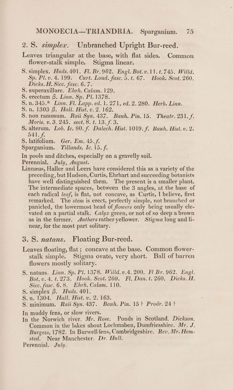 2.5. simplex. Unbranched Upright Bur-reed. Leaves triangular at the base, with flat sides. Common flower-stalk simple. Stigma linear. S. simplex. Huds.401. Fl. Br.962. Engl. Bot.v.11.t.745. Willd. Sp. Pl. v. 4.199. ‘Cart. Lond. fase, 5.'t.'67. Hook. Scot; 260. Dicks. H. Sicc. fase. 6.7. S. superaxillare. Ehrh. Calam. 129. S. erectum 6. Linn. Sp. Pl. 1378. S.n.345.* Linn. Fl. Lapp. ed. 1. 271, ed. 2.280. Herb. Linn. DO. NeplaOoubeed tah list. 0.2, LOZ: S.non ramosum. Raii Syn. 437. Bauh. Pin. 15. Theatr. 231. f. Moris. v. 3.245. sect. 8. t. 13. f. 3. S. alterum. Lob. Ic. 80. f. Dalech. Hist. 1019. f. Bauh. Hist. v. 2. O41. f. S. ace, Ger, Em. 45.f. Sparganium. Tillands. Ic. 15. f. In pools and ditches, especially on a gravelly soil. Perennial. July, August. Linneus, Haller and Leers have considered this as a variety of the preceding, but Hudson, Curtis, Ehrhart and succeeding botanists have well distinguished them. The present is a smaller plant. The intermediate spaces, between the 3 angles, at the base of each radical leaf, is flat, not concave, as Curtis, I believe, first remarked. ‘The stem is erect, perfectly simple, not branched or panicled, the lowermost head of flowers only being usually ele- vated on a partial stalk. Calyx green, or not of so deep a brown as in the former. Anthers rather yellower. Stigma long and li- near, for the most part solitary. 3.8. natans. Floating Bur-reed. Leaves floating, flat; concave at the base. Common flower- stalk simple. Stigma ovate, very short. Ball of barren flowers mostly solitary. S. natans. Linn. Sp. Pl. 1378. Willd.v.4. 200. Fl Br. 962. Engl. Bot. v. 4. t. 273. Hook. Scot. 26U. Fl. Dan, t. 260. Dicks. H. Sicc. fasc. 6.8. Ehrh. Calam. 110. S. simplex 6. Huds. 401. S.n. 1304. Hall. Hist. v. 2. 163. S. minimum. Raii Syn.437. Bauh. Pin. 15? Prodr, 24 ? In muddy fens, or slow rivers. In the Norwich river. Mr. Rose. Ponds in Scotland. Dickson. Common in the lakes about Lochmaben, Dumfriesshire. Mr. J. Burgess, 1782. In Burwell fens, Cambridgeshire. Rev. Mr. Hem- sted. Near Manchester. Dr. Hull.