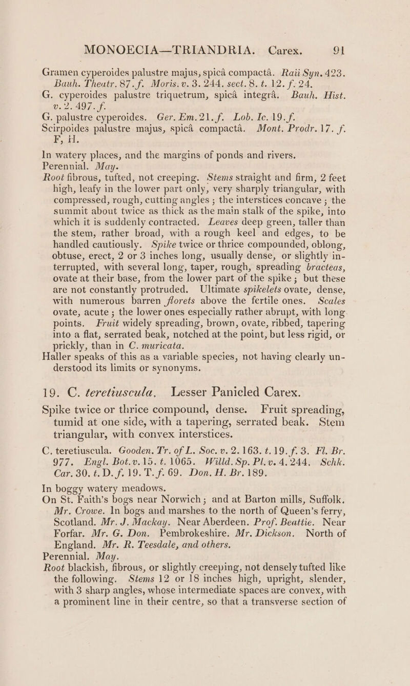 Gramen cyperoides palustre majus, spica compacta. Raii Syn. 423. Bauh. Theatr. 87. f. Moris. v. 3. 244, sect. 8. t..12. f. 24. G. cyperoides palustre triquetrum, spica integra. Bauh. Hist. v.2. 497. f. G. palustre cyperoides. Ger. Em.21.f. Lob. Ic. 19. f. Scirpoides palustre majus, spicé compacta. Mont. Prodr.17. f. Boks In watery places, and the margins of ponds and rivers. Perennial. May. Root fibrous, tufted, not creeping. Stems straight and firm, 2 feet high, leafy in the lower part only, very sharply triangular, with compressed, rough, cutting angles ; the interstices concave ; the summit about twice as thick as the main stalk of the spike, into which it is suddenly contracted. Leaves deep green, taller than the stem, rather broad, with a rough keel and edges, to be handled cautiously. Spike twice or thrice compounded, oblong, obtuse, erect, 2 or 3 inches long, usually dense, or slightly in- terrupted, with several long, taper, rough, spreading bracteas, ovate at their base, from the lower part of the spike; but these are not constantly protruded. Ultimate spikelets ovate, dense, with numerous barren florets above the fertile ones. Scales ovate, acute ; the lower ones especially rather abrupt, with long. points. Fruit widely spreading, brown, ovate, ribbed, tapering into a flat, serrated beak, notched at the point, but less rigid, or prickly, than in C. muricata. Haller speaks of this as a variable species, not having clearly un- derstood its limits or synonyms. 19. C. teretiuscula, Lesser Panicled Carex. Spike twice or thrice compound, dense. Fruit spreading, tumid at one side, with a tapering, serrated beak. Stem triangular, with convex interstices. C. teretiuscula. Gooden. Tr. of L. Soc. v. 2.163. t.19. f. 3. Fl. Br. 977. Engl. Bot.v.15. t. 1065. Willd. Sp. Pl.v. 4.244. Schk. Car. 30, 6. D. f.. 19. Tb. f. 69. Don Ade Br 189% In boggy watery meadows. On St. Faith’s bogs near Norwich; and at Barton mills, Suffolk. Mr. Crowe. In bogs and marshes to the north of Queen’s ferry, Scotland. Mr. J. Mackay. Near Aberdeen. Prof. Beattie. Near Forfar. Mr. G. Don. Pembrokeshire. Mr. Dickson. North of England. Mr. R. Teesdale, and others. Perennial. May. Root blackish, fibrous, or slightly creeping, not densely tufted like the following. Stems 12 or 18 inches high, upright, slender, with 3 sharp angles, whose intermediate spaces are convex, with a prominent line in their centre, so that a transverse section of