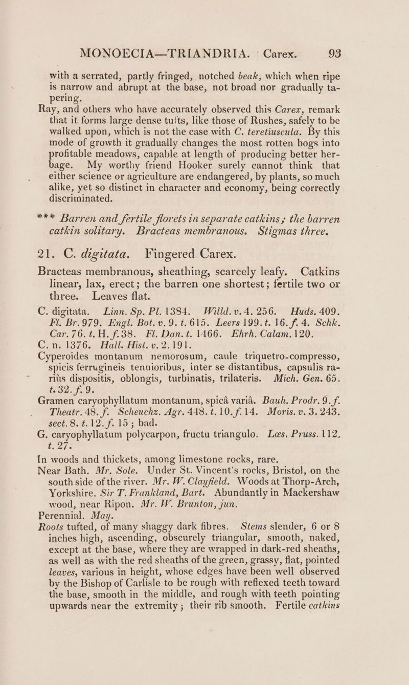 with a serrated, partly fringed, notched beak, which when ripe is narrow and abrupt at the base, not broad nor gradually ta- pering. Ray, and others who have accurately observed this Carer, remark that it forms large dense tu(ts, like those of Rushes, safely to be walked upon, which is not the case with C. teretiuscula. By this mode of growth it gradually changes the most rotten bogs into profitable meadows, capable at length of producing better her- bage. My worthy friend Hooker surely cannot think that either science or agriculture are endangered, by plants, so much alike, yet so distinct in character and economy, being correctly discriminated. *** Barren and fertile florets in separate catkins , the barren catkin solitary. Bracteas membranous. Stigmas three. 21. C. digitata. Fingered Carex. Bracteas membranous, sheathing, scarcely leafy. Catkins linear, lax, erect; the barren one shortest; fertile two or three. Leaves flat. C. digitata. Linn. Sp. Pl. 1384. Willd.v. 4.256. Huds. 409. Fl. Br.979. Engl. Bot. v.9.t.615. Leers 199.¢. 16. f. 4. Schk. Car. 76.¢.H. f.38. Fl. Dan. t. 1466. Ehrh. Calam. 120. Cons 1376. Hall. Hisisv, 2.191. Cyperoides montanum nemorosum, caule triquetro-compresso, spicis ferrugineis tenuioribus, inter se distantibus, capsulis ra- ris dispositis, oblongis, turbinatis, trilateris. Mich. Gen. 65. t32.f.9. Gramen caryophyllatum montanum, spica varia. Bauh. Prodr. 9. f. Theatr. 48. f. Scheuchz. Agr. 448. ¢.10.f.14. Moris. v. 3.243. sect. 8. t.12.f.15; bad. G. caryophyllatum polycarpon, fructu triangulo. Les, Pruss. 112. t. 27. In woods and thickets, among limestone rocks, rare. Near Bath. Mr. Sole. Under St. Vincent's rocks, Bristol, on the south side of the river. Mr. W. Clayfield. Woods at Thorp-Arch, Yorkshire. Sir T. Frankland, Bart. Abundantly in Mackershaw wood, near Ripon. Mr. W. Brunton, jun. Perennial. May. Roots tufted, of many shaggy dark fibres. Stems slender, 6 or 8 inches high, ascending, obscurely triangular, smooth, naked, except at the base, where they are wrapped in dark-red sheaths, as well as with the red sheaths of the green, grassy, flat, pointed leaves, various in height, whose edges have been well observed by the Bishop of Carlisle to be rough with reflexed teeth toward the base, smooth in the middle, and rough with teeth pointing upwards near the extremity; their mb smooth. Fertile catkins