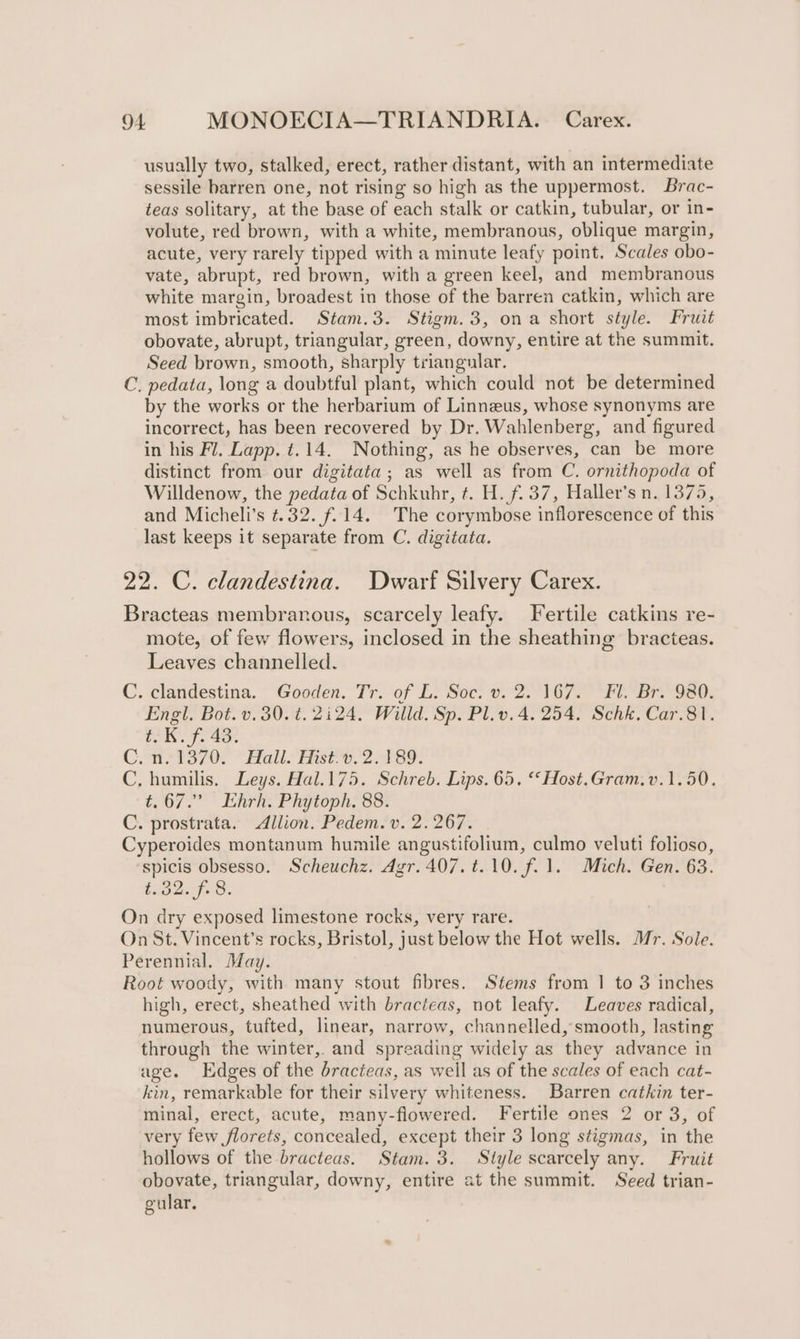 usually two, stalked, erect, rather distant, with an intermediate sessile barren one, not rising so high as the uppermost. Brac- teas solitary, at the base of each stalk or catkin, tubular, or in- volute, red brown, with a white, membranous, oblique margin, acute, very rarely tipped with a minute leafy point. Scales obo- vate, abrupt, red brown, with a green keel, and membranous white margin, broadest in those of the barren catkin, which are most imbricated. Stam.3. Stigm.3, ona short style. Fruit obovate, abrupt, triangular, green, downy, entire at the summit. Seed brown, smooth, sharply triangular. C. pedata, long a doubtful plant, which could not be determined by the works or the herbarium of Linnzus, whose synonyms are incorrect, has been recovered by Dr. Wahlenberg, and figured in his Fl. Lapp. t.14. Nothing, as he observes, can be more distinct from our digitata; as well as from C. ornithopoda of Willdenow, the pedata of Schkuhr, ¢. H. f. 37, Haller’s n. 1375, and Micheli’s ¢.32. f.14. The corymbose inflorescence of this last keeps it separate from C. digitata. 22. C. clandestina. Dwarf Silvery Carex. Bracteas membranous, scarcely leafy. Fertile catkins re- mote, of few flowers, inclosed in the sheathing bracteas. Leaves channelled. C. clandestina. Gooden. Tr. of LE. Soc. v. 2. 167. Fl. Br. 980. Engl. Bot. v.30. ¢. 2124. Willd. Sp. Pl.v.4. 254. Schk. Car.81. ae i a GSTS OP “Hall TRS. 2 ae: C. humilis. Leys. Hal.175. Schreb. Lips. 65. “Host.Gram.v.1.50. t.67.” Ehrh. Phytoph. 88. C. prostrata. Allion. Pedem. v. 2.267. Cyperoides montanum humile angustifolium, culmo veluti folioso, spicis obsesso. Scheuchz. Agr. 407. t.10. f. 1. Mich. Gen. 63. id On dry exposed limestone rocks, very rare. On St. Vincent’s rocks, Bristol, just below the Hot wells. Mr. Sole. Perennial. May. Root woody, with many stout fibres. Stems from | to 3 inches high, erect, sheathed with bracieas, not leafy. Leaves radical, numerous, tufted, linear, narrow, channelled, smooth, lasting through the winter, and spreading widely as they advance in age. Edges of the dracteas, as well as of the scales of each cat- kin, remarkable for their silvery whiteness. Barren catkin ter- minal, erect, acute, many-flowered. Fertile ones 2 or 3, of very few florets, concealed, except their 3 long stigmas, in the hollows of the bracteas. Stam. 3. Style scarcely any. Fruit obovate, triangular, downy, entire at the summit. Seed trian- gular.