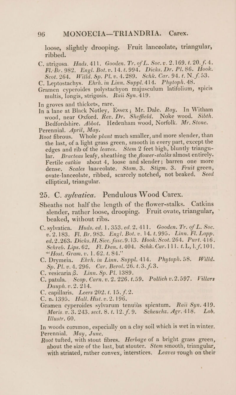 loose, slightly drooping. Fruit lanceolate, triangular, ribbed. C. strigosa. Huds.411. Gooden. Tr. of L. Soc. v. 2.169. t. 20. f. 4. Fl. Br. 982. Engl. Bot.v.14.t.994. Dicks. Dr. Pl. 86. Hook. Scot. 264. Willd. Sp. Pl.v. 4.289. Schk. Car. 94.t.N. f.93. C. Leptostachys. Ehrh.in Linn, Suppl.414. Phytoph. 48. Gramen cyperoides polystachyon majusculum latifolium, spicis multis, longis, strigosis. Raw Syn.419. In groves and thickets, rare. In a lane at Black Notley, Essex; Mr. Dale. Ray. In Witham wood, near Oxford. Rev. Dr. Sheffield. Noke wood. Sibth. Bedfordshire. Abbot. Hedenham wood, Norfolk. Mr. Stone. Perennial. April, May. Root fibrous. Whole plant much smaller, and more slender, than the last, of a light grass green, smooth in every part, except the edges and rib of the leaves. Stem 2 feet high, bluntly triangu- lar. Bracteas leafy, sheathing the flower-stalks almost entirely. Fertile catkin about 4, loose and slender; barren one more dense. Scales lanceolate. Stam. 3. Stigm. 3. Fruit green, ovate-lanceolate, ribbed, scarcely notched, not beaked. Seed elliptical, triangular. 25. C. sylvatica. Pendulous Wood Carex. Sheaths not half the length of the flower-stalks. Catkins slender, rather loose, drooping. Fruit ovate, triangular, beaked, without ribs. C. sylvatica. Huds. ed. 1.353. ed.2.411. Gooden. Tr. of L. Soc. v. 2.183. Fl. Br.983. Engl. Bot. v.14. t.995. Linn. Fl. Lapp. ed.2.263. Dicks. H. Sicc. fasc.9.13. Hook. Scot. 264. Purt.416. Schreb. Lips. 62. Fl. Dan. t.404. Schk. Car.111. t.L,1.f.101. ‘“‘ Host. Gram. v. 1. 62. t. 84.” C. Drymeia. Ehrh. in Linn, Suppl. 414. Phytoph.58. Willd. Sp. Pl. v.4. 296. Car. Berol. 26.1.3. f.3. C. vesicaria 8. Linn. Sp. Pl. 1389, C. patula. Scop. Carn. v. 2. 226.t.59. Pollich v.2.597. Villars Dauph.v.2. 214. C. capillaris. Leers 202. t. 15. f. 2. C,invl 395s). Hall. Hist.v.2. 196. Gramen cyperoides sylvarum tenuiis spicatum. Raii Syn. 419. Moris. v. 3. 243. sect. 8.t.12. f.9. Scheuchz. Agr.418. Lob. Illusir, 60. In woods common, especially on a clay soil which is wet in winter. Perennial. May, June. ‘ Root tufted, with stout fibres. Herbage of a bright grass green, about the size of the last, but stouter. Stem smooth, triangular, with striated, rather convex, interstices. Leaves rough on their