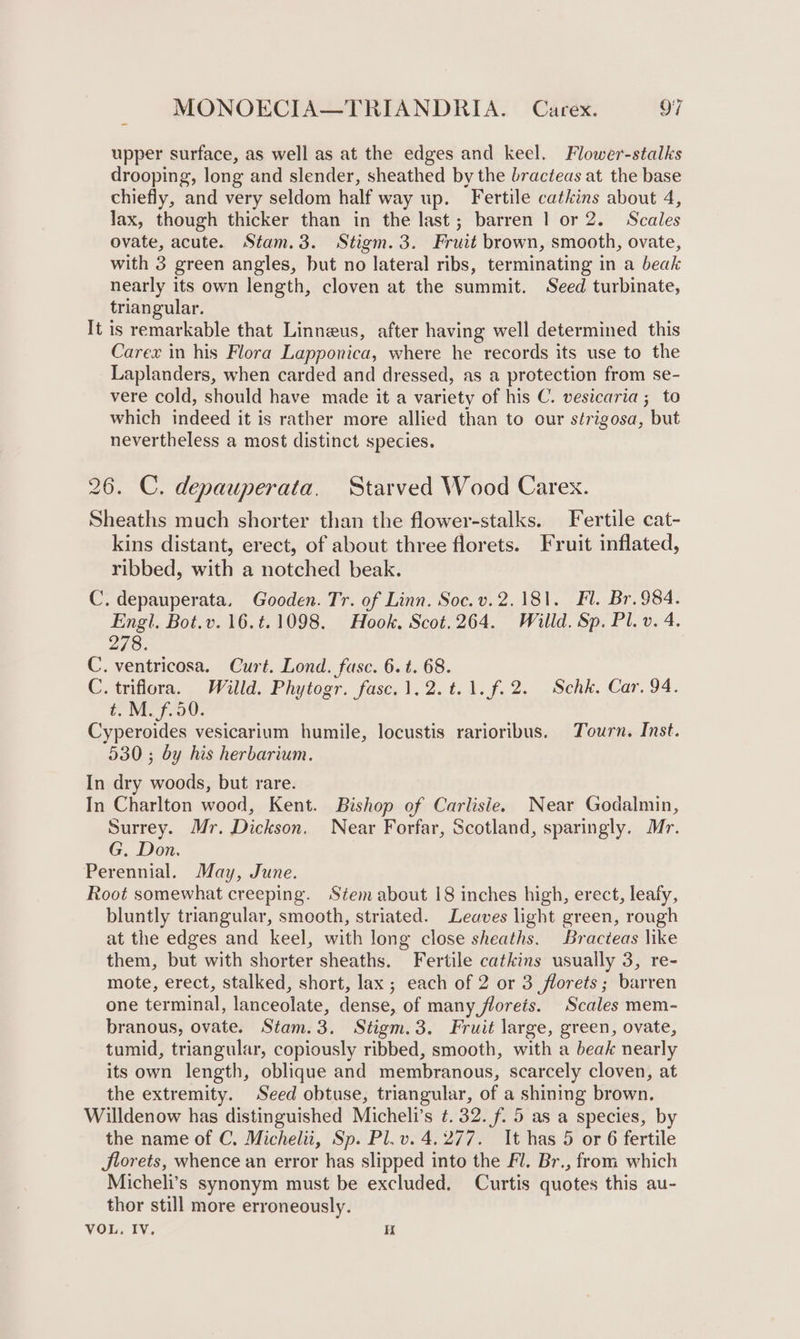 upper surface, as well as at the edges and keel. Flower-stalks drooping, long and slender, sheathed by the bracteas at the base chiefly, and very seldom half way up. Fertile catkins about 4, lax, though thicker than in the last; barren 1 or 2. Scales ovate, acute. Stam.3. Stigm.3. Fruit brown, smooth, ovate, with 3 green angles, but no lateral ribs, terminating in a beak nearly its own length, cloven at the summit. Seed turbinate, triangular. It is remarkable that Linneus, after having well determined this Carex in his Flora Lapponica, where he records its use to the Laplanders, when carded and dressed, as a protection from se- vere cold, should have made it a variety of his C. vesicaria ; to which indeed it is rather more allied than to our strigosa, but nevertheless a most distinct species. 26. C. depauperata. Starved Wood Carex. Sheaths much shorter than the flower-stalks. Fertile cat- kins distant, erect, of about three florets. Fruit inflated, ribbed, with a notched beak. C. depauperata, Gooden. Tr. of Linn. Soc. v.2.181. Fl. Br. 984. Engl. Bot.v. 16.t.1098. Hook. Scot.264. Willd. Sp. Pl. v. 4. 278. C. ventricosa. Curt. Lond. fasc. 6. t. 68. C. triflora. Willd. Phytogr. fasc.1,2.t.1.f.2. Schk. Car. 94. t. M.f.50. Cyperoides vesicarium humile, locustis rarioribus. Tourn. Inst. 530 ; by his herbarium. In dry woods, but rare. In Charlton wood, Kent. Bishop of Carlisie. Near Godalmin, Surrey. Mr. Dickson. Near Forfar, Scotland, sparingly. Mr. G. Don. Perennial. May, June. Root somewhat creeping. Stem about 18 inches high, erect, leafy, bluntly triangular, smooth, striated. Leaves light green, rough at the edges and keel, with long close sheaths. Bracteas like them, but with shorter sheaths. Fertile catkins usually 3, re- mote, erect, stalked, short, lax ; each of 2 or 3 florets; barren one terminal, lanceolate, dense, of many florets. Scales mem- branous, ovate. Stam.3. Stigm.3. Fruit large, green, ovate, tumid, triangular, copiously ribbed, smooth, with a beak nearly its own length, oblique and membranous, scarcely cloven, at the extremity. Seed obtuse, triangular, of a shining brown. Willdenow has distinguished Micheli’s ¢. 32. f. 5 as a species, by the name of C. Michelii, Sp. Pl.v. 4.277. It has 5 or 6 fertile JSlorets, whence an error has slipped into the Fl. Br., from which Micheli’s synonym must be excluded. Curtis quotes this au- thor still more erroneously. VOL, IV. i