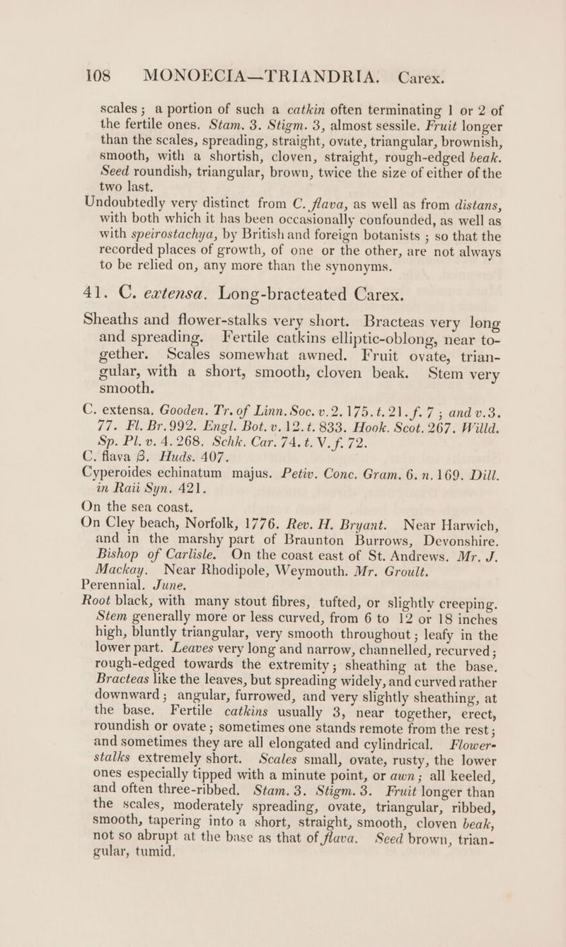 scales ; a portion of such a catkin often terminating | or 2 of the fertile ones. Stam, 3. Stigm. 3, almost sessile. Fruit longer than the scales, spreading, straight, ovate, triangular, brownish, smooth, with a shortish, cloven, straight, rough-edged beak. Seed roundish, triangular, brown, twice the size of either of the two last. Undoubtedly very distinct from C. flava, as well as from distans, with both which it has been occasionally confounded, as well as with speirostachya, by British and foreign botanists ; so that the recorded places of growth, of one or the other, are not always to be relied on, any more than the synonyms. 41. C. exrtensa. Long-bracteated Carex. Sheaths and flower-stalks very short. Bracteas very long and spreading. Fertile catkins elliptic-oblong, near to- gether. Scales somewhat awned. Fruit ovate, trian- gular, with a short, smooth, cloven beak. Stem very smooth. C. extensa, Gooden. Tr. of Linn. Soc. v.2.175.t.21.f.7 3 andv.3. 77. Fl. Br.992, Engl. Bot. v.12.t. 833. Hook. Scot. 267. Willd. Sp. Pl. v. 4.268. Schk. Car. 74.t. V.f. 72. C. flava 8, Huds. 407. Cyperoides echinatum majus. Petiv. Conc. Gram. 6.n.169. Dill. in Raii Syn. 421. On the sea coast. On Cley beach, Norfolk, 1776. Rev. H. Bryant. Near Harwich, and in the marshy part of Braunton Burrows, Devonshire. Bishop of Carlisle. On the coast east of St. Andrews. Mr. J. Mackay. Near Rhodipole, Weymouth. Mr. Groult. Perennial. June. Root black, with many stout fibres, tufted, or slightly creeping. Stem generally more or less curved, from 6 to 12 or 18 inches high, bluntly triangular, very smooth throughout ; leafy in the lower part. Leaves very long and narrow, channelled, recurved ; rough-edged towards the extremity; sheathing at the base. Bracteas like the leaves, but spreading widely, and curved rather downward ; angular, furrowed, and very slightly sheathing, at the base. Fertile catkins usually 3, near together, erect, roundish or ovate ; sometimes one stands remote from the rest ; and sometimes they are all elongated and cylindrical. Flower- stalks extremely short. Scales small, ovate, rusty, the lower ones especially tipped with a minute point, or awn; all keeled, and often three-ribbed. Stam. 3. Stigm.3. Fruit longer than the scales, moderately spreading, ovate, triangular, ribbed, smooth, tapering into a short, straight, smooth, cloven beak, not so abrupt at the base as that of flava. Seed brown, trian- gular, tumid,