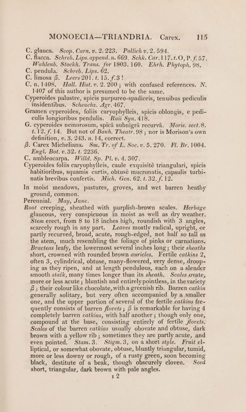 C. glauca. Scop. Carn. v. 2.223. Pollich v.2. 594. C, flacca. Schreb. Lips. append.n. 669. Schk. Car.117.t.O, P. f.57. Wahlenb. Stockh. Trans. for 1803.160. Ehrh. Phytoph. 98. C. pendula. Schreb. Lips. 62. C. limosa 8. Leers201.¢.15. f.3! C.n.1408, Hail. Hist.v. 2.200; with confused references. N. 1407 of this author is presumed to be the same. Cyperoides palustre, spicis purpureo-spadiceis, tenuibus pediculis insidentibus. Scheuchz. Agr. 467. Gramen cyperoides, foliis caryophylleis, spicis oblongis, e pedi- culis longioribus pendulis. Raii Syn. 418. G. cyperoides nemorosum, spicé subnigra recurva. Moris. sect.8. t.12. f.14. But not of Bauh. Theatr.98 ; nor is Morison’s own definition, v. 3. 243. n. 14, correct. 8. Carex Micheliana. Sm. Tr. of L. Soc.v. 5.270. Fl. Br. 1004. Engl. Bot. v.32. t. 2236. C. ambleocarpa. Willd. Sp. Pl. v. 4. 307. Cyperoides foliis caryophylleis, caule exquisité triangulari, spicis habitioribus, squamis curtis, obtusé mucronatis, capsulis turbi- natis brevibus confertis. Mich. Gen. 62. t. 32. f. 12. In moist meadows, pastures, groves, and wet barren heathy ground, common. Perennial. May, June. Root creeping, sheathed with purplish-brown scales. Herbage _ glaucous, very conspicuous in moist as well as dry weather. Stem erect, from 8 to 18 inches high, roundish with 3 angles, scarcely rough in any part. Leaves mostly radical, upright, or partly recurved, broad, acute, rough-edged, not half so tall as the stem, much resembling the foliage of pinks or carnations. Bracteas leafy, the lowermost several inches long; their sheaths short, crowned with rounded brown auricles. Fertile catkins 2, often 3, cylindrical, obtuse, many-flowered, very dense, droop- ing as they ripen, and at length pendulous, each on a slender smooth stalk, many times longer than its sheath. Scales ovate, more or less acute ; bluntish and entirely pointless, in the variety £ ; their colour like chocolate, with a greenish rib. Barren catkin generally solitary, but very often accompanied by a smaller one, and the upper portion of several of the fertile catkins fre- quently consists of barren florets ; 6 is remarkable for having 4 completely barren catkins, with half another ; though only one, compound at the base, consisting entirely of fertile /lorets. Scales of the barren catkins usually obovate and obtuse, dark brown with a yellow rib ; sometimes they are partly acute, and even pointed. Stam.3. Stigm.3, on ashort style. Fruit el- liptical, or somewhat obovate, obtuse, bluntly triangular, tumid, more or less downy or rough, of a rusty green, soon becoming black, destitute of a beak, though obscurely cloven, Seed short, triangular, dark brown with pale angles. 12