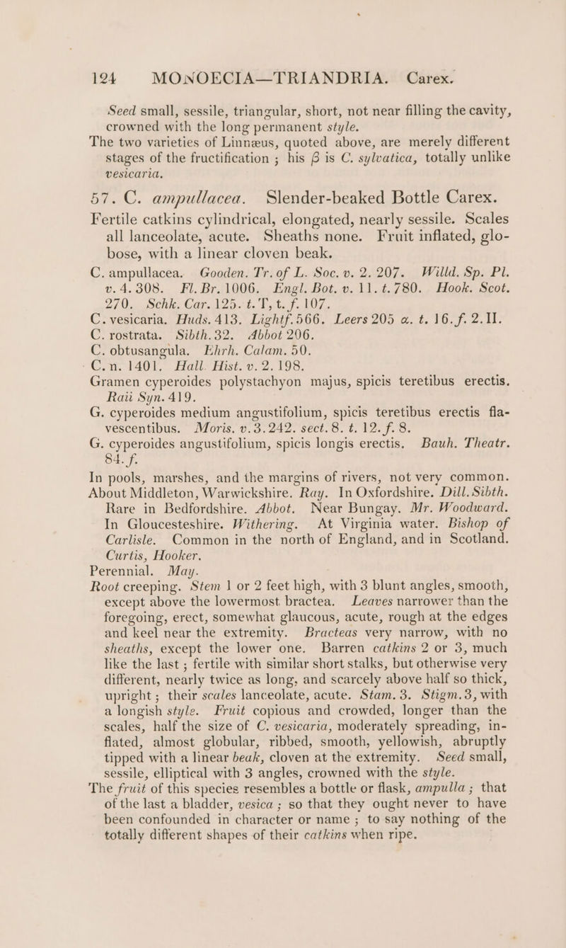 Seed small, sessile, triangular, short, not near filling the cavity, crowned with the long permanent style. The two varieties of Linneus, quoted above, are merely different stages of the fructification ; his f is C. sylvatica, totally unlike vesicaria. 57. C. ampullacea. Slender-beaked Bottle Carex. Fertile catkins cylindrical, elongated, nearly sessile. Scales all lanceolate, acute. Sheaths none. Fruit inflated, glo- bose, with a linear cloven beak. C.ampullacea. Gooden. Tr. of L. Soc. v. 2.207. Willd. Sp. Pl. v.4.308. Fl. Br. 1006. Engl. Bot. v. 11. t. 780. . Hook. Scot. 21 CR Cat Me. be teat ll C.vesicaria. Huds. 413. Lightf.566. Leers 205 a. t. 16. f. 2.11. C. rostrata. Sibth.32. Abbot 206. C. obtusangula. Ehrh. Calam. 50. Com 1401. Bali Hist, 8.2. 198. Gramen cyperoides polystachyon majus, spicis teretibus erectis. Rau Syn. 419. G. cyperoides medium angustifolium, spicis teretibus erectis fla- vescentibus. Moris. v.3.242. sect.8. ¢. 12. f. 8. G. cyperoides angustifolium, spicis longis erectis. Bauh. Theatr. 84. f. In pools, marshes, and the margins of rivers, not very common. About Middleton, Warwickshire. Ray. In Oxfordshire. Dill. Sibth. Rare in Bedfordshire. Abbot. Near Bungay. Mr. Woodward. In Gloucesteshire. Withering. At Virginia water. Bishop of Carlisle. Common in the north of England, and in Scotland. Curtis, Hooker. Perennial. May. Root creeping. Stem | or 2 feet high, with 3 blunt angles, smooth, except above the lowermost bractea. Leaves narrower than the foregoing, erect, somewhat glaucous, acute, rough at the edges and keel near the extremity. Bracteas very narrow, with no sheaths, except the lower one. Barren catkins 2 or 3, much like the last ; fertile with similar short stalks, but otherwise very different, nearly twice as long, and scarcely above half so thick, upright ; their scales lanceolate, acute. Stam. 3. Stigm.3, with a longish style. Fruit copious and crowded, longer than the scales, half the size of C. vesicaria, moderately spreading, in- flated, almost globular, ribbed, smooth, yellowish, abruptly tipped with a linear beak, cloven at the extremity. Seed small, sessile, elliptical with 3 angles, crowned with the style. The fruit of this species resembles a bottle or flask, ampulla ; that of the last a bladder, vesica ; so that they ought never to have been confounded in character or name ; to say nothing of the totally different shapes of their catkins when ripe.