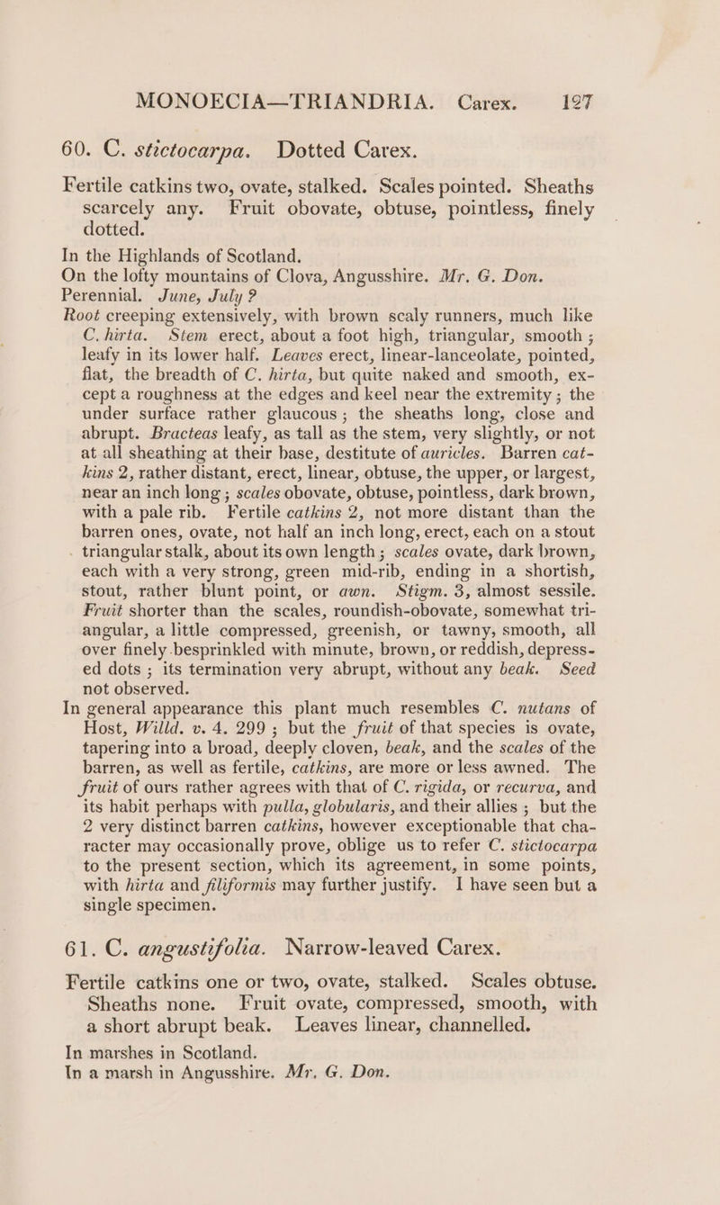 60. AG. stictocarpa. Dotted Carex. Fertile catkins two, ovate, stalked. Scales pointed. Sheaths scarcely any. Fruit obovate, obtuse, pointless, finely dotted. In the Highlands of Scotland. On the lofty mountains of Clova, Angusshire. Mr. G. Don. Perennial. June, July ? Root creeping extensively, with brown scaly runners, much like C.hirta. Stem erect, about a foot high, triangular, smooth ; leafy in its lower half. Leaves erect, linear-lanceolate, pointed, flat, the breadth of C. hirta, but quite naked and smooth, ex- cept a roughness at the edges and keel near the extremity ; the under surface rather glaucous; the sheaths long, close and abrupt. Bracteas leafy, as tall as the stem, very slightly, or not at all sheathing at their base, destitute of auricles. Barren cat- kins 2, rather distant, erect, linear, obtuse, the upper, or largest, near an inch long ; scales obovate, obtuse, pointless, dark brown, with a pale rib. Fertile catkins 2, not more distant than the barren ones, ovate, not half an inch long, erect, each on a stout . triangular stalk, about its own length; scales ovate, dark brown, each with a very strong, green mid-rib, ending in a shortish, stout, rather blunt point, or awn. Stigm. 3, almost sessile. Fruit shorter than the scales, roundish-obovate, somewhat tri- angular, a little compressed, greenish, or tawny, smooth, all over finely -besprinkled with minute, brown, or reddish, depress- ed dots ; its termination very abrupt, without any beak. Seed not observed. In general appearance this plant much resembles C. nutans of Host, Willd. v. 4. 299 ; but the fruit of that species is ovate, tapering into a broad, deeply cloven, beak, and the scales of the barren, as well as fertile, catkins, are more or less awned. The Sruit of ours rather agrees with that of C. rigida, or recurva, and its habit perhaps with pulla, globularis, and their allies ; but the 2 very distinct barren catkins, however exceptionable that cha- racter may occasionally prove, oblige us to refer C. stictocarpa to the present section, which its agreement, in some points, with hirta and filiformis may further justify. I have seen but a single specimen. 61. C. angustifolia. Narrow-leaved Carex. Fertile catkins one or two, ovate, stalked. Scales obtuse. Sheaths none. Fruit ovate, compressed, smooth, with a short abrupt beak. Leaves linear, channelled. In marshes in Scotland. In a marsh in Angusshire. Mr, G. Don.