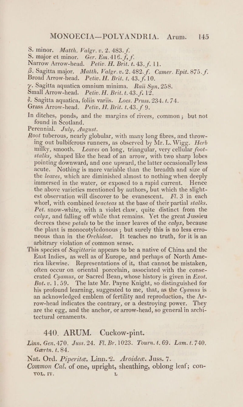 S. minor. Matth. Valgr. v. 2. 483. f. S. major et minor. Ger. Em.416. f, f. Narrow Arrow-head. Petiv. H. Brit. t. 43. f. 11. 8. Sagitta major. Matth. Valgr.v. 2.482. f. Camer. Epit. 875. f. Broad Arrow-head. Petiv. H. Brit. t. 43. f. 10. y. Sagitta aquatica omnium minima. Raii Syn. 258. Small Arrow-head. Petiv. H. Brit. t.43.f. 12. 0. Sagitta aquatica, foliis variis. Loes. Pruss. 234. t.74. Grass Arrow-head. Petiv. H. Brit. t.43. f 9. In ditches, ponds, and the margins of rivers, common; but not found in Scotland. Perennial. July, August. Root tuberous, nearly globular, with many long fibres, and throw- ing out bulbiferous runners, as observed by Mr. L. Wigg. Herb milky, smooth. Leaves on long, triangular, very cellular foot- stalks, shaped like the head of an arrow, with two sharp lobes pointing downward, and one upward, the latter occasionally less acute. Nothing is more variable than the breadth and size of the leaves, which are diminished almost to nothing when deeply immersed in the water, or exposed to a rapid current. Hence the above varieties mentioned by authors, but which the slight- est observation will discover to be evanescent. Fl. 3 in each whorl, with combined bracteas at the base of their partial stalks. Pet. snow-white, with a violet claw, quite distinct from the calyx, and falling off while that remains. Yet the great Jussieu decrees these petals to be the inner leaves of the calyx, because the plant is monocotyledonous ; but surely this is no less erro- neous than in the Orchidee. It teaches no truth, for it is an arbitrary violation of common sense. This species of Sagittaria appears to be a native of China and the East Indies, as well as of Europe, and perhaps of North Ame- rica likewise. Representations of it, that cannot be mistaken, often occur on oriental porcelain, associated with the conse- crated Cyamus, or Sacred Bean, whose history is given in Exot. Bot.v. 1.59. The late Mr. Payne Knight, so distinguished for his profound learning, suggested to me, that, as the Cyamus is an acknowledged emblem of fertility and reproduction, the Ar- row-head indicates the contrary, or a destroying power. They are the egg, and the anchor, or arrow-head, so general in archi- tectural ornaments. 440. ARUM. Cuckow-pint. Linn. Gen. 470. Juss. 24. Fl. Br. 1023. Tourn. t.69. Lam. t. 740. Gertn. t. 84. Nat. Ord. Piperite. Linn. 2. Aroidea. Juss. 7. Common Cal. of one, upright, sheathing, oblong leaf; con- VOL, IV. 3
