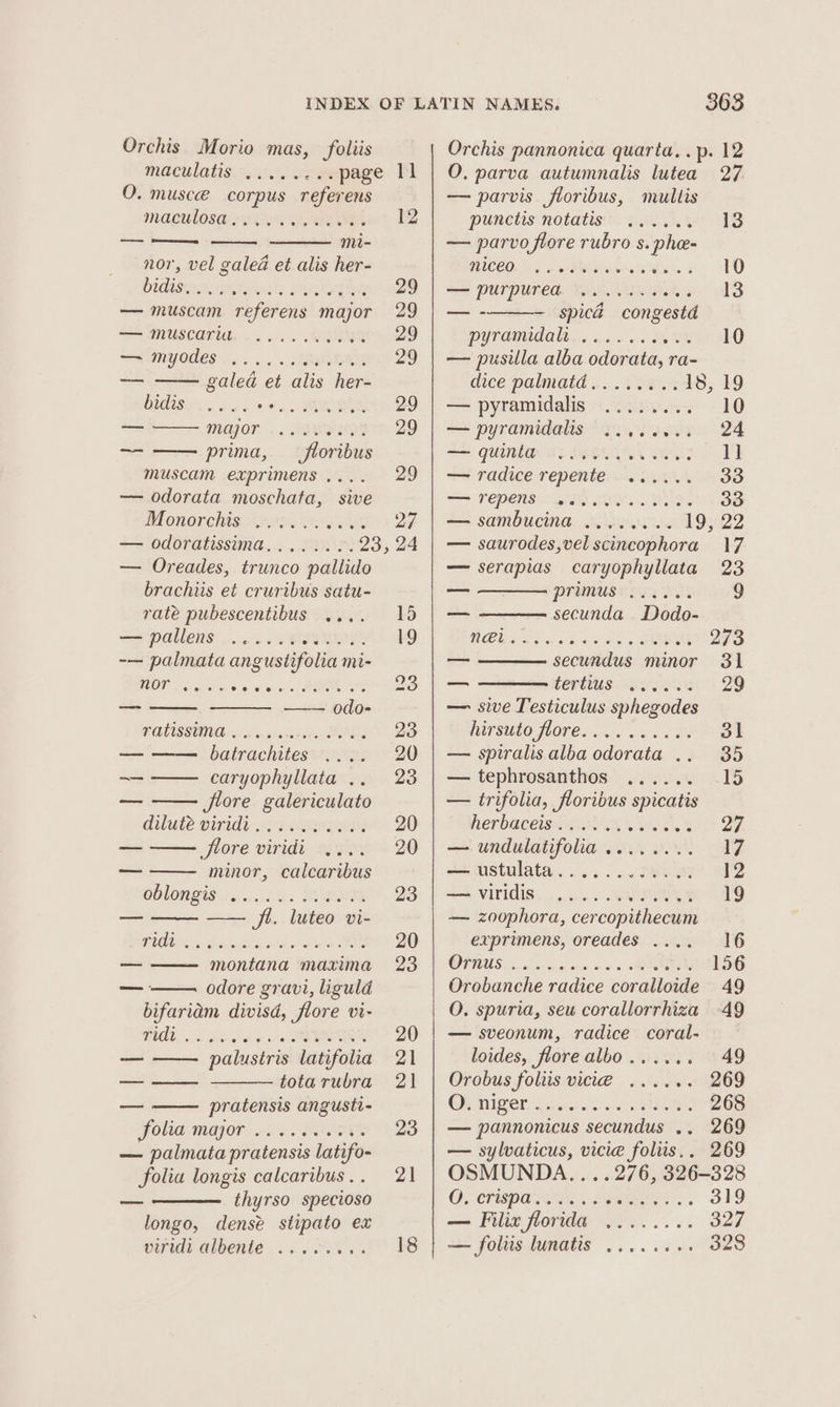 Orchis Morio mas, foliis maculatis O. musce corpus referens machlosa: 20 gw wees 12 Fae Oe mi- nor, vel galed et alis her- Uidisursin ties, eg 29 — muscam referens major 29 &lt;= Gnuscaria. Sane 29 PRONG OMS oc i «TRIM 29 — galed et alis her- Se og Pes AON 29 — MAP ON, «.. AIVWRD 29 ~— prima, _floribus muscam exprimens.... 29 — odorata moschata, sive Monorchiss sn Vyas 27 — odoratissima,..... 2. 23, 24 — Oreades, trunco pallido brachiis et cruribus satu- raté pubescentibus .... 15 SS Pallens ras 2 BITOOR 19 -— palmata angustifolia mi- ROR; hiacakin ava, ois BOM 23 —_ — odo- REUSTIND srg eu yr BBS 23 — batrachites 20 ~= caryophyllata .. 23 “— flore galericulato dilute viridi... pa waryns 20 — Jlore viridi 20 — minor, calcaribus OOLORBES: oc ergssces SRI 23 — —— ft. luteo vi- LOPE srecace tease cen or OO 20 _— montana maxima 23 _: odore gravi, liguld bifariam divisd, flore vi- WUE Ss Heel Aba he SONOS 20 _ palustris latifolia 21 —_—— totarubra 2) —_ pratensis angusti- Polia:major. x4. P27 23 — palmata pratensis latifo- folia longis calcaribus.. 21 ee thyrso specioso longo, dense stipato ex 363 Orchis pannonica quarta, .p. 12 O. parva autumnalis lutea 27 — parvis floribus, multis punetis notatis™ v9.5 13 — parvo flore rubro s. phe- ICED: 4 54 REPL : 10 — PULPUNEH, Tis. eh G 13 —- spica congestd pyramidal... 26 a0. SUN 10 — pusilla alba odorata, ra- dice palniatd ...... 9 92.&lt; 18, 19 — pyramidalis ........ 10 — pyramidalis ........ 24 SS QUIRIG NS IBS BH 1] += Fadice FEpentE Ver 33 SA TOPE II ANS PENS 33 — sambucina ........ 19322 — saurodes,vel scincophora 17 — serapias caryophyllata 23 a PREMUSY 294 FL 9 — secunda Dodo- ROC Ss we 6 dias RNR 273 — secundus minor 31 _ bertius ay 5% 29 — sive Testiculus sphegodes PAT SUMO SOLE. 200 oi ¢ 6 os dl — spiralis alba odorata .. 35 — tephrosanthos ...... 15 — trifolia, floribus spicatis ETE Ces NW, 9518 D7. — undulatifolia ........ 17 a=. ustulata.. . 6s. 26 PMO 12 24 VITIGIS. . scm» ee ae — zoophora, cercopithecum exprimens, oreades .... 16 OPRUS isc a) ceca on vo 9 x Moheeeee Orobanche radice coralloide 49 O. spuria, seu corallorrhiza 49 — sveonum, radice coral. loides, florealbo...... 49 Orobus foliis vici@ ...... Oe Miger esc ORY — pannonicus secundus .. — sylvaticus, vicie folus.. 269 OSMUNDA....276, 326-328 OF CrSPOE 3 ae 319 — Filia florida ........ 327