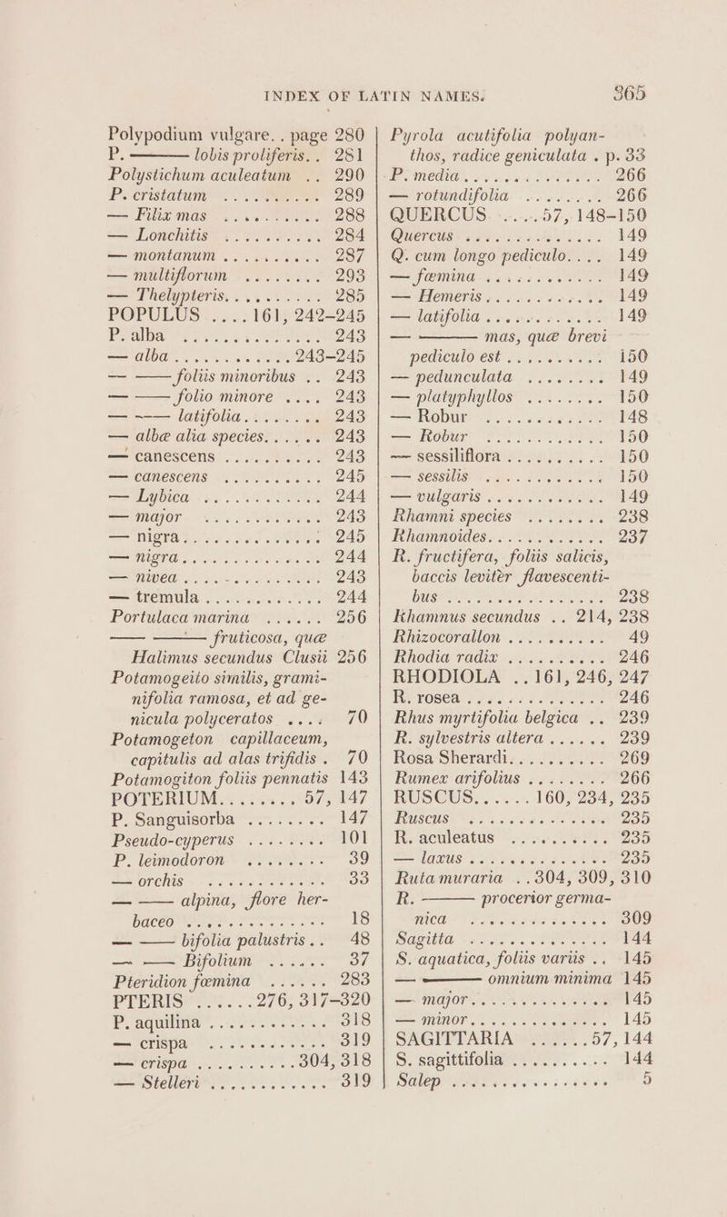 Polypodium vulgare. . page 280 vi lobis proliferis,. 281 Polystichum aculeatum .. 290 POOPStahune SS Open 289 oie! FUE NAS ous See 288 — Lonchitis ... 204 — montanum .......6.. 287 — multiflorum ........ 293 —— Thelypteris,......... 285 POPULUS....... 161; 242-245 P. alba 243 osereee et ee eevee — foltis minoribus .. 243 —_ folio minore .... 243 — ~——— latifolia........ 243 — albe alia species...... 243 — canescens .......... 243 ==&gt; CONCSEENS SISOS 245 Swe iss ys Se 244 SSN GION es VELIOIRS 243 So eHloee sss cases oe 245 SUMMERS nn hx oe a 244 UVC. os alates a lan a Re 243 == tremula... .Gucce le. 244 Portulaca marina ...... 256 ' ae fruticosa, que Hahimus secundus Clusi 256 Potamogeiio similis, grami- nifolia ramosa, et ad ge- nicula polyceratos .... 70 Potamogeton capillaceum, capitulis ad alas trifidis. 70 Potamogiton foliis pennatis 143 POTERIUM.....5.. 57, 147 P_ Saneutsora oo... 147 Pseudo-cyperus ...-..+. 101 P. lemodoron-: P00 oT: 39 SV OPelis - 9s 54202 ee rer 33 — alpina, flore her- CUCEO re ote oe 18 — —— bifolia palustris.. 48 — —— Bifolium ...... 37 Pieridion femina ...... 283 Preniorers. . 276, 317-320 Po sqmiliaa eros ieee 318 == CHISpae See kee ts 319 SOV CFISPG *.-.+etcs e's 2 304, 318 erstelerorr se 319 365 Pyrola acutifolia polyan- thos, radice geniculata . p. 33 Hee MOU, 2) nee PPO 266 — rotundifolia ........ 266 QUERCUS. ......57, 148-150 Quercus. shins 08 Lk. 149 Q. cum longo pediculo.... 149 — feMINA ...ccceeeee- 149 == OMENS os kc cc ewes 149 = 1GHfOlIG one reece eet: 149 ~~ mas, qué brevi pEedmicnlorese Os SO 150 — pedunculata ........ 149 =—— nlatyphyllos 6: se 5 es 150 SS HODU ses coe See 148 — Robur ; 150 ~~ sessiliflora .......... 150 2s -SESSUSED capa = 2 sere te 150 —— OULQAPIS! ae. ee ees 149 Rhamns species Oey. 238 Mhannoides..&lt; POPP 237 R. fructifera, foliis salicis, baccis levitér flavescenti- Gust eD, PALONY SILAS 2 238 Khamnus secundus .. 214, 238 Rinzocoration POPs 49 Rhedia- 76d. 6 PRs 246 RHODIOLA ..161, 246, 247 Re TOsear. fa. ces SERS 246 Rhus myrtifolia belgica .. 239 R. sylvestris altera ...... 239 Rosa-Sherardi «&lt;2 22 008% 269 Rumex arifolius ........ 266 RUSCUS. 0... 160, 234, 235 WUSCHS! TS 2 4 cc°2 3 3 eens 235 Re actileatts © .-..- 4223 235 = UdGUS See ee ete 239 Rutamuraria ..304, 309, 310 R. procertor germa- MACE ES PS bee Fe eee 309 SOQUG Fae ec. eee 144 S. aquatica, foliis vartis .. 145 — oe ONIUM Minima 145 SAMO A ee 145 MONO a's eee 145 SAGITTARIA™ oo... 57, 144 S. SApittHOl Te. 6s: 144 SUED WARE es dies see es 5