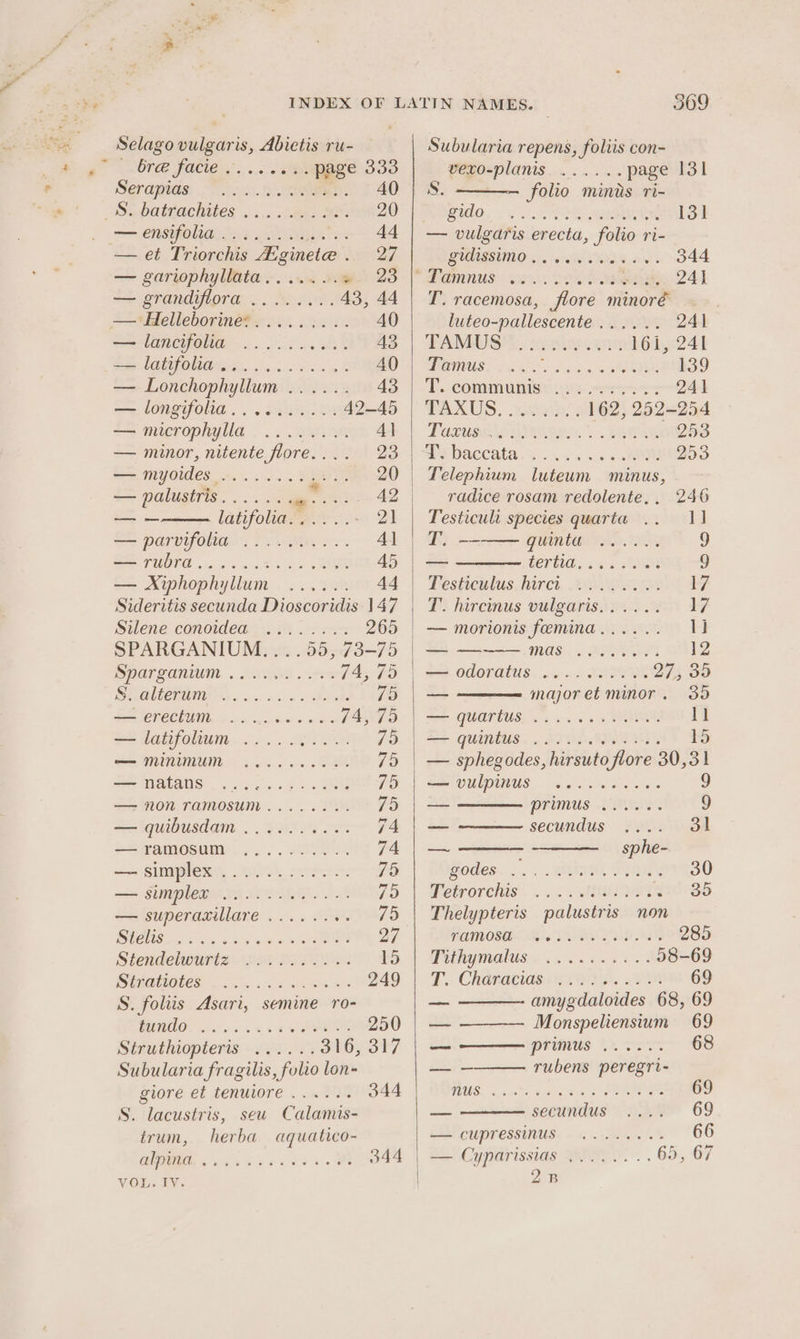 (ORE PACERS, .,..'s San page 333 Serapitis: Ti.) See: 40 sbatiachites «+5 dees ae 20 , = ensifoliane 3 2%: Sree aa — et Triorchis Aiginete . 27 — gariophyllata.....2.%. 23 — grandiflora ........ 43, 44 ++tHelleboriné®. +... :. 40 — lancifolia .......... 43 ee (QUfOUIS. co 5 o's sw 8 40 — Lonchophyllum ...... 43 — longifolia.......... 42-45 — microphylla ........ 4] — minor, nitente flore.... 23 = MY OIMES 305. 25/0. 20 — palustris....... . ape 42 | —— latifolia. . ee - 21 = parvifolta: 2. Maes. 4] — rubra. eS ee 5, a Xiphophyllum 2, SO 44 Sideritis secunda Dioscoridis 147 Silene conoidea ........ 265 SPARGANIUM....55, 73-75 Spar ganiwum. 0s ws, 79 SOOM aon acc 0 sats 75 FEV CChUE. vs wa os we F4575 — latifolum .......... 79 — minimum ........-. 79 = MALANS eee os PRE 79 — non ramosum........ 75 — quibusdam .......... 74 -—ramosam ........... 74 —= Simpler, 00, sever: 79 = SUPER Bs a8 79 — superaxillare ........ 75 Bigs, tid&lt; sbi ae aes 27 Stendelwumia (ir PSV 15 ISUNGUIOLES, © Sohn vs a we 249 S. folus Asari, semine ro- HONDO, cits 644 CAP 250 Struthiopteris ...... 316,317 Subularia fragilis, folio lon- giore et tenuiore...... 344 S. lacustris, seu Calamis- trum, herba aquatico- OUT, on evar vee BM 344 Selago vulgaris, Abietis ru- VOL. IY. Subularia repens, foliis con- wero-planis....... page 131 S. folio minis ri- MU gid. 2 eee wate 131 — vulgaris erecta, folio ri- BOONE O 54 52S AG ow | 344 SHINING” BSS +e ote. 241 I’. racemosa, flore minoré luteo-pallescente...... 241 TAMU. nas as 161, 241 DOTS © Poare' Sacy ais SOROS 139 TT. communist ii. sees 241 TAXKUS. eis 162, 252-254 PALUR EDI IS. EE NE 253 aebaccata. 2. 0. -6. Oe 293 Telephium luteum minus, radice rosam redolente,. 246 Testicult species quarta .. 11] T., --—— quinta ...... 9 — deruids as 5 AMOe 9 | Vesticulus, hirct, 28.024 7 T. hircinus vulgaris...... bf — morionis femina...... V1 — —~——— mas ........ 12 | et OGORALUS. nan.» LRP 275 30 — majoret minor. 35 ae QUATTUS. 5 vs 53 3 CN 1) | Se GUINMUS. TREATS 15 | — sphegodes, hirsuto flore 30,31 tee DEEDINGUS: aro scala Fog tosk 9 — PFUNUS LES ] —_ secundus ¥e02 0 BA — sphe- godes. ... aint, Sia 30 Peerorchis®. os. AT Hess Thelypteris palustris non RAMOS ere PRG 8 285 POISE hi 5 one Ae 98-69 T.. Chapada wn TOeed. .F6 69 amygdaloides 68, 69 Monspeliensium 69 oes = PEUNUS Bi. ver 68 ——- rubens peregri- GUS. Scns ¥.tias 52 SRP 9 — sceundus’ 2.28 69 ELLCUPTCSSINUS. « 95: shoves 1a 66 | — Cyparissias ..... . . 65, 67 2B