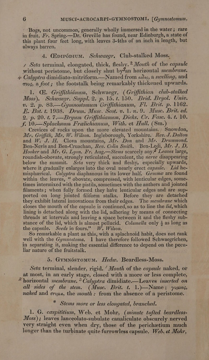 Bogs, not uncommon, generally wholly immersed in the water; rare in fruit. Fr. Spring.—Dr. Greville has found, near Edinburgh, a state of this plant four feet long, with leaves 3-4ths of an inch in length, but always barren. . 4, Cprpépium. Schwaegr. Club-stalked Moss. y Seta terminal, elongated, thick, fleshy.* Mouth of the capsule without peristome, but closely shut by’an horizontal membrane. 4 Calyptra dimidiato-mitriform.—Named from odes, a swelling, and mous, a foot; the footstallk being remarkably thickened upwards. 1. Ch. Griffithiénum, Schwaegr. (Griffithian club-stalked Moss). Schwaegr. Suppl. 2. p. 15. t. 150. Brid. Bryol. Univ. v. 2. p. 83.—Gymnostomum Griffithianum, Fl. Brit. p. 1162. E. Bot. t. 1938. Drum. Muse. Scot. v. 1. n. 9. Muse. Brit. ed. 2. p. 20. &amp; 7.—Bryum Griffithianum, Dicks. Cr. Fasc. 4. t. 10. Sf. 10.—Splachnum Frelichianum, With. et Hull. (Sm.) Crevices of rocks upon the more elevated mountains,, Snowdon, Mr. Griffith, Mr. W. Wilson. Ingleborough, Yorkshire. fev. J. Dalton and W. J. H. Clova mountains, Jfr. Don and Mr. Drummond. Ben-Nevis and Ben-Cruachan, Rev. Colin Smith. Ben-Ledi, Mr. J. D. Hooker and Mr. G. Lyon. Fr. Aug.—Stems scarcely any. Leaves large, roundish-obovate, strongly reticulated, succulent, the nerve disappearing below the summit. Seta very thick and fleshy, especially upwards, where it gradually enlarges into the oval nearly erect capsule. Lid he- mispheerical. Calyptra diaphanous in its lower half. Gemme are found within the leaves, ‘“ obovate, compressed, with lenticular edges, some- times intermixed with the pistils, sometimes with the anthers and jointed filaments ; when fully formed they have lenticular edges and are sup- ported on long jointed filiform stalks. Before they are detached they exhibit lateral innovations from their edges. The membrane which closes the mouth of the capsule is continued, so as to line the /d, which lining is detached along with the lid, adhering by means of connecting threads at intervals and leaving a space between it and the fleshy sub- stance of the lid, which is almost pellucid. Columella only 4 as long as the capsule. Seeds in fours.” W. Wilson. So remarkable a plant as this, with a splachnoid habit, does not rank well with the Gymnostoma. 1 have therefore followed Schwaegrichen, in separating it, making the essential difference to depend on the pecu- liar nature of the fruitstalk. 5. Gymnostomum. Hedw. Beardless-Moss. Seta terminal, slender, rigid. ’ Mouth of the capsule naked, or at most, in an early stage, closed with a more or less complete, “horizontal membrane. ® Calyptra dimidiate.—Leaves inserted on all sides of the stem. (Muse. Brit. t. 1.)—Name; yvuves, naked and orowx, the mouth: from the absence of a peristome. * Stems more or less elongated, branched. 1. G. cespititium, Web. et Mohr, (minute tufted beardless- Moss) ; leaves lanceolato-subulate canaliculate obscurely nerved . very straight even when dry, those of the perichetium much longer than the turbinate quite furrowless capsule. Web. et Mohr,