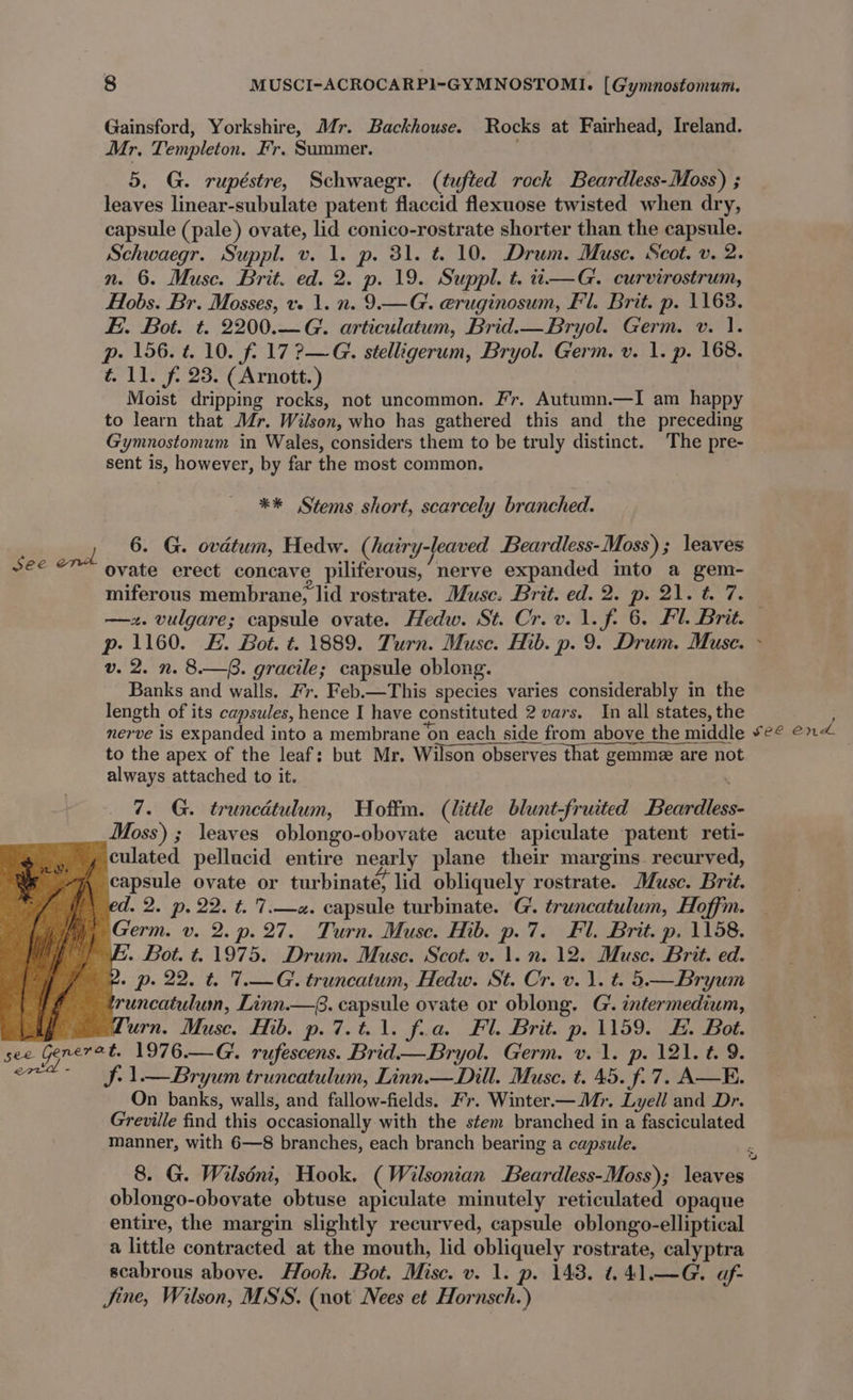 Gainsford, Yorkshire, Mr. Backhouse. Rocks at Fairhead, Ireland. Mr, Templeton. Fr. Summer. ' 5. G. rupéstre, Schwaegr. (tufted rock Beardless-Moss) ; leaves linear-subulate patent flaccid flexuose twisted when dry, capsule (pale) ovate, lid conico-rostrate shorter than the capsule. Schwaegr. Suppl. v. 1. p. 31. t. 10. Drum. Muse. Scot. v. 2. n. 6. Muse. Brit. ed. 2. p. 19. Suppl. t. i—G. curvirostrum, Hobs. Br. Mosses, v» 1. n. 9.—G. eruginosum, Fl. Brit. p. 1163. Fi. Bot. t. 2200.—G. articulatum, Brid.—Bryol. Germ. v. 1. p. 156. 4. 10. f. 17 ?—G. stelligerum, Bryol. Germ. v. 1. p. 168. t 11. f. 23. (Arnott.) Moist dripping rocks, not uncommon. Fr. Autumn.—I am happy to learn that Mr. Wilson, who has gathered this and the preceding Gymnostomum in Wales, considers them to be truly distinct. The pre- sent is, however, by far the most common. ** Stems short, scarcely branched. gee Gener ovate erect concave piliferous, nerve expanded mto a gem- miferous membrane; lid rostrate. Musc. Brit. ed. 2. p. 21. t. 7. —zx. vulgare; capsule ovate. Hedw. St. Cr.v. 1. fi 6. Fl. Brit. p- 1160. £. Bot. t. 1889. Turn. Muse. Hib. p. 9. Drum. Muse. ~ v. 2. n. 8.—. gracile; capsule oblong. Banks and walls, Hr. Feb.—This species varies considerably in the length of its capsules, hence I have constituted 2 vars. In all states, the to the apex of the leaf; but Mr. Wilson observes that gemmz are not always attached to it. . 7. G. truncdtulum, Hoffm. (litile blunt-fruited Beardless- Moss) ; leaves oblongo-obovate acute apiculate patent reti- culated pellucid entire nearly plane their margins. recurved, capsule ovate or turbinate; lid obliquely rostrate. Musc. Brit. d. 2. p. 22. t. 7.—a. capsule turbinate. G'. truncatulum, Hoffm. Germ. v. 2. p. 27. Turn. Muse. Hib. p.7. Fl. Brit. p. 1158. ~ Bot. t. 1975. Drum. Muse. Scot. v. 1. n. 12. Muse. Brit. ed. . p. 22. t. 7.—G. truncatum, Hedw. St. Cr. v. 1. t. 5.— Bryum runcatulum, Linn.—8. capsule ovate or oblong. G. intermedium, urn. Muse. Hib. p.7.t.1. fia. Fl. Brit. p. 1159. EF. Bot. at. 1976.—G. rufescens. Brid—Bryol. Germ. v. 1. p. 121. t. 9. JS. 1—Bryum truncatulum, Linn.—Dill. Muse. t. 45. f.7. A—E. On banks, walls, and fallow-fields. Fr. Winter—M&gt;. Lyell and Dr. Greville find this occasionally with the stem branched in a fasciculated manner, with 6—8 branches, each branch bearing a capsule. 8. G. Wilséni, Hook. (Wilsontan Beardless-Moss); leaves oblongo-obovate obtuse apiculate minutely reticulated opaque entire, the margin slightly recurved, capsule oblongo-elliptical a little contracted at the mouth, lid obliquely rostrate, calyptra scabrous above. Hook. Bot. Mise. v. 1. p. 148. t.41.—G. af- Jine, Wilson, MSS. (not Nees et Hornsch.) % ,