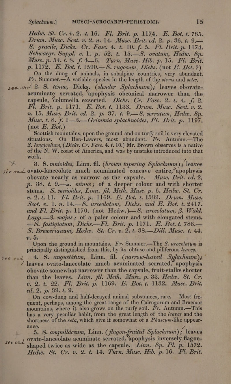 Hedw. St. Cr.v.2. t.16. Fl. Brit. p. 1174. E. Bot. t. 785. Drum. Muse. Scot. v. 2. n. 14. Muse. Brit. ed. 2. p. 36. t. 9.— S. gracile, Dicks. Cr. Fase. 4. ¢. 10. f. 5. Fl. Brit. p. 1174. Schwaegr. Suppl. v. 1. p. 52. t. 15.—S. ovatum, Hedw. Sp. Muse. p. 54. t. 8. f.4—6. Turn. Muse. Hib. p. 15. Fl. Brit. p. 1172. &amp;. Bot. t. 1590.—S. rugosum, Dicks. (not E. Bot. ?) On the dung of animals, in subalpine countries, very abundant. Fr. Summer.—A variable species in the length of the stems and sete. Ps acuminate serrated, “apophysis obconical narrower than the capsule, tolumella exserted. Dicks. Cr. Fase. 2. t. 4. fan. Fl. Brit. p. 1171. #. Bot. t.. 1133. Drum. Muse. Scot. v. 2. n. 15. Muse. Brit. ed. 2. p. 37. t. 9.—S. serratum, Hedw. Sp. Muse. t. 8. f. 1—3.—Grimmia splachnoides, Fl. Brit. p. 1197. (not L. Bot.) Scottish mountains, upon the ground and on turfy soil in very elevated situations. On Ben-Lawers, most abundant. Fr. Autumn.—The S. longicollum, (Dicks. Cr. Fasc. 4. t. 10.) Mr. Brown observes is a native of the N. W. coast of America, and was by mistake introduced into that work. 3. S. mnioides, Linn. fil. (brown tapering Splachnum) leaves See end. obovate nearly as narrow as the capsule. Muse. Brit. ed. 2. p. 38. t. 9.—«. minus; of a deeper colour and with shorter stems. S. mnioides, Linn. fil. Meth. Muse. p. 6. Hedw. St. Cr. v2.4, 11. Fl. Brit. p. 1169. &amp;. Bot. t. 1539. Drum. Muse. Scot. v. 1. n. 14.—S. urceolatum, Dicks. and EF. Bot. t. 2417. and Fl. Brit. p. 1170. (not Hedw.)—S. urceolatum, 8. Wahl. Lapp.— 8. majus ; of a paler colour and with elongated stems. —S. fastigiatum, Dicks —Fl. Brit. p. 1171. HE. Bot. t. 786.— S. Brewerianum, Hedw. St. Cr. v. 2. t. 38.— Dill. Muse. t. 44. v. o. ; Upon the ground in mountains. Fr. Summer.—The S. urceolatum is principally distinguished from this, by its obtuse and piliferous leaves. 4. S. angustatum, Linn. fil. (narrow-leaved Splachnum); ~ { obovate somewhat narrower than the capsule, fruit-stalks shorter than the leaves. Linn. fil. Meth. Muse. p. 33. Hedw. St. Cr. v. 2. t 22. Fl. Brit. p. 1169. #. Bot. t. 1182. Muse. Brit. ed. 2. p. 39. t. 9. On cow-dung and half-decayed animal substances, rare. Most fre- quent, perhaps, among the great range of the Cairngorum and Braemar mountains, where it also grows on the turfy soil. 7. Autumn.—This has a very peculiar habit, from the great length of the leaves and the shortness of the seta, which give it somewhat of a Phascum-like appear- ance. y 5. S. ampulléceum, Linn. (flagon-fruited Splachnum); leaves shaped twice as wide as the capsule. Linn. Sp. Pl. p. 1572. Hedw. St. Cr. v. 2. t. 14. Turn. Muse. Hib. p. 16. Fl. Brit.