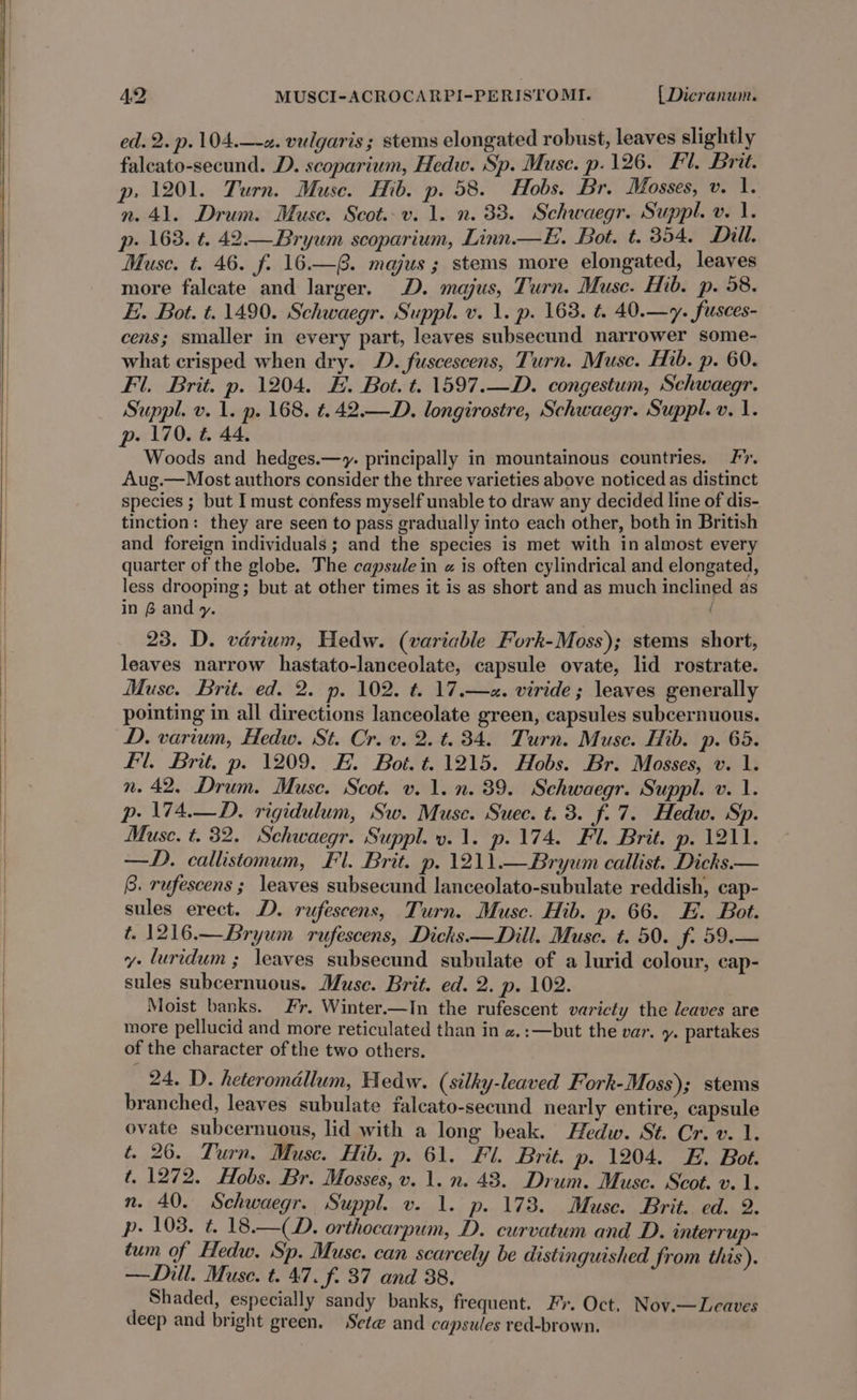 ed. 2. p.104.—z. vulgaris ; stems elongated robust, leaves slightly falcato-secund. D. scoparium, Hedw. Sp. Muse. p.126. Fl. Brit. p» 1201. Turn. Muse. Hib. p. 58. Hobs. Br. Mosses, v. 1. n. 41. Drum. Muse. Scot. v. 1. n. 33. Schwaegr. Suppl. v. I. p- 163. t. 42.—Bryum scoparium, Linn.—E. Bot. t. 354, Dill. Muse. t. 46. f. 16.—@. majus ; stems more elongated, leaves more faleate and larger. D. majus, Turn. Muse. Hib. p. 58. E. Bot. t. 1490. Schwaegr. Suppl. v. 1. p. 163. t. 40.—y. fusces- cens; smaller in every part, leaves subsecund narrower some- what crisped when dry. D. fuscescens, Turn. Musc. Hib. p. 60. Fl. Brit. p. 1204. H. Bot. t. 1597.—D. congestum, Schwaegr. Suppl. v. 1. p. 168. t.42.—D. longirostre, Schwaegr. Suppl. v. 1. p- 170. t. 44. Woods and hedges.—y. principally in mountainous countries. Fr. Aug.—Most authors consider the three varieties above noticed as distinct species ; but I must confess myself unable to draw any decided line of dis- tinction: they are seen to pass gradually into each other, both in British and foreign individuals ; and the species is met with in almost every quarter of the globe. The capsule in « is often cylindrical and elongated, less drooping; but at other times it is as short and as much inclined as in Band y. ' 23. D. varium, Hedw. (variable Fork-Moss); stems short, leaves narrow hastato-lanceolate, capsule ovate, lid rostrate. Muse. Brit. ed. 2. p. 102. t. 17.—2. viride; leaves generally pointing in all directions lanceolate green, capsules subcernuous. D. varium, Hedw. St. Cr. v. 2. t. 34. Turn. Muse. Hib. p. 65. fl. Brit. p. 1209. H. Bot. t. 1215. Hobs. Br. Mosses, v. 1. n. 42, Drum. Muse. Scot. v. 1. n. 39. Schwaegr. Suppl. v. 1. p- 174.—D. rigidulum, Sw. Muse. Suec. t. 3. f. 7. Hedw. Sp. Muse. t. 32. Schwaegr. Suppl. ».1. p.174. Fl. Brit. p. 1211. —D. callistomum, Fl. Brit. p. 1211.—Bryum callist. Dicks — 8. rufescens ; leaves subsecund lanceolato-subulate reddish, cap- sules erect. D. rufescens, Turn. Muse. Hib. p. 66. . Bot. t. 1216.—Bryum rufescens, Dicks —Dill. Muse. t. 50. f. 59.— y- luridum; leaves subsecund subulate of a lurid colour, cap- sules subcernuous. Muse. Brit. ed. 2. p. 102. Moist banks. Fr, Winter—In the rufescent varicty the leaves are more pellucid and more reticulated than in «. :—but the var. y. partakes of the character of the two others. 24. D. heteromadllum, Hedw. (silky-leaved Fork-Moss); stems branched, leaves subulate falcato-secund nearly entire, capsule ovate subcernuous, lid with a long beak. Hedw. St. Cr. v. 1. é. 26. Turn. Muse. Hib. p. 61. Fl. Brit. p. 1204. E. Bot. t. 1272. Hobs. Br. Mosses, v. 1. n. 48. Drum. Muse. Scot. v.1. n. 40. Schwaegr. Suppl. v. 1. p. 173. Muse. Brit. ed. 2. p. 103. ¢. 18.—(D. orthocarpum, D. curvatum and D. enterrup- tum of Hedw. Sp. Muse. can scarcely be distinguished Jrom this). —Dill. Muse. t. 47. f. 37 and 38. Shaded, especially sandy banks, frequent. Fr. Oct, Nov.—Leaves deep and bright green. Sete and capsules red-brown,