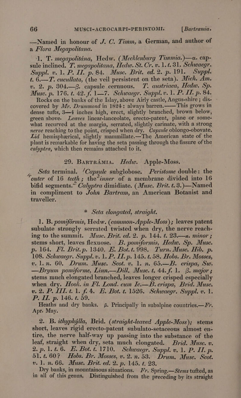 Named in honour of J. C. Timm, a German, and author of a Flora Megapolitana. 1, T. megapolitana, Hedw. (Mecklenburg Timmia.)—a«. cap- sule inclined. 7. megapolitana, Hedw. St. Cr. v.1.t. 31. Schwaegr. Suppl. v. 1. P. I. p. 84. Muse. Brit. ed. 2. p.191. Suppl. t. 6.—T. cucullata, (the veil persistent on the seta). Mich, Am. v. 2. p. 304.—. capsule cernuous. JZ. austriaca, Hedw. Sp. Muse. p. 176. t. 42. f. 1—7. Schwaegr. Suppl.v. 1. P. IT, p. 84. Rocks on the banks of the Islay, above Airly castle, Angus-shire ; dis- - covered by Mr. Drummond in 1824: always barren.——This grows in dense tufts, 3—4 inches high, erect, slightly branched, brown below, green above. eaves linear-lanceolate, erecto-patent, plane or some- what recurved at the margin, serrated, slightly carinate, with a strong nerve reaching to the point, crisped when dry. Capsule oblongo-obovate. Lid hemispheerical, slightly mammillate-—The American state of the plant is remarkable for having the seta passing through the fissure of the calyptra, which then remains attached to it. 29. BartrAmia. Hedw. Apple-Moss. Seta terminal. /Capsule subglobose. Peristome double: the outer of 16 teeth; the°inner of a membrane divided into 16 bifid segments.~ Calyptra dimidiate. (Muse. Brit. t.8.)—Named in compliment to John Bartram, an American Botanist and traveller. * Seta elongated, straight. 1. B. pomiformis, Hedw. (common-Apple-Moss); leaves patent subulate strongly serrated twisted when dry, the nerve reach- ing to the summit. Musc. Brit. ed. 2. p. 144. t. 23.—«. minor ; stems short, leaves flexuose. B. pomiformis, Hedw. Sp. Muse. p. 164. Fl. Brit.p. 1340. EB. Bot.t. 998. Turn. Muse. Hib. p. 108. Schwaegr. Suppl. v. 1. P. I. p. 145. t. 58. Hobs. Br. Mosses, v. 1.2. 60. Drum. Muse. Scot. v. 1. n. 65.—B. erispa, Sw. —Bryum pomiforme, Linn.—Dill, Muse. t, 44. f. 1. @. major ; stems much elongated branched, leaves longer crisped especially when dry. Hook. in Fl. Lond. cum Ic.—B. crispa, Brid. Muse. v.2. P. TIT t1. f. 4. EH. Bot. t. 1526. Schwaegr. Suppl. v. 1. P. II, p. 146. t. 59. Heaths and dry banks. 8. Principally in subalpine countries.— Fr. Apr. May. 2. B. ithyphylla, Brid. (straight-leaved Apple-Moss); stems short, leaves rigid erecto-patent subulato-setaceous almost en- tire, the nerve half-way up passing into the substance of the leaf, straight when dry, seta much elongated. Brid. Muse. v. 2. p. 1. ¢.6. £. Bot. t.1710. Schwaegr. Suppl. v. 1. P. IT. p. 51.460? Hobs. Br. Mosses, v. 2.n. 53. Drum. Muse. Scot. v. 1. n. 66. Muse. Brit. ed. 2. p. 145. t. 23. _ Dry banks, in mountainous situations. Jr, Spring.— Stems tufted, as in all of this genus. Distinguished from the preceding by its straight