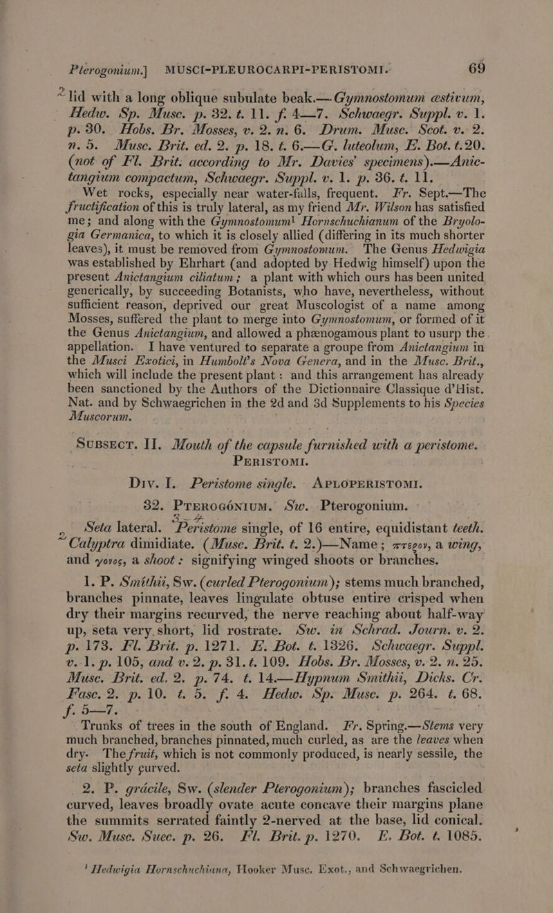 “lid with a long oblique subulate beak.—-G'ymnostomum estivum, - Hedw. Sp. Muse. p. 32. t. 11. fi 4—7. Schwaegr. Suppl. v. 1. p. 30. Hobs. Br. Mosses, v. 2.n.6. Drum. Muse. Scot. v. 2. n. 5. Muse. Brit. ed. 2. p. 18. t. 6.—G. luteolum, EF. Bot. t.20. (not of Fl. Brit: according to Mr. Davies’ specimens).—Anic- tangium compactum, Schwaegr. Suppl. v. 1. p. 36. t 11. Wet rocks, especially near water-falls, frequent. Ir. Sept.—The Jructification of this is truly lateral, as my friend MZ. Wilson has satisfied me; and along with the Gymnostomum! Hornschuchianum of the Bryolo- gia Germanica, to which it is closely allied (differing in its much shorter leaves), it must be removed from Gymnostomum. The Genus Hedwigia was established by Ehrhart (and adopted by Hedwig himself) upon the present Anictangium ciliatum; a plant with which ours has been united generically, by succeeding Botanists, who have, nevertheless, without sufficient reason, deprived our great Muscologist of a name among Mosses, suffered the plant to merge into Gymnostomum, or formed of it the Genus Anictangium, and allowed a pheenogamous plant to usurp the appellation. I have ventured to separate a groupe from Anictangium in the Musci Exotici, in Humbolt’s Nova Genera, and in the Musc. Brit., which will include the present plant : and this arrangement has already been sanctioned by the Authors of the Dictionnaire Classique d’Hist. Nat. and by Schwaegrichen in the 2d and 3d Supplements to his Species Muscorum. ’ Sussecr. II. Mouth of the capsule furnished with a peristome. PERISTOMI. | Div. I. Peristome single. APLOPERISTOMI. 32. Prerogénium. Sw. Pterogonium. » ax 7, : ; skate , Seta lateral. Peristome single, of 16 entire, equidistant teeth. ~ Calyptra dimidiate. (Muse. Brit. t. 2..\—Name ; wregov, a wing, and yoves, a shoot: signifying winged shoots or branches. 1. P. Smithii, Sw. (curled Pterogonium); stems much branched, branches pinnate, leaves lingulate obtuse entire crisped when dry their margins recurved, the nerve reaching about half-way up, seta very short, lid rostrate. Sw. in Schrad. Journ. v. 2. p. 173. Fl. Brit. p. 1271. EF. Bot. t. 13826. Schwaegr. Suppl. 0.1. p. 105, and v. 2. p. 31.¢. 109. Hobs. Br. Mosses, v. 2. n. 25. Muse. Brit. ed. 2. p. 74. t. 14.—Hypnum Smithii, Dicks. Cr. Fase. 2. p.10. t=. 5. f. 4. Hedw. Sp. Muse. p. 264. ¢. 68. . 7. . f Trunks of trees in the south of England. Fr. Spring.— Stems very much branched, branches pinnated, much curled, as are the /eaves when dry- The fruit, which is not commonly produced, is nearly sessile, the seta slightly curved. 2. P. gracile, Sw. (slender Pterogonium); branches fascicled curved, leaves broadly ovate acute concave their margins plane the summits serrated faintly 2-nerved at the base, lid conical. Sw. Muse. Suec. p. 26. Fl. Brit. p. 1270. E. Bot. t. 1085. ' Hedwigia Hornschuchiana, Hooker Muse, Exot., and Schwaegvichen,