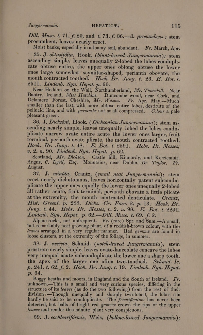 — Dili. Muse. t. 71. f. 20, and t. 73. f, 36.—8. procumbens ; stem procumbent, leaves nearly erect. Moist banks, especially in a loamy soil, abundant. Fr. March, Apr. 35. J. obtusifolia, Hook. (blunt-leaved Jungermannia); stem ascending simple, leaves unequally 2-lobed the lobes condupli- cate obtuse entire, the upper ones oblong obtuse the lower ones large somewhat scymitar-shaped, perianth obovate, the mouth contracted toothed. Hook. Br. Jung. t. 26. E. Bot. t. 2511. Lindenb. Syn. Hepat. p. 60. Near Heddon on the Wall, Northumberland, Mr. Thornhill. Near Bantry, Ireland, Miss Hutchins. Duncombe wood, near Cork, and Delamere Forest, Cheshire, Mr. Wilson. Fr. Apr. May.—Much smaller than the last, with more obtuse entire lobes, destitute of the pellucid line, and with perianths not at all compressed. Colour a pale pleasant green. 36. J. Dickséni, Hook. (Dicksonian Jungermannia); stem as- cending nearly simple, leaves unequally lobed the lobes condu- plicate narrow ovate entire acute the lower ones larger, fruit terminal, perianth ovate plicate, the mouth contracted toothed. Hook. Br. Jung. t. 48. E. Bot. t. 2591. Hobs. Br. Mosses, v. 2. 2. 90. Lindenb. Syn. Hepat. p. 62. Scotland, Mr. Dickson. Castle hill, Kinnordy, and Kerriemuir, Angus, C. Lyell, sq. Mountains, near Dublin, Dr. Taylor. Fr. August. | 37. J. minita, Crantz, (small neat Jungermannia); stem erect nearly dichotomous, leaves horizontally patent subcondu- plicate the upper ones equally the lower ones unequally 2-lobed all rather acute, fruit terminal, perianth obovate a little plicate at the extremity, the mouth contracted denticulate. Crantz, Hist. Greenl. p. 288. Dicks. Cr. Fase. 2. p. 13. Hook. Br. Jung. t. 44. Hobs. Br. Mosses, v.2. n. 98. E. Bot. t. 2231. Lindenb. Syn. Hepat. p. 62.—Dili. Muse. t. 69. f. 2. Alpine rocks, not unfrequent. Jr. (rare) Spr. and Sum.—A small, but remarkably neat growing plant, of a reddish-brown colour, with the leaves arranged in a very regular‘manner. Red gemme are found in loose clusters, at the extremity of the foliage, in summer. 38. J. exsécta, Schmid. (notch-leaved Jungermannia); stem prostrate nearly simple, leaves ovato-lanceolate concave the lobes very unequal acute subconduplicate the lower one a sharp tooth, the apex of the larger one often two-toothed. Schmid. Ic. p. 241. t. 62. f. 2. Hook. Br. Jung. t. 19. Lindenb. Syn. Hepat. . 64, ‘ Boggy heaths and moors, in England and the South of Ireland. Fr. unknown.—This is a smail and very curious species, differing in the structure of its leaves (as do the two following) from the rest of their division :—Though unequally and sharply two-lobed, the lobes can hardly be said to be conduplicate. The fructification has never. been detected, but balls of bright red gemme crown the tips of the upper leaves and render this minute plant very conspicuous. 39. J. cochleariformis, Weis, (hollow-leaved Jungermannia);