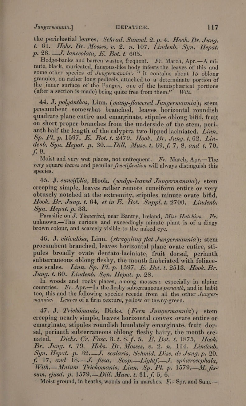 the perichetial leaves. Schrad. Sammi. 2. p.4. Hook. Br. Jung. t. Gi. Hobs. Br. Mosses, v. 2. n. 107. Lindenb. Syn. Hepat. p- 26. —J. lanceolata, F. Bot. t. 605. Hedge-banks and barren wastes, frequent. Fr. March, Apr.—A mi- nute, black, muricated, fungous-like body infests the leaves of this and some other species of Jungermannia: “ It contains about 15 oblong granules, on rather long pedicels, attached to a determinate portion of the inner surface of the Fungus, one of the hemispherical portions (after a section is made) being quite free from them.” Wiis. 44. J. polydnthos, Linn. (many-flowered Jungermannia); stem procumbent somewhat branched, leaves horizontal roundish quadrate plane entire and emarginate, stipules oblong bifid, fruit on short proper branches from the underside of the stem, peri- anth half the length of the calyptra two-lipped laciniated. Linn. Sp. Pl. p. 1597, E. Bot. t. 2479. Hook. Br. Jung. t.62. Lin- denb. Syn. Hepat. p. 30.—Dill. Muse. t. 69. f. 7, 8, and t. 70. Moist and very wet places, not unfrequent. Fr. March, Apr.—The very square /eaves and peculiar fructification will always distinguish this species. 45. J. cuneifolia, Hook. (wedge-leaved Jungermannia); stem creeping simple, leaves rather remote cuneiform entire or very obtusely notched at the extremity, stipules minute ovate bifid. Hook. Br. Jung. t. 64, et in BE. Bot. Suppl. t. 2700. Lindenb. Syn. Hepat. p. 33. Parasitic on J. Tamarisci, near Bantry, Ireland, Miss Hutchins. Fr. unknown.—This curious and exceedingly minute plant is of a dingy brown colour, and scarcely visible to the naked eye. 46. J. viticuldsa, Linn. (straggling flat Jungermannia); stem procumbent branched, leaves horizontal plane ovate entire, sti- pules broadly ovate dentato-laciniate, fruit dorsal, perianth subterraneous oblong fleshy, the mouth fimbriated with foliace- ous scales. Linn. Sp. Pl. p. 1597. EH. Bot. t. 2513. Hook. Br. Jung. t. 60. Lindenb. Syn. Hepat. p. 28. In woods and rocky places, among mosses; especially in alpine countries. Hr. Apr.—In the fleshy subterraneous perianth, and in habit too, this and the following species recede from all the other Junger- mannie. Leaves of a firm texture, yellow or tawny-green. 47. J. Trichémanis, Dicks. (Fern Jungermannia) ; stem creeping nearly simple, leaves horizontal convex ovate entire or emarginate, stipules roundish lunulately emarginate, fruit dor- sal, perianth subterraneous oblong fleshy hairy, the mouth cre- nated. Dicks. Cr. Fasc. 3. t. 8. f. 5. H. Bot. t. 1875. Hook. Br, Jung. t. 79. Hobs. Br. Mosses, v. 2. n. 114. Lindenb. Syn. Hepat. p. 32.—J. scalaris, Schmid. Diss. de Jung. p. 20. f. 17, and 18—J. fissa, Scop—Lightfi— J. spherocephala, With— Mnium Trichomanis, Linn. Sp. Pl. p. 1579.—M. fis- sum, gusd. p. 1579.— Dill. Muse. t. 31. f. 5, 6. Moist ground, in heaths, woods and in marshes. Jr. Spr. and Sum.—