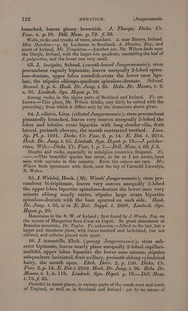 branched, leaves glossy brownish. J. Thurga, Dicks. Cr. Fase. 4. p.19. Dill. Muse. p. 72. f. 33. Walls, rocks and trunks of trees, abundant. £. near Bantry, Ireland. Miss Hutchins-—y. by Lochness in Scotland, A. Menzies, Esq., and north of Ireland, Mr. Templeton.—Another var. Mr. Wilson-finds near the Dargle, Ireland, with the larger Jobe quadrate, resembling the leaf of J. polyanthos, and the lesser one very small. 63. J. levigdta, Schrad. (smooth-leaved Jungermannia); stem procumbent vaguely bipinnate, leaves unequally 2-lobed spinu- loso-dentate, upper lobes roundish-ovate the lower ones ligu- late, the stipules oblongo-quadrate spinuloso-dentate. Schrad. Samml, 2. p. 6. Hook. Br. Jung. t. 35. Hobs. Br. Mosses, v. 2. n. 96.° Lindenb. Syn. Hepat. p. 18. Among rocks, in the alpine parts of Scotland and Ireland. /'r, un- known.—This plant, Mr. Wilson thinks, may fairly be united with the preceding ; from which it differs only by the characters above given. 64. J. cilidris, Linn, (ciliated Jungermannia); stem procumbent pinnatedly branched, leaves very convex unequally 2-lobed the lobes and lobules ovate bipartite with long slender cilia, fruit lateral, perianth obovate, the mouth contracted toothed. Linn. Sp. Pl. p. 1601. Dicks. Cr. Fase. 2. p. 14. #. Bot. t. 2214. Hook. Br. Jung. t. 65. Lindenb. Syn. Hepat. p. 19.—J. pulcher- rima, Web— Dicks. Cr. Fase. 1. p. 7.—Dill. Muse. t. 69. f. 3. Heaths and rocks, especially in subalpine countries, frequent. J’r. .—This beautiful species has never, so far as I am aware, been seen with capsules in this country. Even the calyces are rare. Mr. Wilson finds specimens with them, near the top of Carnedd Llewelyn, N. Wales. 65. J. Woddsit, Hook. (Mr. Woods’ Jungermannia); stem pro- cumbent bi-tripinnate, leaves very convex unequally 2-lobed the upper lobes bipartite spinuloso-dentate the lower ones very minute obiong nearly entire, stipules large ovate bipartite spinuloso-dentate with the base spurred on each side. Hook. Br. Jung. t. 66, et in BE. Bot. Suppl. t. 2668. Lindenb. Syn. Hepat. p. 29. Mountains in the S. W. of Ireland; first found by J. Woods, Esq. on the ascent of Mangerton from Cwm na Capel. In great abundance at Brandon mountain, Dr. Taylor. Fr. unknown.—Allied to the last, but a larger and slenderer plant, with /eaves toothed and laciniated, but not ciliated, and cellules placed wide apart. 66. J. tomentélla, Khrh. (spongy Jungermannia); stem sub- erect bipinnate, leaves nearly plane unequally 2-lobed capillari- multifid, upper lobes bipartite the lower ones minute, stipules subquadrate laciniated, fruit axillary, perianth oblong cylindrical hairy, the mouth open. Lhrh. Beitr. 2. p. 150. Dicks. Cr. Fase. 2. p. 14. H. Bot. t. 2242. Hook. Br. Jung. t. 36. Hobs. Br. Mosses, v. 1. n. 118. Lindenb. Syn. Hepat. p. 19.—Dill. Muse. t. 73. f. 35. Plentiful in moist places, in various parts of the south-west and north of England, as well as in Scotland and Ireland: yet by no means of