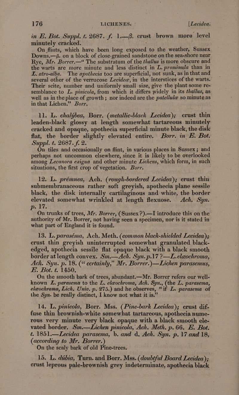 in E. Bot. Suppl. t. 2687. f. 1.—. crust brown more level minutely cracked. _ On flints, which have been long exposed to the weather, Sussex Downs.—8. on a block of close-grained sandstone on the sea-shore near Rye, Mr. Borrer.—* The substratum of the ¢hallus is more obscure and the warts are more minute and less distinct in ZL. prominula than in L. atro-alba. The apothecia too are superficial, not sunk, as in that and several other of the verrucose Lecidee@, in the interstices of the warts. Their scite, number and uniformly small size, give the plant some re- semblance to L. pinicola, from which it differs widely in its thallus, as well as in the place of growth; nor indeed are the patellule so minuteas in that Lichen.” Borr, 11. L. chaljbea, Borr. (metallic-black Lecidea); crust thin leaden-black glossy at length somewhat tartareous minutely cracked and opaque, apothecia superficial minute black, the disk flat, the border slightly elevated entire. Borr. in H. Bot. Suppl. t. 2687. f. 2. On tiles and occasionally on flint, in various places in Sussex; and perhaps not uncommon elsewhere, since it is likely to be overlooked among Lecanora exigua and other minute Lichens, which form, in such situations, the first crop of vegetation. Borr. 12. L. prémnea, Ach. (rough-bordered Lecidea); crust thin: submembranaceous rather soft greyish, apothecia plane sessile black, the disk internally cartilaginous and white, the border elevated somewhat wrinkled at length flexuose. Ach. Syn. rage 1 sf On trunks of trees, Mr. Borrer, (Sussex ?).—I introduce this on the authority of Mr. Borrer, not having seen a specimen, nor is it stated in what part of England it is found. 13. L. paraséma, Ach. Meth. (common black-shielded Lecidea); crust thin greyish uninterrupted somewhat granulated black- edged, apothecia sessile flat opaque black with a black smooth border at length convex. Sm.—Ach. Syn. p.17 ?—L.eleochroma, Ach. Syn. p. 18. (“ certainly,” Mr. Borrer.)—Lichen parasemus, Ei. Bot, t. 1450. On the smooth bark of trees, abundant.—Mr. Borrer refers our well- known ZL. parasema to the L. eleochroma, Ach. Syn., (the L. parasema, eleochroma, Lich, Univ. p. 275.) and he observes, “if LZ. parasema of the Syn. be really distinct, 1 know not what it is.” 14. L. pinicola, Borr. Mss. (Pine-bark Lecidea); crust dif- fuse thin brownish-white somewhat tartareous, apothecia nume- rous very minute very black opaque with a black smooth ele- vated border. Sm.—Lichen pinicola, Ach. Meth. p. 66. E. Bot. t. 1851.—Lecidea parasema, b. and d, Ach. Syn. p. 17 and 18, (according to Mr. Borrer.) On the scaly bark of old Pine-trees. 15. L. diébia, Turn. and Borr, Mss. (doubtful Board Lecidea); crust leprous pale-brownish grey indeterminate, apothecia black