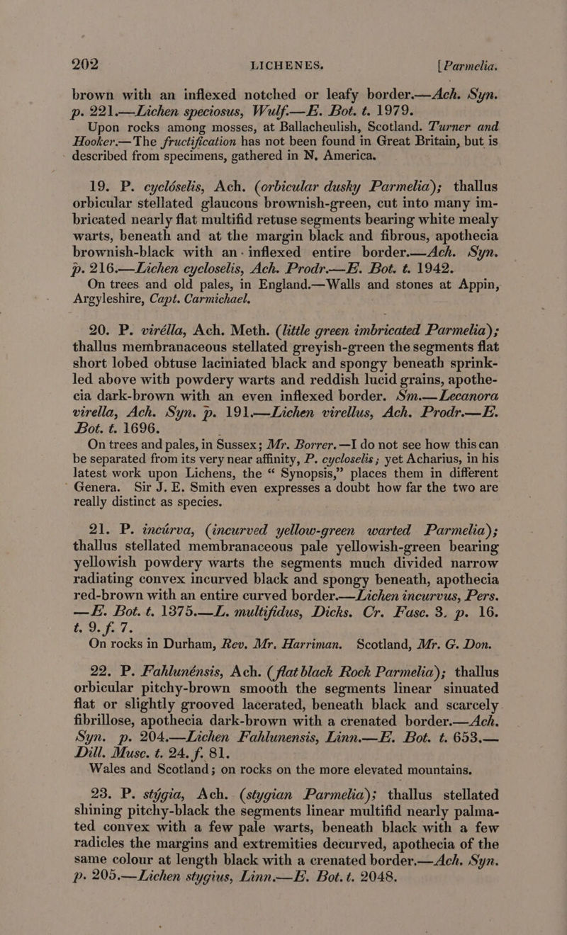 brown with an inflexed notched or leafy border.—Ach. Syn. p. 221.—Lichen speciosus, Wulf-—. Bot. t. 1979. Upon rocks among mosses, at Ballacheulish, Scotland. Turner and Hooker.— The fructification has not been found in Great Britain, but is - described from specimens, gathered in N, America. 19. P. cycldselis, Ach. (orbicular dusky Parmelia); thallus orbicular stellated glaucous brownish-green, cut into many im- bricated nearly flat multifid retuse segments bearing white mealy warts, beneath and at the margin black and fibrous, apothecia brownish-black with an-inflexed entire border.—Ach. Syn. p. 216.—Lichen cycloselis, Ach. Prodr—E. Bot. t. 1942. On trees and old pales, in England.—Walls and stones at Appin, Argyleshire, Capt. Carmichael. : 20. P. virélla, Ach. Meth. (little green imbricated Parmelia); thallus membranaceous stellated greyish-green the segments flat short lobed obtuse laciniated black and spongy beneath sprink- led above with powdery warts and reddish lucid grains, apothe- cia dark-brown with an even inflexed border. Sm.— Lecanora virella, Ach. Syn. p. 191.—Lichen virellus, Ach. Prodr.—E. Bot. t. 1696. ; On trees and pales, in Sussex; Mr. Borrer.—I do not see how this can be separated from its very near affinity, P. cycloselis ; yet Acharius, in his latest work upon Lichens, the “ Synopsis,” places them in different ~ Genera. Sir J. E. Smith even expresses a doubt how far the two are really distinct as species. . 21. P. incuirva, (incurved yellow-green warted Parmelia); thallus stellated membranaceous pale yellowish-green bearing yellowish powdery warts the segments much divided narrow radiating convex incurved black and spongy beneath, apothecia red-brown with an entire curved border.—Lichen incurvus, Pers. —AH. Bot. t. 13875.—L. multifidus, Dicks. Cr. Fase. 3. p. 16. te de fx’? « Rl ve in Durham, Rev. Mr. Harriman. Scotland, Mr. G. Don. 22. P. Fahlunénsis, Ach. (flat black Rock Parmelia); thallus orbicular pitchy-brown smooth the segments linear sinuated flat or slightly grooved lacerated, beneath black and scarcely. fibrillose, apothecia dark-brown with a crenated border.—Ach. Syn. p. 204.—Lichen Fahlunensis, Linn.—E. Bot. t. 653,— Dill. Muse. t. 24. f. 81. Wales and Scotland; on rocks on the more elevated mountains. 23. P. stygia, Ach. (stygian Parmelia); thallus stellated shining pitchy-black the segments linear multifid nearly palma- ted convex with a few pale warts, beneath black with a few radicles the margins and extremities decurved, apothecia of the same colour at length black with a crenated border.—Ach. Syn. p. 205.—Lichen stygius, Linn.—H. Bot. t. 2048.