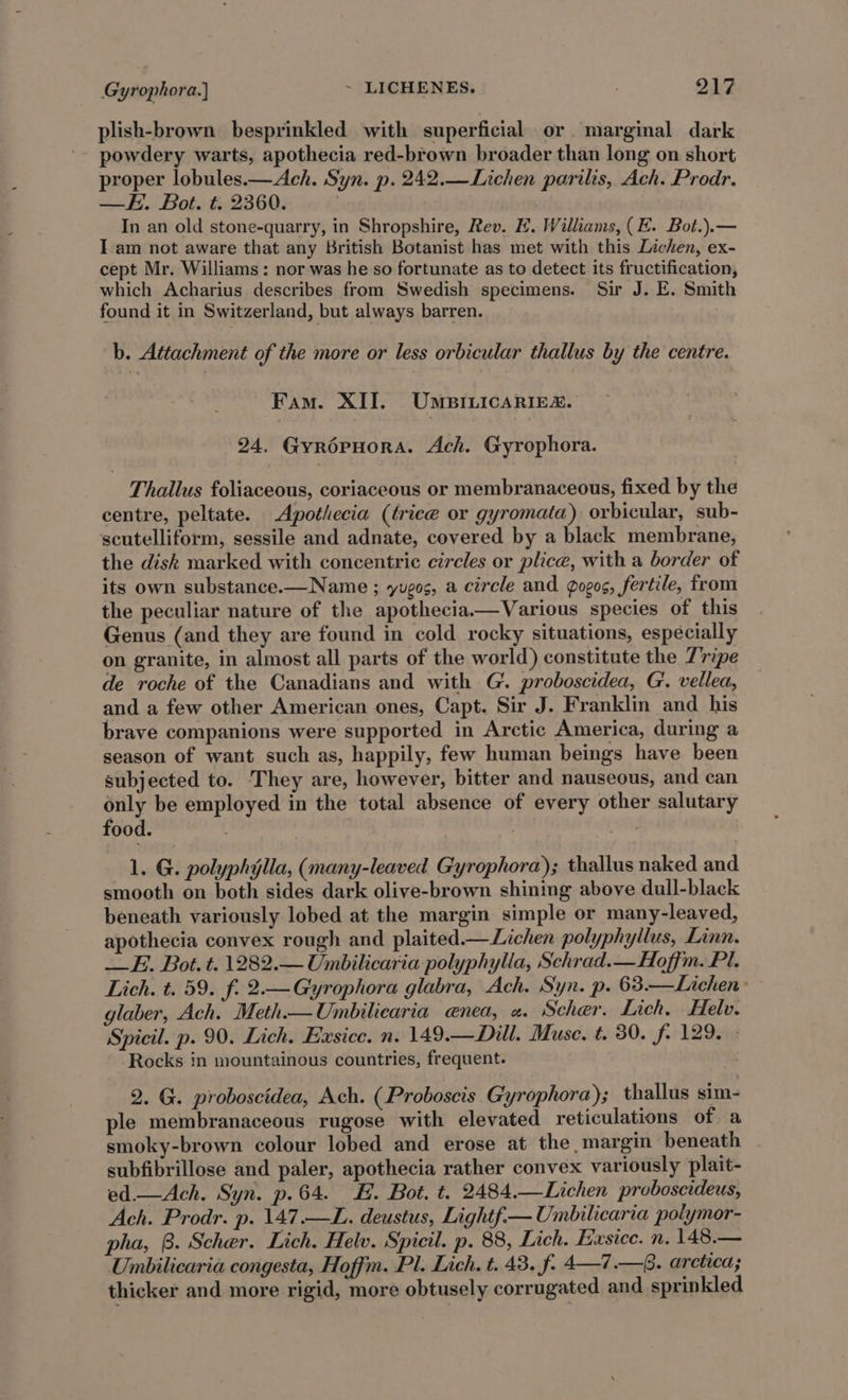 plish-brown besprinkled with superficial or marginal dark powdery warts, apothecia red-brown broader than long on short proper lobules.—Ach. Syn. p. 242.—Lichen parilis, Ach. Prodr. —H. Bot. t. 2360. In an old stone-quarry, in Shropshire, Rev. HL. Williams, (E. Bot.).— I am not aware that any British Botanist has met with this Lichen, ex- cept Mr. Williams: nor was he so fortunate as to detect its fructification, which Acharius describes from Swedish specimens. Sir J. E. Smith found it in Switzerland, but always barren. b. Attachment of the more or less orbicular thallus by the centre. Fam. XII. UMBILICARIES. 24. GyrépHora. Ach. Gyrophora. Thallus foliaceous, coriaceous or membranaceous, fixed by the centre, peltate. Apothecia (trice or gyromata) orbicular, sub- scutelliform, sessile and adnate, covered by a black membrane, the disk marked with concentric circles or plice, with a border of its own substance.—Name ; yugos, a circle and gogos, fertile, from the peculiar nature of the apothecia.—Various species of this Genus (and they are found in cold rocky situations, especially on granite, in almost all parts of the world) constitute the 7’ripe de roche of the Canadians and with G‘. proboscidea, G, vellea, and a few other American ones, Capt. Sir J. Franklin and his brave companions were supported in Arctic America, during a season of want such as, happily, few human beings have been subjected to. They are, however, bitter and nauseous, and can only be employed in the total absence of every other salutary food. . | : 1. G. polyphylla, (many-leaved Gyrophora); thallus naked and smooth on both sides dark olive-brown shining above dull-black beneath variously lobed at the margin simple or many-leaved, apothecia convex rough and plaited.— Lichen polyphyllus, Linn. —E. Bot. t. 1282.— Umbilicaria polyphylla, Schrad.— Hoffm. Pl. Lich. t. 59. f. 2—Gyrophora glabra, Ach. Syn. p. 63.—Lichen: glaber, Ach. Meth—Umbilicaria e@nea, a. Scher. Lich. Helv. Spicil. p. 90. Lich. Exsicc. n. 149.—Dill. Muse. t. 30. f- 129. Rocks in mountainous countries, frequent. 2. G. proboscidea, Ach. (Proboscis Gyrophora); thallus sim- ple membranaceous rugose with elevated reticulations of a smoky-brown colour lobed and erose at the margin beneath subfibrillose and paler, apothecia rather convex variously plait- ed.—Ach. Syn. p.64. E. Bot. t. 2484.—Lichen probosecideus, Ach. Prodr. p. 147.—L. deustus, Lightf— Umbilicaria polymor- pha, 8. Scher. Lich. Helv. Spicil. p. 88, Lich. Exsice. n. 148.— Umbilicaria congesta, Hoffm. Pl. Lich. t. 43. f. 4—7.—8. arctica; thicker and more rigid, more obtusely corrugated and sprinkled