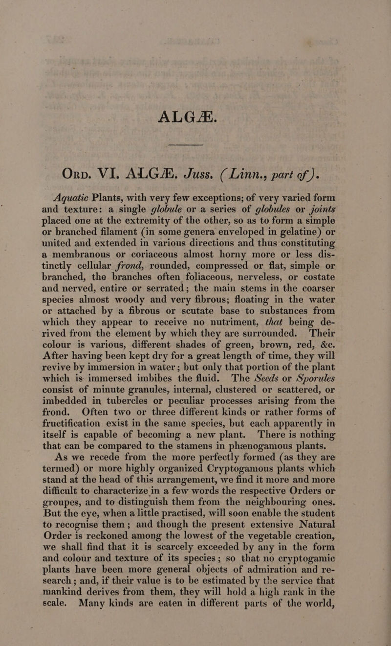 ALG. Orv. VI. ALG. Juss. (Linn., part of). Aquatic Plants, with very few exceptions; of very varied form and texture: a single globule or a series of globules or joints placed one at the extremity of the other, so as to form a simple or branched filament (in some genera enveloped in gelatine) or united and extended in various directions and thus constituting a membranous or coriaceous almost horny more or less dis- tinctly cellular frond, rounded, compressed or flat, simple or branched, the branches often foliaceous, nerveless, or costate and nerved, entire or serrated; the main stems in the coarser species almost woody and very fibrous; floating in the water or attached by a fibrous or scutate base to substances from which they appear to receive no nutriment, that being de- rived from the element by which they are surrounded. Their colour is various, different shades of green, brown, red, &amp;c. After having been kept dry for a great length of time, they will revive by immersion in water ; but only that portion of the plant which is immersed imbibes the fluid. The Seeds or Sporules consist of minute granules, internal, clustered or scattered, or imbedded in tubercles or peculiar processes arising from the frond. Often two or three different kinds or rather forms of fructification exist in the same species, but each apparently in itself is capable of becoming a new plant. There is nothing that can be compared to the stamens in pheenogamous plants. As we recede from the more perfectly formed (as they are termed) or more highly organized Cryptogamous plants which stand at the head of this arrangement, we find it more and more difficult to characterize in a few words the respective Orders or groupes, and to distinguish them from the neighbouring ones. But the eye, when a little practised, will soon enable the student to recognise them; and though the present extensive Natural Order is reckoned among the lowest of the vegetable creation, we shall find that it is scarcely exceeded by any in the form and colour and texture of its species; so that no cryptogamic plants have been more general objects of admiration and re- search ; and, if their value is to be estimated by the service that mankind derives from them, they will hold a high rank in the scale. Many kinds are eaten in different parts of the world,