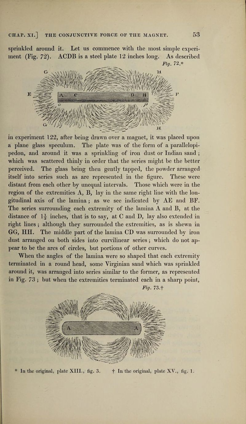 Sprinkled around it. Let us commence with the most simple experi¬ ment (Fig. 72). ACDB is a steel plate 12 inches long. As described Fig. 72.* in experiment 122, after being drawn over a magnet, it was placed upon a plane glass speculum. The plate was of the form of a parallelopi- pedon, and around it was a sprinkling of iron dust or Indian sand ; which was scattered thinly in order that the series might be the better perceived. The glass being then gently tapped, the powder arranged itself into series such as are represented in the figure. These were distant from each other by unequal intervals. Those which were in the region of the extremities A, B, lay in the same right line with the lon¬ gitudinal axis of the lamina ; as we see indicated by AE and BF. The series surrounding each extremity of the lamina A and B, at the distance of 1^ inches, that is to say, at C and D, lay also extended in right lines ; although they surrounded the extremities, as is shewn in GG, HH. The middle part of the lamina CD was surrounded by iron dust arranged on both sides into curvilinear series; which do not ap¬ pear to be the arcs of circles, but portions of other curves. When the angles of the lamina were so shaped that each extremity terminated in a round head, some Virginian sand which was sprinkled around it, was arranged into series similar to the former, as represented in Fig. 73 ; but when the extremities terminated each in a sharp point. Fig. 73.t
