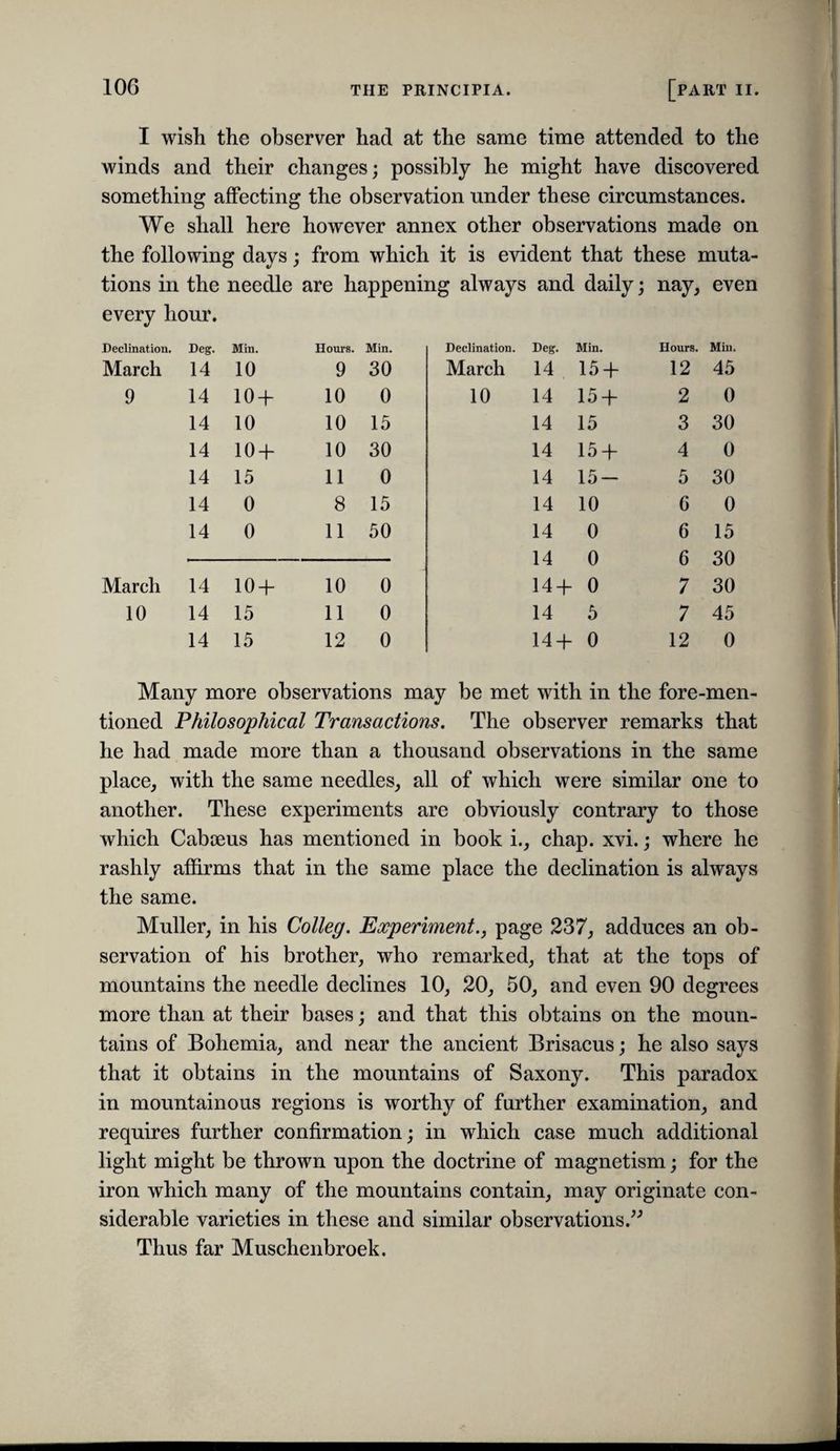 I wish the observer had at the same time attended to the winds and their changes; possibly he might have discovered something affecting the observation under these circumstances. We shall here however annex other observations made on the following days; from which it is evident that these muta¬ tions in the needle are happening always and daily; nay, even every hour. Declination. Deg. Min. Hours. Min. Declination. Deg. Min. Hours. Min. March 14 10 9 30 March 14 15 + 12 45 9 14 10+ 10 0 10 14 15 + 2 0 14 10 10 15 14 15 3 30 14 10 + 10 30 14 15 + 4 0 14 15 11 0 14 15- 5 30 14 0 8 15 14 10 6 0 14 0 11 50 14 0 6 15 14 0 6 30 March 14 10+ 10 0 14 + 0 7 30 10 14 15 11 0 14 5 7 45 14 15 12 0 14 + 0 12 0 Many more observations may be met with in the fore-men¬ tioned Philosophical Transactions. The observer remarks that he had made more than a thousand observations in the same place, with the same needles, all of which were similar one to another. These experiments are obviously contrary to those which CabiEus has mentioned in book i., chap. xvi.; where he rashly affirms that in the same place the declination is always the same. Muller, in his Colleg. Experiment., page 237, adduces an ob¬ servation of his brother, who remarked, that at the tops of mountains the needle declines 10, 20, 50, and even 90 degrees more than at their bases; and that this obtains on the moun¬ tains of Bohemia, and near the ancient Brisaeus; he also says that it obtains in the mountains of Saxony. This paradox in mountainous regions is worthy of further examination, and requires further confirmation; in which case much additional light might be thrown upon the doctrine of magnetism; for the iron which many of the mountains contain, may originate con¬ siderable varieties in these and similar observations.^^ Thus far Muschenbroek.
