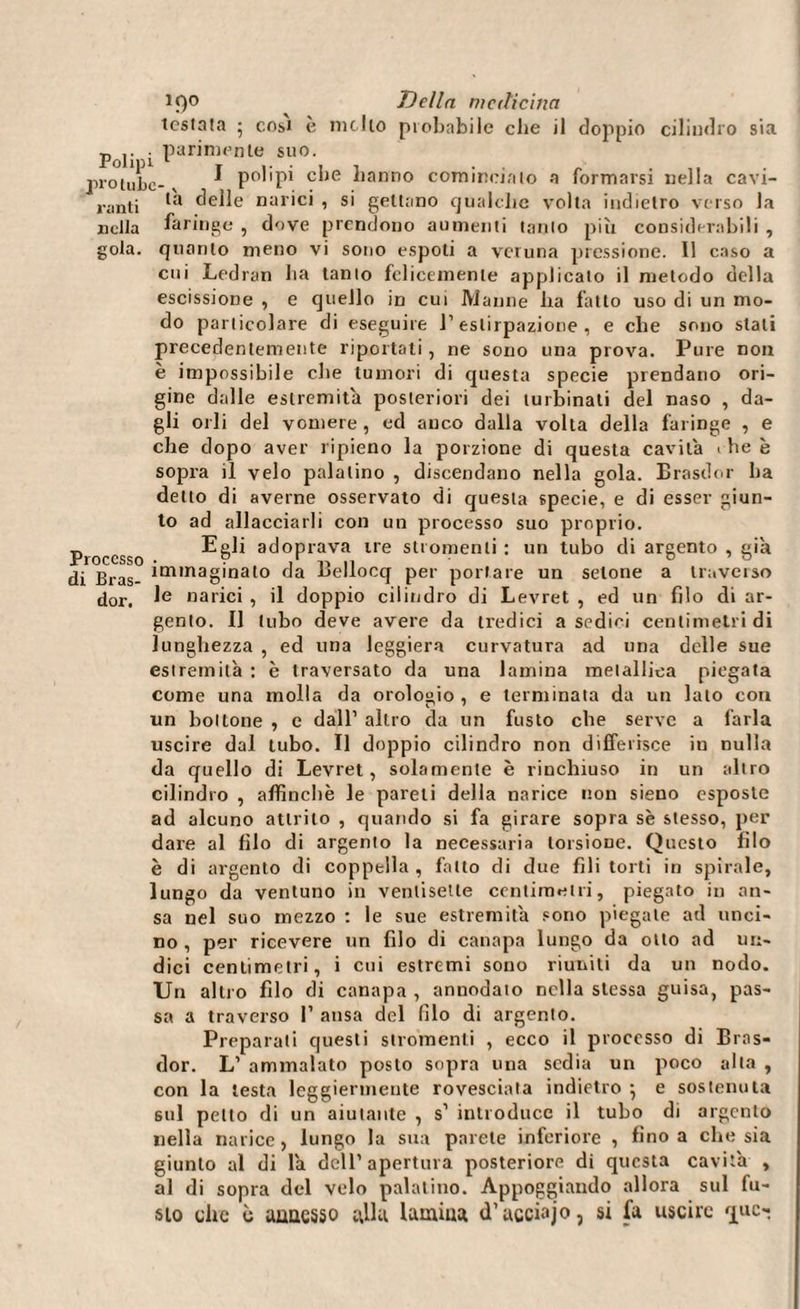 testata 5 cosi è niello probabile che il doppio cilindro sia .parimente suo. proiube- „ ^ polipi che hanno comincialo a formarsi nella cavi- canti ,a delle narici , si gettano qualche volta indietro verso la nella faringe , dove prendono aumenti tanto più considerabili , gola, quanto meno vi sono espoti a veruna pressione. Il caso a cui Ledran ha tanto felicemente applicato il metodo della escissione , e quello in cui Manne ha fatto uso di un mo¬ do particolare di eseguire l’estirpazione, e che sono stali precedentemente riportati, ne sono una prova. Pure non è impossibile che tumori di questa specie prendano ori¬ gine dalle estremità posteriori dei turbinati del naso , da¬ gli orli del vomere , ed anco dalla volta della faringe , e che dopo aver ripieno la porzione di questa cavila ohe è sopra il velo palatino , discendano nella gola. Brasdor ha detto di averne osservato di questa specie, e di esser giun¬ to ad allacciarli con un processo suo proprio. Processo Egli adoprava tre stromenti : un tubo di argento , già di Bras- im,naginalo da Bellocq per portare un selone a traverso dor. Ie narici , il doppio cilindro di Levret , ed un filo di ar¬ gento. Il tubo deve avere da tredici a sedici centimetri di lunghezza , ed una leggiera curvatura ad una delle sue estremità : è traversato da una lamina metallica piegata come una molla da orologio, e terminata da un lato con un bottone , e dall’ altro da un fusto che serve a farla uscire dal tubo. Il doppio cilindro non differisce in nulla da quello di Levret, solamente è rinchiuso in un altro cilindro , affinchè le pareti della narice non sieno esposte ad alcuno attrito , quando si fa girare sopra sè stesso, per dare al filo di argento la necessaria torsione. Questo filo è di argento di coppella , fallo di due fili torti in spirale, lungo da ventuno in ventisene centimetri, piegato in an¬ sa nel suo mezzo : le sue estremità sono piegale ad unci¬ no, per ricevere un filo di canapa lungo da otto ad un¬ dici centimetri, i cui estremi sono riuniti da un nodo. Un altro filo di canapa , annodato nella stessa guisa, pas¬ sa a traverso 1’ ansa del filo di argento. Preparati questi stromenti , ecco il processo di Bras¬ dor. L’ ammalato posto sopra una sedia un poco alta , con la lesta leggiermente rovesciata indietro ; e sostenuta sul petto di un aiutante , s’ introduce il tubo di argento nella narice, lungo la sua parete inferiore , fino a che sia giunto al di là dell’apertura posteriore di questa cavità , al di sopra del velo palatino. Appoggiando allora sul fu¬ sto clic ò annesso alla lamina d’acciajo, si fa uscire que-