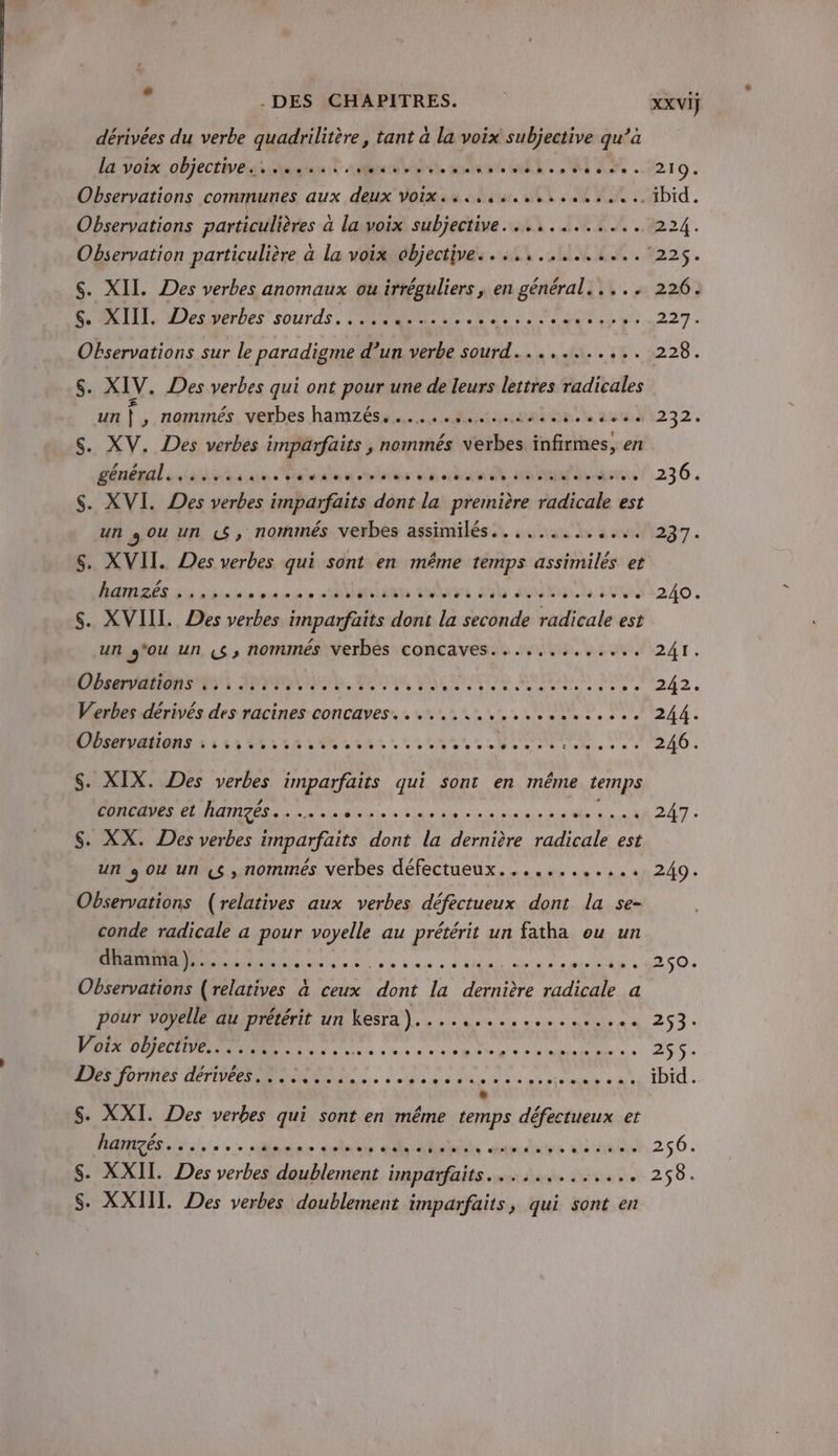 . DES CHAPITRES. XXVI} dérivées du verbe quadrilitère, tant à la voix subjective qu’à la voix objectives. uarers à sets mutants lee e 4 0219. Observations communes aux deux voix... 44... 1bid. Observations particulières à la voix subjective. ..,........ 224. Observation particulière à la voix ébjective....,.........225. S. XII. Des verbes anomaux ou irréguliers , en général. .... 226. MnTIIe Desperbes sourds, VIA ANS NS, p.227. Observations sur le paradigme Gunverte sourd. «fl. 1h. 1220. S. XIV. Des verbes qui ont pour une de leurs lettres radicales un | ,.nommés. verbes hamzése.…....fiunamiautt auudl232. $. XV. Des verbes imparfaits , nommés verbes infirmes, en déuéaal ave héie die relie ae ho ne tal ane 23 6 . S. XVI. Des verbes imparfaits dont la première radicale est un jou un «S, nommés verbes assimilés............. 237. S. XVII. Des verbes qui sont en même temps assimilés et RES Su nbia it eue die A Us alain 2h afun.h 204240. $. XVIIL. Des verbes imparfaits dont la seconde radicale est un jou un (s, nominés Verbes concaves....,........ 241. CIRE MMM, PU TEU, QAR HOT A ROUE 242. Werbes dérivés des racines concaves.. . 1,1... 0. 244. DAMON LAS EUR ANR LA LL uen UNE AU 246. S. XIX. Des verbes imparfaits qui sont en même temps A ue à de pere a xafe à AAA 247. S. XX. Des verbes imparfaits dont la dernière radicale est un jou un çs , nommés verbes défectueux............ 249. Observations (relatives aux verbes défectueux dont la se- conde radicale a pour voyelle au prétérit un fatha ou un nu. ou La 4n&lt;co. Observations (relatives à ceux dont la dernière radicale a pour voyellé au prétérit un kesra)................... 253. Nu aa er ea eu Re. 29.6. PUS TR Là OR le à 22 0e ue sat ibid. L S. XXI. Des verbes qui sont en même temps défectueux et PR... dates de CR A am dise minuit 2 56. S. XXII. Des verbes doublement imparfaits............. 258. $. XXII. Des verbes doublement imparfaits, qui sont en